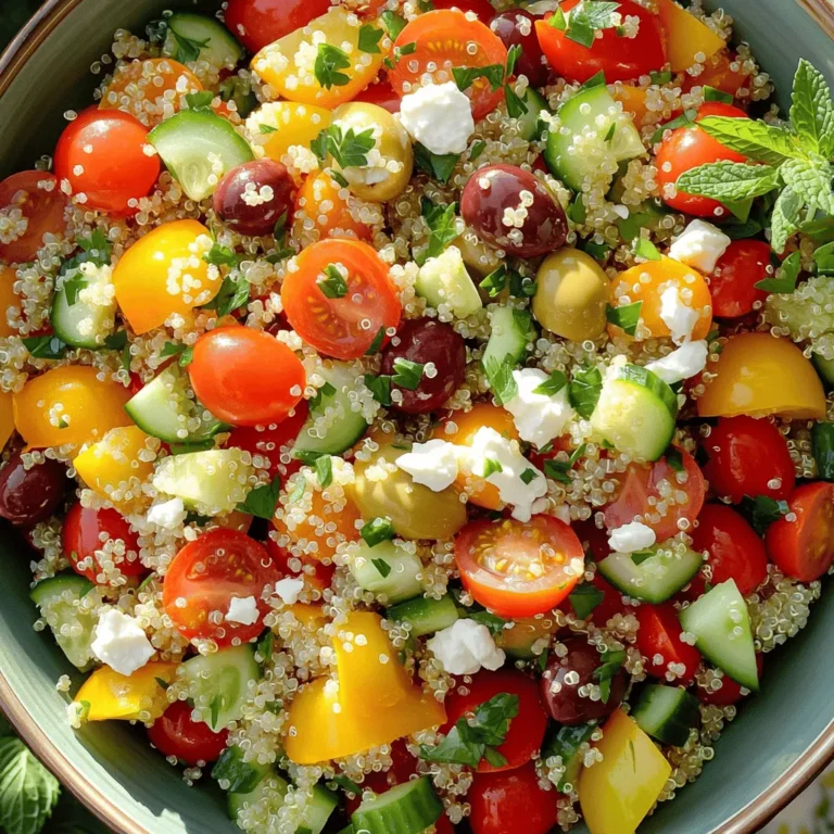 - Quinoa: This tiny seed packs a big punch. It's rich in protein and fiber. Quinoa is gluten-free and works well in salads. - Fresh Vegetables: Use bright cherry tomatoes, crisp cucumbers, and sweet bell peppers. These add color and crunch. Red onion brings a nice bite to the mix. Kalamata olives add a briny flavor, making the salad even tastier. - Herbs: Fresh parsley and mint are key. They add a burst of flavor. These herbs brighten up the dish and give it a fresh taste. - Olive Oil: A must-have for any salad. It adds richness and helps blend the flavors. Use a high-quality extra virgin olive oil for the best taste. - Lemon Juice: This adds acidity and brightness. Fresh lemon juice balances the flavors and makes the salad refreshing. - Seasoning: Don’t forget salt and pepper! They enhance the taste of all the ingredients. Adjust to your liking for the best flavor. For the full recipe, check out the Mediterranean Quinoa Salad 🥗. To start, rinse the quinoa in cold water. This step removes the bitter coating called saponin. Use a fine-mesh sieve to make this easy. Next, add 1 cup of rinsed quinoa and 2 cups of vegetable broth or water to a medium pot. Bring the pot to a boil over high heat. Once it boils, reduce the heat to low. Cover the pot and let it simmer for about 15 minutes. The quinoa will absorb all the liquid. After 15 minutes, take the pot off the heat and let it sit covered for 5 more minutes. Now, fluff the quinoa with a fork. This helps separate the grains. Spread it out on a plate to cool. While the quinoa cools, it’s time to chop your veggies. Use a sharp knife for safety and ease. Start by halving the cherry tomatoes. Then, dice the cucumber and bell pepper into small pieces. Next, finely chop the red onion. Finally, halve the Kalamata olives. In a large mixing bowl, add all the chopped vegetables. This bowl will hold the quinoa later, so make sure it’s big enough. In a small bowl, whisk together the dressing. Combine 2 tablespoons of olive oil, 2 tablespoons of lemon juice, and a pinch of salt and pepper. Whisk until it’s well mixed. Now, add the cooled quinoa to the bowl with the veggies. Toss gently to mix everything. Then, pour the dressing over the top. Toss again to coat all the ingredients evenly. If you want, sprinkle crumbled feta cheese, fresh parsley, and mint into the salad. Toss once more, and it's ready to serve. For the full recipe, check out the instructions above. Enjoy! To make a great quinoa salad, focus on two key parts: texture and flavor. - Achieving the right texture Start by rinsing the quinoa well. This removes the bitter coating called saponin. Use a ratio of 1 cup quinoa to 2 cups broth or water. Cook it until all the liquid absorbs. After cooking, let it rest for 5 minutes. Fluff it with a fork to keep it light and airy, not mushy. - Balancing flavors with herbs and spices Fresh herbs bring life to the salad. I love using parsley and mint. They add bright notes. A splash of lemon juice brightens the dish. Salt and pepper enhance the overall taste. Adjust these to your liking for a personal touch. Presentation matters. A well-presented dish makes the meal more inviting. - Presentation ideas Serve the salad in a big bowl. Top it with extra feta and mint leaves. This adds color and a fresh look. You can also layer it in clear cups for a fun twist. - Pairing with proteins for a complete meal To make the salad a full meal, add protein. Grilled chicken, shrimp, or chickpeas work well. These options complement the flavors and make the dish filling. Pairing it with a protein makes it a perfect main course. For more details on preparing this tasty dish, check the Full Recipe. {{image_2}} You can easily make this salad vegan. To do this, skip the feta cheese. Instead, you can use avocado for a creamy touch. It adds healthy fats and a nice flavor. Another option is to add nutritional yeast for a cheesy taste without dairy. For protein, consider chickpeas or black beans. They boost the protein level and make the dish more filling. Just rinse and drain them before adding. You can also add roasted tofu. It brings a chewy texture that complements the salad well. You can swap in seasonal veggies to keep things fresh. In summer, use zucchini or bell peppers for crunch. In winter, consider roasted sweet potatoes or beets for warmth. They add color and flavor. Try different dressings to keep it interesting. A balsamic vinaigrette can add sweetness. A tahini dressing gives a creamy texture and nutty flavor. You can also use a spicy harissa dressing for a kick. This keeps your Mediterranean quinoa salad exciting and new every time. For the full recipe, check out the [Full Recipe]. To keep your Mediterranean quinoa salad fresh, store it in an airtight container. Make sure it cools to room temperature before sealing. This helps prevent moisture buildup. Place the container in the fridge. Your salad will stay fresh for about three to five days. If you want to keep the flavors bright and tasty, store the dressing separately. Add it just before serving. This keeps the veggies crisp and prevents sogginess. Can you reheat quinoa salad? Yes, but it’s best served cold. If you prefer it warm, gently heat it in a pan. Add a splash of water or olive oil for moisture. Stir until heated through, but don’t cook it too long. For leftovers, enjoy the salad as a quick snack or lunch. You can also add it to wraps or bowls. Mixing it with grilled chicken or shrimp makes a great meal. Try adding a bit more lemon juice to brighten the flavors again. A Mediterranean quinoa salad is a fresh dish that mixes quinoa with veggies and herbs. This salad comes from the Mediterranean region, known for its vibrant flavors and healthy ingredients. It is colorful, tasty, and packed with nutrients. The main ingredients include cherry tomatoes, cucumbers, bell peppers, olives, and feta cheese. This salad is perfect for lunch, dinner, or a side dish. To enhance the flavor of your quinoa salad, start by using vegetable broth instead of water. This small change adds depth to the quinoa. Add fresh herbs like parsley and mint to bring a burst of freshness. Try different spices like cumin or paprika for a unique twist. A splash of red wine vinegar can brighten the salad too. Lastly, don’t forget to taste as you go. Adjust the salt and pepper to your liking. Yes, you can make this salad ahead of time. To prep, cook the quinoa and chop the vegetables. Store them separately in the fridge until ready to serve. You can mix everything together just before serving. This way, the veggies stay crisp, and the flavors stay fresh. The salad will last up to three days in the fridge, but it tastes best within the first two days. This salad pairs well with many dishes. For protein, try grilled chicken, fish, or chickpeas. A side of hummus or tzatziki adds creaminess. If you want more crunch, serve it with pita chips or fresh bread. This salad can also complement a light soup or a roasted vegetable platter. It’s a versatile dish that can fit any meal! In this blog post, we explored the essentials of a Mediterranean quinoa salad. We covered the main ingredients, including quinoa, fresh vegetables, and herbs. You learned how to cook quinoa, prep veggies, and combine everything for a tasty dish. Offering tips for perfecting flavors and presenting your salad enhanced the appeal. Lastly, we discussed storage and variations, ensuring you can customize your salad. Enjoy making this delicious, healthy choice that fits many diets and preferences!