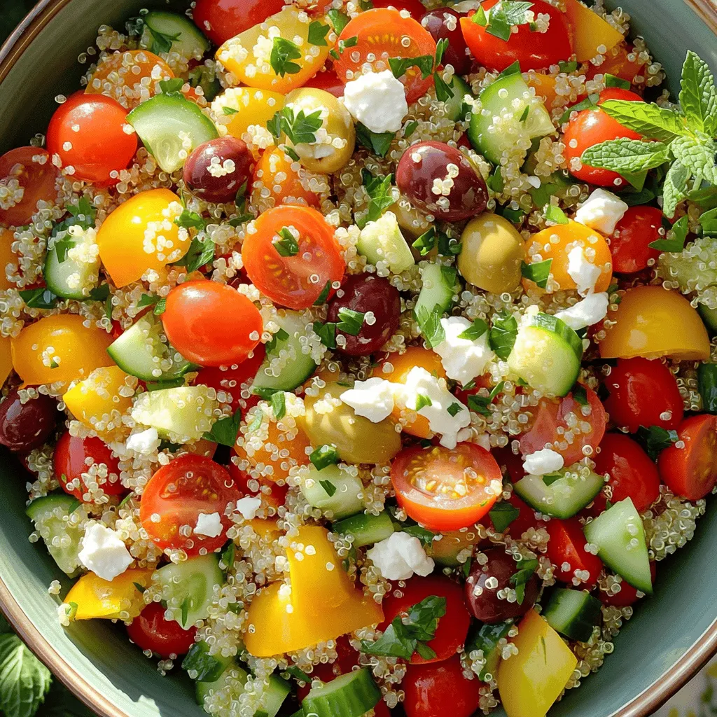 - Quinoa: This tiny seed packs a big punch. It's rich in protein and fiber. Quinoa is gluten-free and works well in salads. - Fresh Vegetables: Use bright cherry tomatoes, crisp cucumbers, and sweet bell peppers. These add color and crunch. Red onion brings a nice bite to the mix. Kalamata olives add a briny flavor, making the salad even tastier. - Herbs: Fresh parsley and mint are key. They add a burst of flavor. These herbs brighten up the dish and give it a fresh taste. - Olive Oil: A must-have for any salad. It adds richness and helps blend the flavors. Use a high-quality extra virgin olive oil for the best taste. - Lemon Juice: This adds acidity and brightness. Fresh lemon juice balances the flavors and makes the salad refreshing. - Seasoning: Don’t forget salt and pepper! They enhance the taste of all the ingredients. Adjust to your liking for the best flavor. For the full recipe, check out the Mediterranean Quinoa Salad 🥗. To start, rinse the quinoa in cold water. This step removes the bitter coating called saponin. Use a fine-mesh sieve to make this easy. Next, add 1 cup of rinsed quinoa and 2 cups of vegetable broth or water to a medium pot. Bring the pot to a boil over high heat. Once it boils, reduce the heat to low. Cover the pot and let it simmer for about 15 minutes. The quinoa will absorb all the liquid. After 15 minutes, take the pot off the heat and let it sit covered for 5 more minutes. Now, fluff the quinoa with a fork. This helps separate the grains. Spread it out on a plate to cool. While the quinoa cools, it’s time to chop your veggies. Use a sharp knife for safety and ease. Start by halving the cherry tomatoes. Then, dice the cucumber and bell pepper into small pieces. Next, finely chop the red onion. Finally, halve the Kalamata olives. In a large mixing bowl, add all the chopped vegetables. This bowl will hold the quinoa later, so make sure it’s big enough. In a small bowl, whisk together the dressing. Combine 2 tablespoons of olive oil, 2 tablespoons of lemon juice, and a pinch of salt and pepper. Whisk until it’s well mixed. Now, add the cooled quinoa to the bowl with the veggies. Toss gently to mix everything. Then, pour the dressing over the top. Toss again to coat all the ingredients evenly. If you want, sprinkle crumbled feta cheese, fresh parsley, and mint into the salad. Toss once more, and it's ready to serve. For the full recipe, check out the instructions above. Enjoy! To make a great quinoa salad, focus on two key parts: texture and flavor. - Achieving the right texture Start by rinsing the quinoa well. This removes the bitter coating called saponin. Use a ratio of 1 cup quinoa to 2 cups broth or water. Cook it until all the liquid absorbs. After cooking, let it rest for 5 minutes. Fluff it with a fork to keep it light and airy, not mushy. - Balancing flavors with herbs and spices Fresh herbs bring life to the salad. I love using parsley and mint. They add bright notes. A splash of lemon juice brightens the dish. Salt and pepper enhance the overall taste. Adjust these to your liking for a personal touch. Presentation matters. A well-presented dish makes the meal more inviting. - Presentation ideas Serve the salad in a big bowl. Top it with extra feta and mint leaves. This adds color and a fresh look. You can also layer it in clear cups for a fun twist. - Pairing with proteins for a complete meal To make the salad a full meal, add protein. Grilled chicken, shrimp, or chickpeas work well. These options complement the flavors and make the dish filling. Pairing it with a protein makes it a perfect main course. For more details on preparing this tasty dish, check the Full Recipe. {{image_2}} You can easily make this salad vegan. To do this, skip the feta cheese. Instead, you can use avocado for a creamy touch. It adds healthy fats and a nice flavor. Another option is to add nutritional yeast for a cheesy taste without dairy. For protein, consider chickpeas or black beans. They boost the protein level and make the dish more filling. Just rinse and drain them before adding. You can also add roasted tofu. It brings a chewy texture that complements the salad well. You can swap in seasonal veggies to keep things fresh. In summer, use zucchini or bell peppers for crunch. In winter, consider roasted sweet potatoes or beets for warmth. They add color and flavor. Try different dressings to keep it interesting. A balsamic vinaigrette can add sweetness. A tahini dressing gives a creamy texture and nutty flavor. You can also use a spicy harissa dressing for a kick. This keeps your Mediterranean quinoa salad exciting and new every time. For the full recipe, check out the [Full Recipe]. To keep your Mediterranean quinoa salad fresh, store it in an airtight container. Make sure it cools to room temperature before sealing. This helps prevent moisture buildup. Place the container in the fridge. Your salad will stay fresh for about three to five days. If you want to keep the flavors bright and tasty, store the dressing separately. Add it just before serving. This keeps the veggies crisp and prevents sogginess. Can you reheat quinoa salad? Yes, but it’s best served cold. If you prefer it warm, gently heat it in a pan. Add a splash of water or olive oil for moisture. Stir until heated through, but don’t cook it too long. For leftovers, enjoy the salad as a quick snack or lunch. You can also add it to wraps or bowls. Mixing it with grilled chicken or shrimp makes a great meal. Try adding a bit more lemon juice to brighten the flavors again. A Mediterranean quinoa salad is a fresh dish that mixes quinoa with veggies and herbs. This salad comes from the Mediterranean region, known for its vibrant flavors and healthy ingredients. It is colorful, tasty, and packed with nutrients. The main ingredients include cherry tomatoes, cucumbers, bell peppers, olives, and feta cheese. This salad is perfect for lunch, dinner, or a side dish. To enhance the flavor of your quinoa salad, start by using vegetable broth instead of water. This small change adds depth to the quinoa. Add fresh herbs like parsley and mint to bring a burst of freshness. Try different spices like cumin or paprika for a unique twist. A splash of red wine vinegar can brighten the salad too. Lastly, don’t forget to taste as you go. Adjust the salt and pepper to your liking. Yes, you can make this salad ahead of time. To prep, cook the quinoa and chop the vegetables. Store them separately in the fridge until ready to serve. You can mix everything together just before serving. This way, the veggies stay crisp, and the flavors stay fresh. The salad will last up to three days in the fridge, but it tastes best within the first two days. This salad pairs well with many dishes. For protein, try grilled chicken, fish, or chickpeas. A side of hummus or tzatziki adds creaminess. If you want more crunch, serve it with pita chips or fresh bread. This salad can also complement a light soup or a roasted vegetable platter. It’s a versatile dish that can fit any meal! In this blog post, we explored the essentials of a Mediterranean quinoa salad. We covered the main ingredients, including quinoa, fresh vegetables, and herbs. You learned how to cook quinoa, prep veggies, and combine everything for a tasty dish. Offering tips for perfecting flavors and presenting your salad enhanced the appeal. Lastly, we discussed storage and variations, ensuring you can customize your salad. Enjoy making this delicious, healthy choice that fits many diets and preferences!