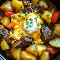 For this dish, gather these key items: - 1.5 lbs flank steak, cut into 1-inch pieces - 4 medium potatoes, diced - 1 cup carrots, diced - 1 cup bell peppers, diced (red, yellow, or green) - 1 medium onion, chopped - 4 cloves garlic, minced - 2 cups beef broth - 1 tablespoon Worcestershire sauce - 1 teaspoon smoked paprika - 1 teaspoon dried thyme - Salt and pepper to taste Each ingredient plays a special role. The flank steak gives a rich flavor. Potatoes add heartiness. The carrots and bell peppers bring sweetness and color. Add some flair with these toppings: - 1 cup shredded cheddar cheese - 1/2 cup sour cream - Chopped green onions for garnish These garnishes make the dish extra tasty. The cheese melts into the meal, while sour cream adds creaminess. Green onions give a fresh crunch. You can mix and match as you like! For the full recipe, refer to the earlier section. Preparing the Vegetables First, wash your potatoes, carrots, and bell peppers. Next, dice the potatoes into small pieces. You want them to cook evenly. Dice the carrots and bell peppers, too. Chop the onion finely and mince the garlic. This step sets the stage for great flavor. Searing the Steak Now, grab a skillet and heat a splash of olive oil over medium heat. Add the flank steak pieces to the hot skillet. Sear them for about 5 to 7 minutes. You want a nice brown crust on all sides. This step seals in the juices, giving the dish more flavor. Layering Order for Optimal Cooking In your crockpot, layer half of the diced potatoes first. This helps create a base. Next, add the carrots, bell peppers, and chopped onions. Then, place the seared steak pieces on top of these veggies. Finally, add the rest of the potatoes on top. This order helps everything cook evenly. Creating the Broth Mixture In a bowl, mix the beef broth, Worcestershire sauce, and minced garlic. Add smoked paprika and dried thyme for extra flavor. Season it with salt and pepper to taste. Stir the mixture well to combine all the flavors. Setting the Cook Time and Temperature Pour the broth mixture over the layered ingredients in the crockpot. Cover the crockpot and set it to low for 6 to 8 hours. If you’re short on time, use high for 4 to 5 hours. The goal is to make everything tender and delicious. Final Steps Before Serving About 15 minutes before you plan to serve, stir in the shredded cheddar cheese. Let it melt and blend into the dish. Taste it and adjust the seasoning if needed. When it’s ready, scoop the mixture into bowls. Add a dollop of sour cream on top and sprinkle chopped green onions for a fresh touch. For the complete recipe, check out the Full Recipe. To make your crockpot loaded steak and potato bake extra tasty, add some great seasonings. I suggest using: - 1 teaspoon smoked paprika for a smoky flavor - 1 teaspoon dried thyme for a fresh herb taste - Salt and pepper to taste for balance These simple spices can boost the dish's depth. You can also try adding fresh herbs like parsley or rosemary for a bright finish. For tender steak, try to sear it well before adding it to the crockpot. Browning the meat locks in juices and adds flavor. If you have time, marinate the steak in the refrigerator for a few hours. A mix of Worcestershire sauce and a splash of vinegar can help break down tough fibers. Using a crockpot is all about low and slow cooking. This method helps the meat become tender and the flavors meld together. Here are some best practices: - Layering: Start with potatoes at the bottom. This prevents them from overcooking. - Don’t Peek: Keep the lid closed while cooking. Lifting it releases heat and can extend cooking time. Avoid common mistakes, like overfilling the crockpot. Too much food can lead to uneven cooking. Make sure to follow the recipe's ingredient amounts for the best results. For the full recipe, check out the detailed instructions. {{image_2}} You can change the cut of beef in this recipe. If you want, use chuck roast or sirloin instead of flank steak. Both options give great taste and tenderness. For a vegan or vegetarian twist, swap the beef with jackfruit or mushrooms. These ingredients soak up flavor well and add a nice texture. Use vegetable broth instead of beef broth to keep it plant-based. To change the flavor, think about adding different spices. You can use cumin or chili powder for a kick. A splash of soy sauce or barbecue sauce can add a nice depth. Incorporating seasonal vegetables is also a fun idea. Try zucchini in summer or root veggies in fall. These swaps can make your dish fresh and exciting. For the full recipe, follow the steps outlined above, and enjoy! To store your Crockpot Loaded Steak and Potato Bake, first let it cool. Use an airtight container for storage. Place leftovers in the fridge. They can last up to 3 days. If you want to keep them longer, freezing works great. Use freezer-safe bags or containers. Make sure to remove as much air as possible. This helps prevent freezer burn. You can freeze the meal for up to 3 months. For the best texture, I recommend reheating in the oven. Preheat your oven to 350°F (175°C). Place the leftover dish in an oven-safe dish. Cover with foil to keep it moist. Heat for about 20-30 minutes, checking to make sure it’s hot all the way through. If you prefer the microwave, use a microwave-safe bowl. Heat in 1-minute intervals, stirring in between. This way, you avoid hot spots. Be careful not to overcook, as it can dry out the meat and potatoes. How long does it take to cook on low/high? Cooking in the crockpot on low takes about 6-8 hours. If you set it to high, it will take around 4-5 hours. Check for tenderness to know if it’s done. Can I use frozen steak or vegetables? Yes, you can use frozen steak or vegetables. Just add extra cooking time. Frozen items may release more water, so check the broth level during cooking. How to adjust for larger or smaller servings To adjust servings, increase or decrease the meat and veggies. For example, if you want to serve 12, double the amount. Always keep the broth amount balanced to avoid dryness. Substituting beef broth with other liquids You can swap beef broth for chicken broth or vegetable broth. For a unique twist, try using a splash of red wine. Just remember, this will change the flavor a bit. Estimated calorie count per serving Each serving has about 400-450 calories. This can vary based on the cheese and sour cream you use. Nutritional benefits of ingredients used Flank steak is a great protein source. Potatoes provide fiber and vitamins. Carrots add beta carotene, while bell peppers boost vitamin C. This dish packs a nutritious punch. For the full recipe, check out the earlier sections! This article covered the key ingredients like flank steak, potatoes, and bell peppers. I detailed step-by-step instructions for preparing and cooking the dish in a crockpot. I also shared tips to enhance flavors and suggested variations. Proper storage and reheating methods can help keep your meal fresh. Ultimately, this recipe is flexible, tasty, and perfect for any time. Enjoy experimenting with it!