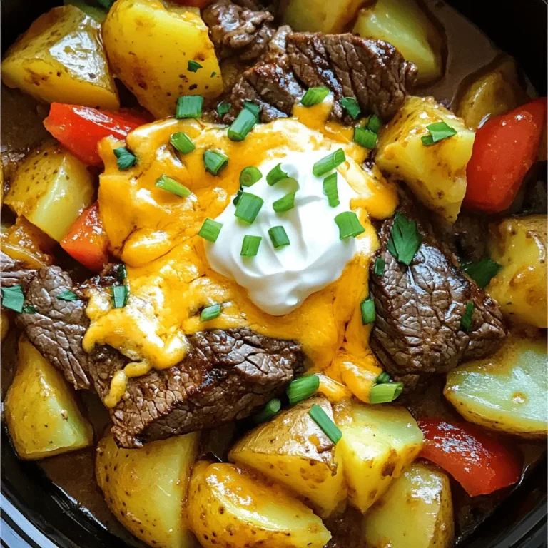 For this dish, gather these key items: - 1.5 lbs flank steak, cut into 1-inch pieces - 4 medium potatoes, diced - 1 cup carrots, diced - 1 cup bell peppers, diced (red, yellow, or green) - 1 medium onion, chopped - 4 cloves garlic, minced - 2 cups beef broth - 1 tablespoon Worcestershire sauce - 1 teaspoon smoked paprika - 1 teaspoon dried thyme - Salt and pepper to taste Each ingredient plays a special role. The flank steak gives a rich flavor. Potatoes add heartiness. The carrots and bell peppers bring sweetness and color. Add some flair with these toppings: - 1 cup shredded cheddar cheese - 1/2 cup sour cream - Chopped green onions for garnish These garnishes make the dish extra tasty. The cheese melts into the meal, while sour cream adds creaminess. Green onions give a fresh crunch. You can mix and match as you like! For the full recipe, refer to the earlier section. Preparing the Vegetables First, wash your potatoes, carrots, and bell peppers. Next, dice the potatoes into small pieces. You want them to cook evenly. Dice the carrots and bell peppers, too. Chop the onion finely and mince the garlic. This step sets the stage for great flavor. Searing the Steak Now, grab a skillet and heat a splash of olive oil over medium heat. Add the flank steak pieces to the hot skillet. Sear them for about 5 to 7 minutes. You want a nice brown crust on all sides. This step seals in the juices, giving the dish more flavor. Layering Order for Optimal Cooking In your crockpot, layer half of the diced potatoes first. This helps create a base. Next, add the carrots, bell peppers, and chopped onions. Then, place the seared steak pieces on top of these veggies. Finally, add the rest of the potatoes on top. This order helps everything cook evenly. Creating the Broth Mixture In a bowl, mix the beef broth, Worcestershire sauce, and minced garlic. Add smoked paprika and dried thyme for extra flavor. Season it with salt and pepper to taste. Stir the mixture well to combine all the flavors. Setting the Cook Time and Temperature Pour the broth mixture over the layered ingredients in the crockpot. Cover the crockpot and set it to low for 6 to 8 hours. If you’re short on time, use high for 4 to 5 hours. The goal is to make everything tender and delicious. Final Steps Before Serving About 15 minutes before you plan to serve, stir in the shredded cheddar cheese. Let it melt and blend into the dish. Taste it and adjust the seasoning if needed. When it’s ready, scoop the mixture into bowls. Add a dollop of sour cream on top and sprinkle chopped green onions for a fresh touch. For the complete recipe, check out the Full Recipe. To make your crockpot loaded steak and potato bake extra tasty, add some great seasonings. I suggest using: - 1 teaspoon smoked paprika for a smoky flavor - 1 teaspoon dried thyme for a fresh herb taste - Salt and pepper to taste for balance These simple spices can boost the dish's depth. You can also try adding fresh herbs like parsley or rosemary for a bright finish. For tender steak, try to sear it well before adding it to the crockpot. Browning the meat locks in juices and adds flavor. If you have time, marinate the steak in the refrigerator for a few hours. A mix of Worcestershire sauce and a splash of vinegar can help break down tough fibers. Using a crockpot is all about low and slow cooking. This method helps the meat become tender and the flavors meld together. Here are some best practices: - Layering: Start with potatoes at the bottom. This prevents them from overcooking. - Don’t Peek: Keep the lid closed while cooking. Lifting it releases heat and can extend cooking time. Avoid common mistakes, like overfilling the crockpot. Too much food can lead to uneven cooking. Make sure to follow the recipe's ingredient amounts for the best results. For the full recipe, check out the detailed instructions. {{image_2}} You can change the cut of beef in this recipe. If you want, use chuck roast or sirloin instead of flank steak. Both options give great taste and tenderness. For a vegan or vegetarian twist, swap the beef with jackfruit or mushrooms. These ingredients soak up flavor well and add a nice texture. Use vegetable broth instead of beef broth to keep it plant-based. To change the flavor, think about adding different spices. You can use cumin or chili powder for a kick. A splash of soy sauce or barbecue sauce can add a nice depth. Incorporating seasonal vegetables is also a fun idea. Try zucchini in summer or root veggies in fall. These swaps can make your dish fresh and exciting. For the full recipe, follow the steps outlined above, and enjoy! To store your Crockpot Loaded Steak and Potato Bake, first let it cool. Use an airtight container for storage. Place leftovers in the fridge. They can last up to 3 days. If you want to keep them longer, freezing works great. Use freezer-safe bags or containers. Make sure to remove as much air as possible. This helps prevent freezer burn. You can freeze the meal for up to 3 months. For the best texture, I recommend reheating in the oven. Preheat your oven to 350°F (175°C). Place the leftover dish in an oven-safe dish. Cover with foil to keep it moist. Heat for about 20-30 minutes, checking to make sure it’s hot all the way through. If you prefer the microwave, use a microwave-safe bowl. Heat in 1-minute intervals, stirring in between. This way, you avoid hot spots. Be careful not to overcook, as it can dry out the meat and potatoes. How long does it take to cook on low/high? Cooking in the crockpot on low takes about 6-8 hours. If you set it to high, it will take around 4-5 hours. Check for tenderness to know if it’s done. Can I use frozen steak or vegetables? Yes, you can use frozen steak or vegetables. Just add extra cooking time. Frozen items may release more water, so check the broth level during cooking. How to adjust for larger or smaller servings To adjust servings, increase or decrease the meat and veggies. For example, if you want to serve 12, double the amount. Always keep the broth amount balanced to avoid dryness. Substituting beef broth with other liquids You can swap beef broth for chicken broth or vegetable broth. For a unique twist, try using a splash of red wine. Just remember, this will change the flavor a bit. Estimated calorie count per serving Each serving has about 400-450 calories. This can vary based on the cheese and sour cream you use. Nutritional benefits of ingredients used Flank steak is a great protein source. Potatoes provide fiber and vitamins. Carrots add beta carotene, while bell peppers boost vitamin C. This dish packs a nutritious punch. For the full recipe, check out the earlier sections! This article covered the key ingredients like flank steak, potatoes, and bell peppers. I detailed step-by-step instructions for preparing and cooking the dish in a crockpot. I also shared tips to enhance flavors and suggested variations. Proper storage and reheating methods can help keep your meal fresh. Ultimately, this recipe is flexible, tasty, and perfect for any time. Enjoy experimenting with it!