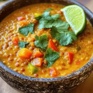 - 1 cup red lentils, rinsed - 1 can (14 oz) coconut milk - 1 medium onion, finely chopped - 3 cloves garlic, minced - 1-inch piece of ginger, grated - 1 tablespoon curry powder - 1 teaspoon turmeric - 1 teaspoon cumin - 1 carrot, diced - 1 bell pepper, diced (any color) - 4 cups vegetable broth - 1 tablespoon olive oil - Salt and pepper to taste - Juice of 1 lime When you gather these ingredients, you set yourself up for a flavorful journey. Red lentils are not only tasty but also packed with protein. Rinsing them removes any dust, so you get a clean base. Coconut milk adds creaminess and a sweet touch. Next, chop your onion finely. It brings a wonderful base flavor. Garlic and ginger are key for a nice kick. Curry powder, turmeric, and cumin create that warm, rich aroma. Don’t forget your diced carrot and bell pepper! They give color and crunch. For liquids, vegetable broth is perfect. It deepens the flavor of your soup. Olive oil adds richness and helps cook the onions. Finally, lime juice brightens everything up. You will find that these ingredients work together beautifully. The full recipe is easy to follow and helps you create a warming soup in no time. This dish is perfect for cozy nights or when you need comfort food. - Heat olive oil in a large pot over medium heat. - Sauté onion until translucent, about 5 minutes. In this step, the olive oil warms up nicely. It creates a base for your soup. The onion adds a sweet flavor. Cooking until it turns translucent means it softens, and the flavor deepens. - Stir in garlic and ginger, cooking for an additional minute. - Incorporate diced carrot and bell pepper, sauté for 3-4 minutes. Now, we add garlic and ginger. They bring a wonderful aroma. Cook them for a minute to wake up their flavors. Next, toss in the diced carrot and bell pepper. These add color and sweetness. Sauté them until they soften but still have a little crunch. - Add curry powder, turmeric, and cumin, toasting for 1 minute. - Mix in rinsed lentils and vegetable broth, bringing to a boil. It's time to spice things up. Sprinkle in curry powder, turmeric, and cumin. Toast the spices for a minute to enhance their taste. Then, add your rinsed lentils and vegetable broth. Stir well and bring everything to a boil. This step packs the soup with flavor. - Lower heat and simmer for about 20 minutes until lentils are tender. - Stir in coconut milk and simmer for an additional 5 minutes. Once it boils, reduce the heat. Let the soup simmer for about 20 minutes. This allows the lentils to become soft and creamy. After that, stir in the coconut milk. This adds richness and a lovely texture. Simmer for another 5 minutes, and your soup will be ready to enjoy. For the full recipe, check out the details above! To make the soup just right, you can adjust its thickness. If it is too thick for your taste, simply add more vegetable broth. This will help you find the perfect balance. Remember to taste as you go. Season with salt and pepper to enhance the flavors. A bit of lime juice will also brighten the soup. Serve the soup hot for the best experience. I love to garnish it with fresh cilantro. The cilantro adds a nice touch of freshness. You can also serve lime wedges on the side. A squeeze of lime adds a burst of flavor that complements the curry well. To make your meal even better, consider pairing the soup with some warm bread. A crusty baguette or naan works great. A light salad can also be a nice side. It adds crunch and freshness. Enjoy the soup as a main dish or a starter. You will love how it warms you up! For the full recipe, check out the details above. {{image_2}} You can change the lentils if you want. Chickpeas work great as a substitute. They add a nice texture and flavor. You can also use green or brown lentils, but keep in mind they take longer to cook. If you need a dairy-free option, look for coconut milk in a carton. This works well too. To add some heat, mix in chili peppers or a curry paste of your choice. This gives the soup a kick. You can also try different spices like coriander or paprika. Fresh herbs, like basil or mint, can brighten up the dish. Don’t be afraid to get creative! This soup is already vegetarian and can easily be made vegan. Just ensure no animal products are used in your broth. For gluten-free options, check the ingredients in your broth. Most vegetable broths are gluten-free, making this soup a safe choice for many diets. To store your Coconut Curry Lentil Soup in the refrigerator, let it cool first. Then, transfer it to an airtight container. This keeps the soup fresh and prevents spills. You can store it for up to five days. When reheating, use a pot on the stove or a microwave. If using a pot, heat over medium-low until warm. Stir often to avoid sticking. If using a microwave, cover the bowl and heat in short bursts. Stir between each burst to ensure even heating. To freeze the soup, let it cool entirely first. Pour it into freezer-safe containers, leaving some space at the top. This allows the soup to expand as it freezes. Label each container with the date. The soup can last in the freezer for up to three months. When you want to enjoy it again, move the container to the fridge overnight to thaw. For quicker thawing, run the container under warm water. After thawing, reheat it on the stove or microwave, just like you would for short-term storage. In the fridge, Coconut Curry Lentil Soup stays fresh for about five days. If it looks or smells off, that’s a sign it has gone bad. Signs include a change in color or an off odor. Always trust your senses before eating leftovers. For more details on the recipe, check out the full recipe. Yes, you can make this soup ahead of time. To prepare, cook the soup and let it cool. Store it in an airtight container in the fridge. It will stay fresh for up to three days. When ready to eat, just reheat it on the stove. You may need to add a little broth or water to thin it out. This soup pairs well with many side dishes. You can serve it with warm naan or crusty bread. A fresh green salad adds a nice crunch. You could also enjoy it with rice or quinoa for a filling meal. Each option enhances the soup's flavors. Yes, you can use dried lentils, but you need to adjust the cooking time. Dried lentils take longer to cook, about 30 to 40 minutes. Make sure to rinse them well before adding to the pot. Also, you may need to add more broth or water to keep the soup from getting too thick. The soup has a mild spice level. The curry powder adds warmth, but it is not too hot. If you like more heat, you can add chili flakes or fresh peppers. Taste as you go to adjust the spice to your liking. This way, you can enjoy the flavors without overwhelming heat. This blog post outlined a simple and tasty coconut curry lentil soup. You learned the key ingredients and their roles. I shared step-by-step instructions to guide you through cooking. I also included tips for the perfect soup and ideas for variations. Remember, you can adjust flavors to suit your taste. Store leftovers properly to enjoy later. This soup is not just filling; it’s also healthy and comforting. Get creative with your own twists next time you make it. Enjoy every bowl!