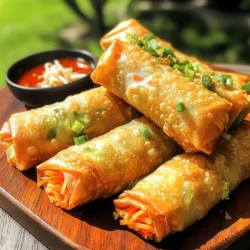 - 1 cup shredded cabbage - 1 cup grated carrots - 1 cup bean sprouts - 1 bell pepper, thinly sliced - 3 green onions, chopped Fresh vegetables are key to great spring rolls. Shredded cabbage gives a nice crunch. Grated carrots add sweetness and color. Bean sprouts provide a juicy bite. Thinly sliced bell pepper offers crispness. Chopped green onions bring a fresh flavor. - 2 cloves garlic, minced - 1 tablespoon fresh ginger, minced - 2 tablespoons soy sauce - 1 teaspoon sesame oil Flavor enhancers make your rolls pop. Minced garlic adds a robust taste. Fresh ginger gives warmth and zest. Soy sauce adds umami depth. Sesame oil brings a nutty finish that ties everything together. - 1 package spring roll wrappers - Vegetable oil for frying - Salt and pepper to taste Spring roll wrappers are vital for wrapping your filling. They crisp up nicely when fried. Vegetable oil is best for frying. It's important to use enough oil for even cooking. Lastly, a pinch of salt and pepper boosts the flavors. For the complete instructions and steps, check out the Full Recipe. To start, gather all your veggies. You need shredded cabbage, grated carrots, bean sprouts, sliced bell peppers, and chopped green onions. Add minced garlic and ginger for extra flavor. In a large bowl, combine these vegetables. Drizzle soy sauce and sesame oil over the mix. Sprinkle some salt and pepper to taste. Gently toss everything together until well mixed. This filling is the heart of your spring rolls. Next, it's time to roll. Place a spring roll wrapper on a clean surface. Point one corner toward you. Add about 2 tablespoons of the filling near the bottom corner. Now, fold the bottom corner over the filling. Then, fold both sides inward. Roll it up tightly. Use a little water to seal the edge. Repeat this process until all the filling is used. For frying, heat vegetable oil in a large skillet or deep frying pan. Aim for medium-high heat, around 350°F (175°C). Carefully add the spring rolls in batches. Fry them until they turn golden brown and crispy. This usually takes about 3-4 minutes per batch. Once done, remove them and let them drain on paper towels. Serve your crispy veggie spring rolls hot, and enjoy every delicious bite! To get your spring rolls nice and crispy, pay attention to the oil temperature. Heat the vegetable oil to about 350°F (175°C). This high heat cooks the rolls quickly, giving you that perfect crunch. If the oil is too cool, the rolls can absorb more oil and become greasy. Let the spring rolls rest on paper towels after frying. This step helps remove excess oil and keeps them crispy longer. I recommend waiting a few minutes before serving. One common mistake is overfilling the rolls. Use about 2 tablespoons of filling per roll. If you add too much, the rolls may burst while frying. A tightly packed roll is key, but not too tight! Another mistake is not sealing the edges properly. Use a little water to seal the edges. This keeps the filling inside while frying. Check to make sure they are secure before cooking. Sweet chili sauce pairs wonderfully with crispy veggie spring rolls. You can buy it or make your own. For a quick mix, combine soy sauce with a bit of honey and sesame oil for a tasty dip. Feel free to explore different flavors! Mixing sauces can add excitement to your meal. Try a spicy soy sauce for a kick or a creamy peanut sauce for a unique twist. {{image_2}} You can boost the flavor of your crispy veggie spring rolls in many ways. Adding protein is a great start. Tofu works well for a vegetarian option. It absorbs flavors nicely and adds texture. You might also try shrimp for a seafood twist. You can also mix in different vegetables. Think about using mushrooms for a savory touch. Bell peppers add sweetness and color. Spinach gives a nice green pop, while zucchini adds moisture. Be creative with your choices! If you want a healthier spring roll, try baking them. Preheat your oven to 400°F (200°C). After you roll the spring rolls, place them on a baking sheet. Brush them lightly with oil for crispiness. Bake for about 20-25 minutes, turning halfway through. Keep an eye on them to avoid burning. For those who need gluten-free, there are great wrapper choices. Look for rice paper or gluten-free spring roll wrappers. You can find these at many grocery stores. When it comes to filling, you can use different ingredients. Swap soy sauce for tamari or coconut aminos. These options keep the flavor while being gluten-free. Enjoy your tasty, crispy veggie spring rolls! For the full recipe, check out the detailed instructions above. To keep your spring rolls fresh, store them in an airtight container. This helps prevent them from getting soggy. Place a damp paper towel inside to maintain some moisture. They last about 2 to 3 days in the fridge. After that, the veggies may lose their crunch. If you want to save time, freeze your uncooked spring rolls. Lay them flat on a baking sheet and freeze for about an hour. Once firm, transfer them to a freezer bag. They will keep well for up to 2 months. When you’re ready to eat, fry them directly from the freezer. No need to thaw! Fry for a few extra minutes to get them crispy. Spring rolls make a great base for quick meals. Pair them with a salad or some rice for a full dish. They also work well as snacks. Simply grab a spring roll and dip it in your favorite sauce. They are perfect for lunchboxes too! You can tell spring rolls are done when they are golden brown. The skin should be crisp and not soggy. If you see bubbles around them, that means they are frying well. The sound of frying should be consistent. If you lift one, it should feel light and crunchy. Yes, you can prepare spring rolls ahead of time. Just fill and roll them, then cover with a damp cloth. This keeps them from drying out. You can also freeze them before frying. Just make sure to thaw them before cooking. The best dipping sauces include sweet chili sauce and soy sauce. You can also try peanut sauce for a creamy twist. Some love using hoisin sauce for a sweet touch. Mix and match to find what you like best! For the full recipe, check out the details on how to make crispy veggie spring rolls. You'll need fresh veggies and spring roll wrappers. Follow the simple steps for a tasty dish that everyone can enjoy! In this blog post, we explored how to make delicious crispy veggie spring rolls. We covered everything from choosing fresh vegetables to perfecting your rolling technique. Remember, the right oil temperature is key for that perfect crunch. Avoid common mistakes like overfilling to ensure your rolls seal well. Finally, don’t forget to try different dipping sauces for added flavor. With these tips, you'll create tasty spring rolls that impress everyone. Enjoy making them and sharing with friends!