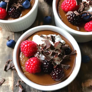 To make a rich and creamy chocolate avocado mousse, you need simple, fresh ingredients. Here’s what you’ll need: - 2 ripe avocados, peeled and pitted - 1/2 cup unsweetened cocoa powder - 1/2 cup maple syrup or honey - 1/4 cup almond milk or coconut milk - 1 teaspoon vanilla extract - A pinch of salt These ingredients work together to create a smooth, velvety texture. The avocados provide creaminess, while the cocoa powder adds a rich chocolate flavor. You can dress up your mousse with fun toppings. Here are some ideas: - Shaved dark chocolate - Fresh berries - Whipped coconut cream Adding these toppings not only enhances the look but also boosts flavor. You can mix and match based on what you like. If you want to change things up, consider these alternatives: - Use agave syrup instead of maple syrup or honey. - Try coconut milk for a richer taste. - Use date syrup for a more natural sweetener. These swaps can make your mousse fit different diets or taste preferences. Remember, the key is to keep it delicious! For the full recipe, check out the details above. Start by selecting ripe avocados. They should feel slightly soft when you press them. Cut the avocados in half, remove the pit, and scoop the flesh into a food processor. This step is key. Ripe avocados give your mousse that rich, creamy texture. If the avocados are not ripe, the mousse will be lumpy. Next, add the unsweetened cocoa powder, maple syrup (or honey), almond milk, vanilla extract, and a pinch of salt to the food processor. Blend everything until it is completely smooth. This might take a minute. Stop to scrape down the sides as needed. Taste your mousse after blending. If it's not sweet enough, add more maple syrup or honey. Once your mousse is blended, transfer it into serving bowls or ramekins. Chill them in the refrigerator for at least 30 minutes. This helps the flavors mix well and the mousse to set. When ready to serve, top with shaved dark chocolate, fresh berries, or whipped coconut cream for a lovely touch. Enjoy your rich and creamy chocolate avocado mousse! You can find the full recipe above. Pick ripe avocados for the best mousse. They should feel soft but not mushy. Gently squeeze them to check. If they yield slightly, they are ready. Overripe avocados can ruin the mousse's texture. Under-ripe avocados won’t blend smoothly, so always choose wisely. You can make your mousse even better with add-ins. Try a pinch of espresso powder for a rich taste. Add a teaspoon of almond extract for a nutty hint. For a fruity twist, mix in pureed banana or a bit of orange zest. Each of these will add depth to your chocolate avocado mousse. Many people forget to taste their mousse before serving. Adjust sweetness if needed, using more maple syrup or honey. Also, don’t skip chilling the mousse; it helps the flavors blend and firms up the texture. Lastly, ensure your food processor is clean to avoid unwanted flavors. Follow these tips for a perfect creamy delight every time! {{image_2}} Avocados are packed with healthy fats. They contain monounsaturated fats, which help your heart. Each avocado is rich in vitamins and minerals. You get vitamin K, vitamin E, and potassium from them. Avocados also provide fiber, aiding digestion. This creamy fruit boosts your energy without added sugar. Eating avocados supports skin health, keeping it soft and smooth. Plus, they can help you feel full longer, making them great for weight control. Cocoa and dark chocolate are not just tasty; they are good for you too. Dark chocolate is full of antioxidants. These protect your body from damage. Cocoa can help improve heart health by lowering blood pressure. It can also boost mood and brain function. Eating a small amount can make you feel happier. Just remember, choose dark chocolate with at least 70% cocoa. This gives you the most health benefits. Chocolate avocado mousse is a great swap for heavy desserts. It offers a rich taste without the guilt. You can enjoy dessert while still being healthy. Using avocados and cocoa makes this dessert nutrient-rich. It’s lower in sugar and calories than traditional mousse. You can satisfy your sweet tooth without feeling bad afterward. This mousse is a perfect fit for many diets, including vegan and gluten-free. With the full recipe, you can whip up this creamy delight easily at home! You can easily make this mousse vegan and dairy-free. Just use maple syrup instead of honey. Choose almond milk or coconut milk for a creamy texture. This will keep the mousse rich without using any animal products. You can add extra flavors to your mousse. Try a tablespoon of espresso powder for a coffee kick. You can mix in a bit of nut butter for added richness. Want a fruity twist? Add a splash of orange juice or some pureed berries. Each option makes the mousse unique and fun. If you want more servings, just double the recipe. Use four ripe avocados instead of two. Keep the same amounts for cocoa powder, sweetener, and milk. Blend it all together and chill as usual. This way, you can share more of this delightful treat with friends and family. For the complete guide, refer to the Full Recipe. Yes, you can use other sweeteners. Honey works well if you prefer it. You can also try agave syrup or stevia. Each sweetener offers a unique taste. Adjust the amount to suit your liking. Keep in mind that each sweetener has different sweetness levels. For example, stevia is much sweeter than maple syrup. Start with a little and taste as you go. To store leftover mousse, place it in an airtight container. Cover the top with plastic wrap to prevent air from getting in. This helps keep it fresh and smooth. You can keep it in the fridge for up to three days. When ready to eat, give it a quick stir. This helps restore its creamy texture. Yes, this mousse is perfect for a vegan diet. It uses avocados and plant-based milk. Also, you can swap maple syrup for agave or another vegan sweetener. This dessert is rich, creamy, and full of flavor. You can enjoy it without any animal products. For the full recipe, check the details above. This blog post covered how to make chocolate avocado mousse. We explored key ingredients, like avocados and cocoa, and optional toppings to enhance flavor. I shared step-by-step instructions for easy preparation and serving. You learned vital tips to avoid common mistakes and to pick the right avocados. The health benefits of avocados and cocoa showed they can be a nutritious dessert option. Experiment with variations and modifications to suit your taste. Enjoy this simple, healthy treat!