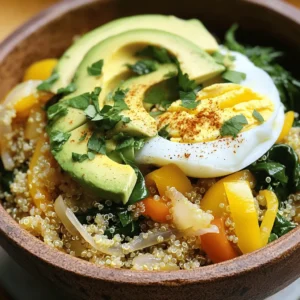 To make savory breakfast quinoa, gather these key ingredients: - 1 cup quinoa, rinsed - 2 cups vegetable broth or water - 1 tablespoon olive oil - 1 small onion, finely chopped - 1 bell pepper (red or green), diced - 1 cup spinach, roughly chopped - 1 teaspoon garlic powder - 1 teaspoon paprika - Salt and pepper to taste - 2 large eggs (or egg substitutes) - 1 avocado, sliced - Fresh herbs (like cilantro or parsley) for garnish These ingredients create a rich and tasty base. Quinoa serves as a healthy grain. It cooks fluffy and fills you up. The vegetables add color and flavor to your dish. You can mix in different ingredients for added flavor. Try these options: - Cherry tomatoes, halved - Zucchini, diced - Mushrooms, sliced - Feta cheese, crumbled - Hot sauce for some spice These extras let you personalize your breakfast. Feel free to switch up the veggies or add cheese. The goal is to make it your own. Here’s why each ingredient is good for you: - Quinoa: High in protein and fiber. It helps keep you full longer. - Vegetable broth: Low in calories and adds flavor without fat. - Olive oil: Contains healthy fats that support heart health. - Onion: Rich in vitamins and helps add depth to dishes. - Bell pepper: Full of vitamins A and C, boosting your immune system. - Spinach: Packed with iron and antioxidants, great for your body. - Garlic powder: May help reduce blood pressure and has many health perks. - Eggs: Provide protein and essential nutrients for energy. - Avocado: Loaded with healthy fats and fiber, good for digestion. - Fresh herbs: Add flavor and are often rich in vitamins. Using these ingredients not only makes a tasty breakfast but also fuels your body with nutrients. Each bite supports your health and energy for the day. For the full recipe, check out the details shared above. First, rinse one cup of quinoa under cold water. This step removes any bitter taste. Next, combine the rinsed quinoa with two cups of vegetable broth or water in a medium saucepan. Bring this mixture to a boil over high heat. Once boiling, reduce the heat to low, cover the pot, and let it simmer for about 15 minutes. You will know it is done when the quinoa is fluffy and all the liquid is absorbed. While the quinoa cooks, grab a large skillet and heat one tablespoon of olive oil over medium heat. Add in one small chopped onion and one diced bell pepper. Cook these for about five minutes until they soften. Next, stir in one cup of roughly chopped spinach, one teaspoon of garlic powder, and one teaspoon of paprika. Cook this mixture for about two minutes until the spinach wilts. Season it with salt and pepper to your taste. Once your quinoa is ready, add it to the skillet with the cooked vegetables. Stir everything together to combine well. In a separate small skillet, cook two large eggs to your liking—fried, scrambled, or poached. To serve, dish out the quinoa and vegetable mix into bowls. Top each bowl with a cooked egg, sliced avocado, and some fresh herbs like cilantro or parsley for garnish. Enjoy your savory breakfast quinoa for a healthy morning boost! For the full recipe, check out the detailed steps above. To make fluffy quinoa, rinse it well. This removes the bitter coating called saponin. After rinsing, cook it in vegetable broth or water. Use a 2:1 liquid-to-quinoa ratio. Bring it to a boil, then lower the heat and cover. Let it simmer for about 15 minutes. Once done, let it sit for 5 minutes off heat. Fluff it with a fork before serving. This will give your quinoa that perfect light texture. To boost flavor, sauté your veggies first. Cooking onions and bell peppers adds sweetness. Add garlic powder and paprika for depth. A splash of lemon juice can brighten the dish. You can also mix in fresh herbs at the end. They add freshness and color. Experiment with spices like cumin or chili powder for a twist. For this dish, I recommend frying or poaching the eggs. Fried eggs add a crispy edge. Poached eggs provide a soft, creamy yolk. You can also scramble the eggs with spices for a twist. Cook them to your liking and place them on top of the quinoa. This adds a nice visual and textural contrast. For a vegan option, try using scrambled tofu instead. For the full recipe, follow the directions above to create your savory breakfast quinoa. {{image_2}} You can easily make Savory Breakfast Quinoa vegan or vegetarian. To do this, skip the eggs. Instead, use a plant-based egg substitute or just enjoy it as is. Add more veggies like mushrooms or zucchini for extra flavor. You can also sprinkle nutritional yeast on top for a cheesy taste. Feel free to mix different veggies into your quinoa. Try using cherry tomatoes, kale, or broccoli. Each vegetable brings its own taste and texture. For a spicy kick, add jalapeños or red pepper flakes. The more colors you add, the more appealing your dish will look. Want extra protein? You can add cooked chicken, tofu, or even beans. For chicken, use rotisserie chicken for quick prep. If you like tofu, cube it and sauté until golden. Beans like black beans or chickpeas add fiber and taste. This makes your breakfast filling and healthy. For the complete recipe, check out the [Full Recipe]. To store leftover savory breakfast quinoa, let it cool first. Then, place it in an airtight container. This keeps the quinoa fresh for up to three days in the fridge. Make sure to label the container with the date. When you're ready to eat the leftovers, you can reheat them easily. Use the microwave or a stove. For the microwave, place quinoa in a bowl and cover it with a damp paper towel. Heat for 1-2 minutes, stirring halfway through. On the stove, add a splash of water in a pan and heat over low. Stir until it's warm. If you want to make a big batch, freezing is a great option. After cooling, spoon the quinoa into freezer-safe bags. Flatten the bags to save space. It will keep well for up to three months. When you want to eat it, thaw it in the fridge overnight before reheating. For the full recipe, check out the details above! Quinoa is a super food. It is a complete protein. This means it has all nine essential amino acids. Quinoa is also high in fiber. This helps with digestion and keeps you full. It has vitamins and minerals, like magnesium and iron. These nutrients support your energy and health. Quinoa is low in calories. It can help you manage your weight. Yes, this recipe is gluten-free! Quinoa itself is a gluten-free grain. Just make sure to check the vegetable broth. Some broths may have gluten. You can also use water instead. This way, you keep it safe for those with gluten allergies. You can prep this dish in advance. Cook the quinoa and veggies as directed. Let them cool, then store in containers. Place them in the fridge for up to four days. When ready to eat, just reheat in a pan or microwave. Cook the eggs fresh for the best taste. This makes breakfast quick and easy! Absolutely! You can add any veggies you like. Some great options are zucchini, mushrooms, or kale. Just cook them with the onions and peppers. This boosts the flavor and adds more nutrients. To enhance flavor, try different spices. Adding cumin or chili powder can give it a kick. You could also mix in some cheese for creaminess. Fresh herbs like basil or dill can brighten the dish. Experiment to find your favorite blend! If you want a vegan option, replace eggs with tofu. Scramble firm tofu with some spices. You can also use chickpea flour to make a vegan egg batter. This keeps the protein while keeping it plant-based. The total time to prepare savory breakfast quinoa is about 30 minutes. It takes around 10 minutes to prep and 20 minutes to cook. This makes it a quick and healthy breakfast option on busy days. For the full recipe, check the earlier section! In summary, you learned about the key ingredients for savory breakfast quinoa. We explored essential and optional items, plus their nutritional benefits. I shared step-by-step instructions to prepare, cook, and serve this dish. You got useful tips for fluffy quinoa and flavor boosts. Variations cater to different diets, adding proteins or veggies you'd like. Lastly, I outlined how to store, reheat, and freeze leftovers. Savory breakfast quinoa is easy to make, healthy, and customizable for your taste. Enjoy a nourishing start to your day!