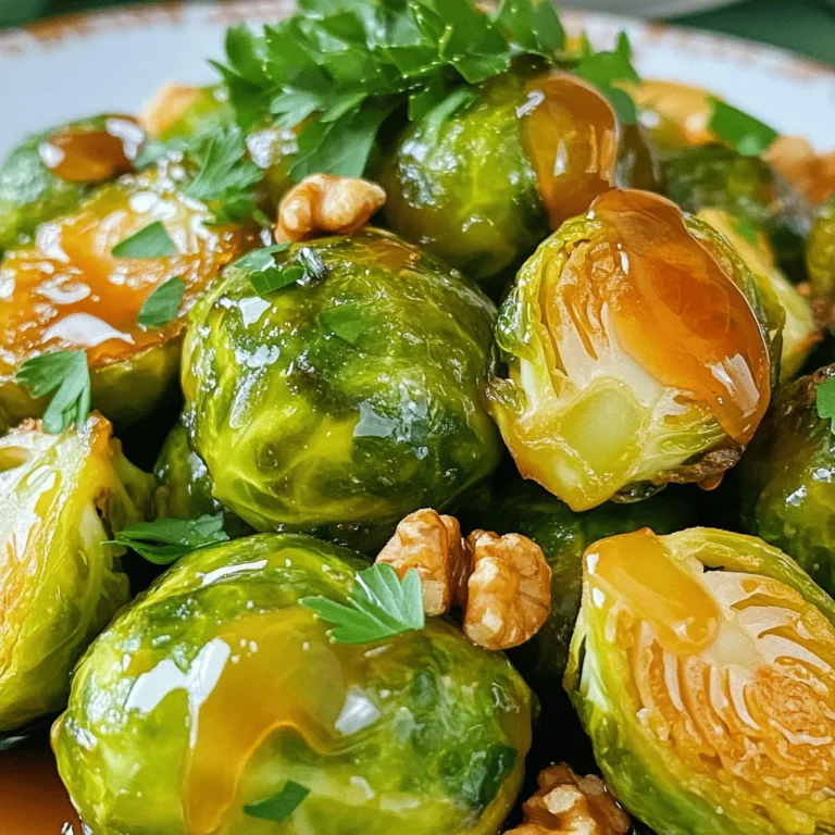 To make this dish, you need a few key items. Here’s what you’ll need: - 1 lb Brussels sprouts, trimmed and halved - 3 tablespoons pure maple syrup - 2 tablespoons olive oil - 1 teaspoon salt - ½ teaspoon black pepper - ½ teaspoon garlic powder - ¼ teaspoon chili flakes (optional for heat) These main ingredients combine to create a sweet and savory flavor that shines. You can also add some optional ingredients for extra taste. Consider these: - ¼ cup walnuts, roughly chopped (for crunch) - Fresh parsley for garnish Adding walnuts gives a nice texture. Fresh parsley adds color and freshness to the dish. Having the right tools makes cooking easier. Here’s what you should use: - A large mixing bowl - A baking sheet - Parchment paper - A spatula for stirring These tools help you mix and roast the Brussels sprouts perfectly. For the full recipe, check out the other sections! To start, wash your Brussels sprouts under cold water. Trim the ends and cut them in half. This helps them cook evenly. In a large mixing bowl, combine the halved sprouts with olive oil, salt, black pepper, garlic powder, and chili flakes. Toss everything together until the sprouts are well coated. This step is key for flavor. Next, preheat your oven to 400°F (200°C). Line a baking sheet with parchment paper for easy cleanup. Spread the coated Brussels sprouts in a single layer. This helps them roast well and become crispy. Drizzle the maple syrup over the sprouts. It adds a sweet touch that balances the savory flavors. Roast them for 20 to 25 minutes. Stir halfway through to ensure even cooking. If you want extra crunch, add chopped walnuts in the last 5 minutes. They add a nice texture and nutty flavor. Once they are golden brown and crispy, remove the Brussels sprouts from the oven. Let them cool slightly. Transfer them to a serving dish and garnish with fresh parsley. This adds color and freshness. You can serve these as a side dish at dinner or enjoy them as a tasty snack. For the full recipe, check the section above. Look for Brussels sprouts that are bright green and firm. Avoid any that are yellow or have brown spots. The smaller ones are sweeter, while larger sprouts may have a stronger taste. When you pick them, make sure they feel heavy for their size. This means they are fresh and full of moisture. Roasting at 400°F (200°C) works great for Brussels sprouts. This high heat gives them a nice crisp outside while keeping the inside tender. Roast for about 20-25 minutes. Halfway through, stir them to ensure even cooking. Keep an eye on them; you want a golden-brown color without burning. Maple syrup gives these sprouts a sweet touch. You can add garlic powder for depth and chili flakes for heat. Try adding nuts like walnuts for crunch. For a twist, sprinkle some lemon juice or zest after roasting. This adds a fresh note that brightens the dish. For the full recipe, check out the details above. {{image_2}} You can boost the texture of your Brussels sprouts by adding nuts. Walnuts add a nice flavor and crunch. Simply toss in roughly chopped walnuts during the last five minutes of roasting. You could also try pecans for a sweeter taste. Almonds work well too, giving a good crunch. Feel free to experiment with your favorite nuts. Each will add its unique twist to this dish. For a savory touch, add crispy bacon. Cook the bacon first until it’s crispy, then chop it into small pieces. Mix the bacon with the Brussels sprouts before roasting. The salty flavor of the bacon pairs well with the sweet maple glaze. This variation makes the dish even more hearty and satisfying. I often serve this version when I want a special treat. If you want a vegan version, skip the bacon. You can enhance the flavor by adding smoked paprika. This gives a nice depth without any meat. Another option is to use coconut aminos instead of maple syrup for a different taste. This keeps it sweet while making it soy-free. You can also add a splash of apple cider vinegar for extra tang. These tweaks make it easy to enjoy this dish while sticking to a vegan diet. To keep your maple glazed Brussels sprouts fresh, place them in an airtight container. Make sure the container seals well to lock in moisture. Store them in the fridge for up to three days. If you notice any signs of spoilage, it's best to toss them. When reheating, use the oven for the best results. Preheat your oven to 350°F (175°C). Spread the leftovers on a baking sheet. Heat for about 10-15 minutes or until warm. This method helps keep them crispy. You can also use a microwave, but they may lose some crunch. If you want to store them longer, freezing is a good option. First, cool the Brussels sprouts completely. Then, place them in a freezer-safe bag. Remove as much air as possible before sealing. They can last up to three months in the freezer. When you’re ready to eat, thaw in the fridge overnight, then reheat as mentioned above. For the best taste, enjoy them fresh! For the full recipe, check out the Maple Glazed Brussels Sprouts section. Yes, you can prepare Maple Glazed Brussels Sprouts ahead of time. I suggest roasting them first. After cooking, let them cool and store them in the fridge. You can keep them for up to three days. When ready to serve, reheat them in the oven. This helps to regain some crispiness. Maple Glazed Brussels Sprouts pair well with many dishes. You can serve them with roasted chicken or grilled salmon. They also go great with quinoa or rice. For a cozy meal, serve them with mashed potatoes. Feel free to add your favorite protein or grain. If you want to make Maple Glazed Brussels Sprouts without maple syrup, try honey or agave nectar. You can also use brown sugar mixed with a little water. This will give you a similar sweet flavor. Adjust the amounts to taste, and enjoy the dish without maple syrup. For the complete recipe, check out the Full Recipe section above. Maple glazed Brussels sprouts make a delicious dish. We covered key ingredients and tools. The step-by-step guide shows how to prepare and roast them right. Tips help you choose fresh sprouts and enhance flavor. You can also explore tasty variations and learn how to store leftovers. In closing, this dish is simple yet satisfying. Enjoy this recipe for a new twist on sprouts. Your taste buds will thank you!