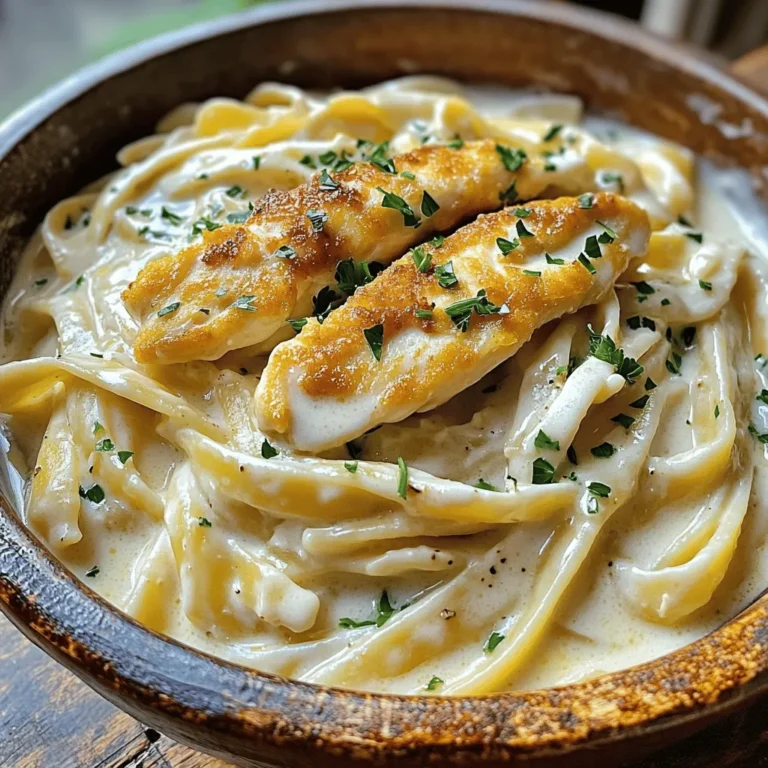 - 2 chicken breasts, boneless and skinless - 10 ounces fettuccine pasta - 1 cup heavy cream - 1 cup grated Parmesan cheese In Classic Chicken Alfredo, the chicken breasts provide a juicy and tender protein source. Fettuccine pasta complements the creamy sauce perfectly. Heavy cream forms the rich base, while Parmesan cheese adds depth and flavor. - Chopped parsley - Additional cheese Garnishes can elevate your dish. Chopped parsley adds a fresh touch and color. You can also sprinkle extra cheese for a more indulgent experience. - Salt and pepper - 1/2 teaspoon Italian seasoning - 3 cloves garlic, minced Seasoning is key! Use salt and pepper to enhance the chicken's flavor. Italian seasoning brings a hint of herbs. Garlic adds warmth and aroma, making the sauce truly comforting. For the complete list of ingredients and instructions, check out the Full Recipe. First, season the chicken breasts with salt and pepper on both sides. This adds flavor and helps the chicken taste great. Heat 2 tablespoons of olive oil in a large skillet over medium heat. Next, add the chicken to the skillet. Cook it for about 6-7 minutes on each side. You want it to be golden brown and fully cooked. Use a meat thermometer if you have one. The internal temperature should reach 165°F (75°C). Once cooked, take the chicken out of the skillet and let it rest for 5 minutes. This helps keep it juicy. After resting, slice the chicken into strips. Set it aside for the next steps. While the chicken cooks, bring a large pot of salted water to a boil. Add 10 ounces of fettuccine pasta once the water is boiling. Stir the pasta occasionally to prevent it from sticking. Check the pasta for doneness after about 8-10 minutes. It should be tender but still firm to the bite, known as al dente. Drain the pasta and set it aside. This will be combined with the sauce later. In the same skillet used for the chicken, melt 1 tablespoon of butter over medium heat. Add 3 cloves of minced garlic. Sauté the garlic for 1-2 minutes. You want it fragrant but not browned. Now, pour in 1 cup of heavy cream. Bring it to a gentle simmer while stirring. Gradually whisk in 1 cup of grated Parmesan cheese. Keep stirring until the cheese melts and the sauce becomes creamy. Add 1/2 teaspoon of Italian seasoning to boost flavor. Taste the sauce and adjust the seasoning with salt and pepper if needed. Now, it’s time to combine everything. Add the cooked fettuccine and sliced chicken into the Alfredo sauce. Toss everything together until well coated. This will ensure every bite is creamy and delicious. For a complete guide on preparation, check out the Full Recipe. To make a creamy Alfredo sauce, use heavy cream. This gives it a rich texture. Heat the cream slowly to avoid burning. Stir often as you add cheese. To avoid clumps in cheese, grate it fresh. Pre-grated cheese has anti-caking agents. These can make it clump when added. Add cheese a little at a time. This helps it melt evenly. Even cooking is key for juicy chicken. Start with room-temperature chicken. This helps it cook evenly. Use a meat thermometer to check doneness. Aim for 165°F for safety. Let the chicken rest after cooking. This keeps the juices inside. Slice it only after the resting time. This makes each bite flavorful and moist. To achieve an al dente texture, follow the package instructions. Boil pasta in salted water. This adds flavor to the pasta. Taste it a minute before the time is up. It should be firm but not hard. Use pasta water for the sauce. This starchy water helps the sauce stick. Reserve some before draining the pasta. Add a little if the sauce seems too thick. It will enhance the flavor and texture. For the full recipe, you can refer to the recipe section above. {{image_2}} You can make Chicken Alfredo even better by adding veggies. Broccoli and spinach are popular choices. They add color and nutrition. To cook broccoli, steam it for a few minutes before adding it to the dish. Spinach can go straight into the sauce. It wilts fast and adds a nice touch. Just stir it in when you mix the pasta and sauce. If you want to change the protein, shrimp or salmon work great. Both add a new flavor to the dish. Cook shrimp until it turns pink. For salmon, grill or pan-sear it. If you're looking for a vegetarian option, try tofu. Press the tofu to remove water and then sauté it until golden. It absorbs flavors well and makes a good substitute. While fettuccine is classic, other pasta types can also shine. Penne and linguine are great options. They hold the sauce nicely and add variety. You can even use egg noodles for a richer taste. Egg noodles have a soft texture that pairs well with the creamy sauce. Try different shapes to find your favorite! For the full recipe, check out the Creamy Chicken Alfredo Delight. To keep your Classic Chicken Alfredo fresh, store leftovers in an airtight container. Place it in the fridge right after cooling down. This helps keep flavors intact. Use plastic wrap or foil to cover if you don’t have a container. If you want to freeze it, let the dish cool completely. Then, pour it into freezer-safe bags or containers. Remember to remove as much air as possible. This prevents freezer burn and keeps it tasting great. When it's time to eat your leftovers, reheating is key. The best way to do this is on the stove. Place the Alfredo in a pan over low heat. Stir often to warm it evenly. If you use a microwave, heat it in short bursts. Stir in between to avoid hot spots. Add a splash of cream or milk while reheating. This helps keep the sauce creamy and smooth. In the fridge, your Classic Chicken Alfredo lasts about 3 to 4 days. Always check for signs of spoilage before eating. If it smells sour or looks off, toss it out. Signs of spoilage include a change in color or texture. If the sauce separates or becomes grainy, it’s best to throw it away. Enjoy your creamy Chicken Alfredo, but be mindful of how long it has been stored! Classic Chicken Alfredo is a rich and creamy pasta dish. It features fettuccine pasta tossed with a sauce made from heavy cream, butter, and Parmesan cheese. This dish has roots in Italy, where it first appeared in the early 20th century. The original version did not include chicken, but adding it makes the meal heartier and more satisfying. The creamy sauce coats the pasta beautifully, offering a delicious comfort food experience. Yes, you can make Classic Chicken Alfredo ahead of time. To prepare in advance, cook the chicken and pasta as directed. Store the components separately in airtight containers. When you are ready to serve, heat the sauce gently and combine everything. This way, your meal stays fresh, and you can enjoy it without much hassle. Just remember that reheating might change the sauce's texture slightly. Classic Chicken Alfredo pairs well with several side dishes. Here are some great options: - Garlic bread - Caesar salad - Steamed broccoli - Roasted vegetables - Fresh breadsticks These sides complement the rich flavor of the Alfredo sauce and add balance to your meal. Yes, you can make a lighter version of Classic Chicken Alfredo. Here are some tips to reduce calories and fat content: - Use low-fat milk or half-and-half instead of heavy cream. - Choose whole wheat or vegetable pasta for added fiber. - Replace butter with olive oil for a healthier fat option. - Use less cheese, or try a reduced-fat cheese. These swaps will help you enjoy a lighter take on this classic dish without sacrificing too much flavor. Classic Chicken Alfredo is a tasty dish made with simple ingredients like chicken, fettuccine, and Parmesan. You can add your favorite veggies or substitute proteins for a new twist. Follow the step-by-step guide for perfect cooking and creamy sauce. Store leftovers properly to enjoy later. This dish is versatile and easy to customize, making it great for any meal. Remember, cooking is all about experimenting. Enjoy making your own version of this classic dish, and cherish the flavors!