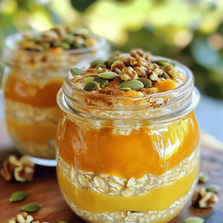 - 1 cup rolled oats - 1 cup milk (dairy or plant-based) - 1/2 cup canned pumpkin puree - 1/2 teaspoon pumpkin pie spice - 1 tablespoon maple syrup (or to taste) - 1/4 teaspoon vanilla extract - 1/4 cup Greek yogurt (optional for creaminess) - A pinch of salt - Chopped nuts and seeds for topping (e.g., walnuts, pumpkin seeds) - Optional: Dried cranberries or raisins To make pumpkin spice overnight oats, you need simple ingredients. First, gather rolled oats. They are the base of this dish. Next, pick your milk. You can use dairy or plant-based milk. Canned pumpkin puree gives the oats a rich flavor. Don't forget the pumpkin pie spice! It adds warmth and sweetness. Maple syrup is perfect for natural sweetness. A touch of vanilla extract will make it taste even better. If you want creaminess, add Greek yogurt. A pinch of salt enhances all the flavors. Finally, you can top the oats with your favorite nuts and seeds. Dried cranberries or raisins are great for a fruity touch. You can find the full recipe [here](#). Enjoy creating a delightful and healthy breakfast! 1. In a medium bowl, combine the rolled oats, milk, pumpkin puree, pumpkin pie spice, maple syrup, vanilla extract, and a pinch of salt. 2. If you want creaminess, mix in Greek yogurt. It makes the oats rich and smooth. 3. Divide the mixture evenly into two jars or containers. Make sure to use lids. 4. Seal the containers tightly and refrigerate them overnight. If you're short on time, let them sit for at least 4 hours. This helps the oats soak up all the flavors. 5. The next morning, give your oats a good stir. Check if it’s too thick. If it is, add a splash of milk to make it just right. 6. Top your overnight oats with chopped nuts, seeds, and dried fruits. This adds a nice crunch and flavor. Enjoy your delicious meal! For the complete recipe, check out the [Full Recipe]. To make your pumpkin spice overnight oats just right, adjust the maple syrup to fit your taste. If you like it sweet, add more syrup. If you prefer it less sweet, cut back. You can also play with spices. Try adding more pumpkin pie spice or even a dash of cinnamon or nutmeg. This way, you can create a flavor that sings to your taste buds. Want your oats to be extra thick? Add chia seeds. They soak up liquid and give a nice texture. You can also mix in different nuts. Walnuts, almonds, or pecans add crunch and flavor. Each nut gives a unique taste, making every bite interesting. Serving your oats in clear jars or bowls makes for a lovely display. You can see the layers of oats and toppings. For a stunning finish, garnish with a sprinkle of pumpkin pie spice and a drizzle of maple syrup. This adds a fancy touch and makes your meal look inviting. For the complete recipe, check out the Full Recipe. {{image_2}} You can easily make this recipe vegan. Just swap the dairy milk for almond or oat milk. This change keeps the creaminess while making it plant-based. If you want a lighter version, leave out the Greek yogurt. The oats still taste great, and you get the pure pumpkin flavor. If you need gluten-free oats, use certified gluten-free rolled oats. They work just as well, so you can enjoy your pumpkin spice overnight oats without worry. Want to mix it up? You can add cocoa powder for a rich chocolate twist. This gives your oats a fun, new flavor. Seasonal fruits like apples or pears also add nutrition and taste. Just chop them up and mix them in. Each variation brings something special to your bowl! Store your pumpkin spice overnight oats in airtight jars. They will stay fresh for up to 5 days. This makes them a great choice for meal prep. You can freeze your oats for longer storage. Just place them in a freezer-safe container. When you want to eat them, thaw in the refrigerator overnight. This keeps the flavor and texture nice. For the best taste, keep your toppings separate. This way, they stay crunchy until you are ready to eat. Enjoy your oats with a perfect mix of creamy and crunchy. Yes, you can make pumpkin spice overnight oats up to 5 days in advance. This makes them a great option for busy mornings. Just store them in airtight containers in the fridge. Each day, you can grab one and enjoy a delicious breakfast without any fuss. Simply add more or less maple syrup to fit your taste. Start with one tablespoon and taste it. If you want it sweeter, add more syrup in small amounts. This way, you can control the flavor perfectly and make it your own. You can swap Greek yogurt for any plant-based yogurt. If you prefer a lighter version, you can skip the yogurt entirely. The oats will still taste great. This gives you options based on your diet and preference. Absolutely! Pumpkin spice overnight oats are perfect for meal prep. You can make several servings at once. Store them in jars, and you have a healthy breakfast ready to go all week. This saves time and keeps your mornings stress-free. In this blog post, we covered how to make delicious pumpkin spice overnight oats. You learned the ingredients needed, easy preparation steps, and tips for enhancing flavor. I shared variations for vegan and gluten-free options, plus storage info to keep them fresh. Pumpkin spice oats are a great meal prep option. They save time and are tasty. Enjoy experimenting with your favorite spices and toppings!