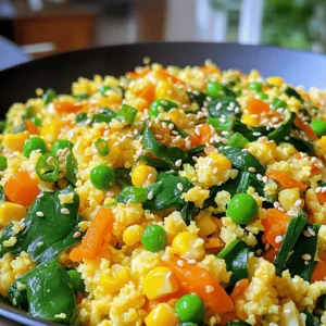 To make a tasty cauliflower fried rice, you will need the following main ingredients: - 1 medium head of cauliflower, grated or processed into rice-sized pieces - 1 cup of mixed vegetables (peas, carrots, corn) - 1 cup fresh spinach, roughly chopped - 2 eggs, lightly beaten (or 1/4 cup tofu for a vegan option) - 3 green onions, sliced - 2 cloves garlic, minced - 1 tablespoon fresh ginger, grated - 3 tablespoons soy sauce or tamari (for gluten-free) - 1 tablespoon sesame oil - 1 tablespoon olive oil - Salt and pepper to taste These ingredients come together to create a colorful and nutritious dish. The cauliflower acts as the base, giving you a satisfying texture. The mixed vegetables add color and nutrients, while the eggs or tofu provide protein. You can enhance the taste of your cauliflower fried rice with a few optional ingredients: - Sesame seeds for garnish - Red pepper flakes for heat - Bell peppers for sweetness - Mushrooms for umami - Peanuts for crunch Adding these optional items can make your dish more exciting. Don’t hesitate to get creative! If you have specific dietary needs, here are some substitutions: - Use quinoa or brown rice instead of cauliflower for a grain option. - Swap soy sauce for coconut aminos if avoiding soy. - Replace eggs with chickpea flour to maintain a vegan dish. - Use any veggies you like, such as zucchini or broccoli. These substitutions allow everyone to enjoy delicious cauliflower fried rice. Feel free to mix and match ingredients based on what you have at home or your dietary restrictions. For the full recipe, refer to the cooking instructions above! To start, grab a medium head of cauliflower. Remove the leaves and core. Cut the cauliflower into small florets. Next, use a food processor to pulse the florets until they look like rice grains. If you do not have a food processor, you can also use a box grater. This step is key for a great texture in your dish. Heat one tablespoon of olive oil in a large skillet over medium heat. Add two cloves of minced garlic and one tablespoon of grated ginger. Sauté for about one minute until they smell good. Next, toss in one cup of mixed vegetables. Stir-fry these for about three to four minutes until they soften. Now, push the veggies to one side of the pan. Pour in two beaten eggs, or you can use tofu for a vegan option. Scramble the eggs until they are fully cooked, then mix them with the veggies. Add the processed cauliflower rice and three tablespoons of soy sauce. Stir everything well to coat it evenly. Cook for another five to seven minutes. Keep stirring until the cauliflower gets tender but stays firm. In the last minute, add one cup of roughly chopped spinach, stirring until it wilts. Season with salt and pepper to taste. Drizzle one tablespoon of sesame oil before you finish cooking. To get the best texture, do not overcook the cauliflower. It should be tender yet not mushy. Using fresh ingredients gives more flavor. You can also add sesame seeds as a nice touch for garnish. Enjoy your delicious cauliflower fried rice! For the complete recipe, check out the Full Recipe section. To prepare cauliflower for fried rice, you can grate or process it. If you have a food processor, this task becomes quick. Cut the cauliflower into small florets. Place them in the processor and pulse until it resembles rice. If you lack a food processor, grab a box grater. Hold the cauliflower steady and grate it until it looks like rice. Both methods work well, so choose what you have on hand. For perfect cauliflower fried rice, the right tools matter. A large non-stick skillet or wok helps prevent sticking. A spatula is great for mixing and flipping the ingredients. If you want even cooking, a lid can trap steam. Using a lid can also help the cauliflower cook through without becoming mushy. This setup leads to a tasty and well-cooked meal. Making cauliflower fried rice is easy, but some mistakes can ruin it. Here are a few to watch out for: - Overcooking the Cauliflower: This can lead to mushy rice. Cook it just until tender. - Using Too Much Sauce: Adding too much soy sauce can make the dish salty. Start with a small amount and adjust to taste. - Not Prepping Ingredients First: Cut and prepare all your ingredients before cooking. This makes cooking smoother and quicker. - Skipping the Seasoning: Don’t forget salt and pepper! They enhance the flavor of the dish. Following these tips ensures your cauliflower fried rice is simple and tasty. For the full recipe, see above. {{image_2}} You can change up the veggies in your cauliflower fried rice. Try using bell peppers, broccoli, or snap peas. Each adds a unique taste and crunch. You can even toss in some zucchini or mushrooms for a savory kick. Be creative! Use any vegetables you like or have on hand. This dish is a great way to use up leftovers. Cauliflower fried rice fits well into many diets. For a vegan option, swap the eggs for tofu. Just crumble it and let it cook with the veggies. If you avoid animal products, this dish remains hearty and filling. You can also add more plant-based protein, like chickpeas or edamame. To boost flavor, consider adding different sauces or spices. You can use hoisin sauce or sriracha for some heat. Fresh herbs like cilantro or basil can brighten each bite. A squeeze of lime juice adds a zesty touch. Don't forget sesame seeds for a nice crunch! These enhancements make every bite exciting and unique. For the full recipe, check the main section above! Store leftover cauliflower fried rice in an airtight container. Keep it in the fridge for up to three days. Make sure it cools down before sealing. This will help it stay fresh longer. To reheat, use a skillet on medium heat. Add a splash of water or oil to prevent sticking. Stir it often for even heating. You can also use a microwave. Heat in short bursts, stirring in between. This keeps the rice from getting soggy. Yes, you can freeze cauliflower fried rice! Place it in a freezer-safe bag or container. Remove as much air as possible to prevent freezer burn. It will stay good for up to three months. To enjoy, simply thaw in the fridge overnight and reheat as mentioned above. Yes, cauliflower fried rice is naturally gluten-free. You can use gluten-free soy sauce or tamari for flavor. This option makes it safe for those with gluten allergies. Many people enjoy this dish without any gluten-related issues. Absolutely! Frozen cauliflower works well in this recipe. Just remember to thaw and drain it first. This step ensures that your dish does not become too watery. It saves time and still gives you a tasty meal. You can boost the flavor of cauliflower fried rice easily. Here are some tips: - Add more spices like chili flakes or black pepper. - Include a splash of rice vinegar for tang. - Mix in fresh herbs like cilantro or basil. - Experiment with different sauces, such as sriracha or hoisin. These additions help you create a dish that excites your taste buds. For the full recipe, check out the [Full Recipe]. Cauliflower fried rice is simple yet versatile. We discussed key ingredients, step-by-step cooking, and tips for the best outcome. You can use different veggies and flavor boosts to suit your taste. Lastly, proper storage is vital for freshness. With these insights, you can create a delicious and healthy dish that fits your needs. Enjoy your cooking, and remember, practice makes perfect!