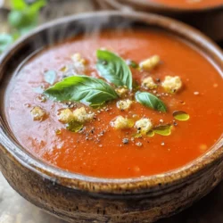 To make creamy tomato basil soup, gather these key ingredients: - 4 cups canned whole tomatoes (with juices) - 1 medium onion, chopped - 3 cloves garlic, minced - 2 cups vegetable broth - 1 cup heavy cream (or coconut cream for dairy-free) - 1 tablespoon olive oil - 1 teaspoon sugar (to balance acidity) - Salt and pepper to taste - 1/2 cup fresh basil leaves, chopped - 1 teaspoon dried oregano - Croutons or toasted bread for serving These simple ingredients make a soup that bursts with flavor. The tomatoes provide a rich base. Onions and garlic add sweetness and depth. The heavy cream makes it smooth and creamy. You can easily adjust this recipe for dietary needs. For a dairy-free option, swap heavy cream for coconut cream. If you're vegan, use vegetable broth and skip the heavy cream. You can also replace sugar with maple syrup or agave nectar. If you need gluten-free options, use gluten-free croutons or serve with rice. Adjusting ingredients can still keep the soup tasty and enjoyable. Fresh basil is the star of this soup. It gives a bright, aromatic flavor that dried herbs can't match. When you chop fresh basil, the oils release and add zest. This herb also gives the soup a lovely green hue. Adding fresh basil at the end of cooking keeps its taste vibrant. It’s best to use basil as soon as possible for the best flavor. It’s a simple addition that turns a good soup into a great one. For the full recipe, check out the details above. Enjoy making this creamy tomato basil soup! First, gather your ingredients. You will need: - 4 cups canned whole tomatoes (with juices) - 1 medium onion, chopped - 3 cloves garlic, minced - 2 cups vegetable broth - 1 cup heavy cream (or coconut cream for dairy-free) - 1 tablespoon olive oil - 1 teaspoon sugar - Salt and pepper to taste - 1/2 cup fresh basil leaves, chopped - 1 teaspoon dried oregano - Croutons or toasted bread for serving Next, chop the onion and mince the garlic. This helps build flavor. Heat the olive oil in a large pot over medium heat. Add the chopped onion. Sauté it until it turns translucent, about 5 minutes. Next, add the minced garlic and dried oregano. Cook for 1-2 minutes until you smell the aroma. This step is important for flavor. Now, pour in the canned tomatoes, along with their juices and the vegetable broth. Stir it well and bring the mixture to a simmer. Let it simmer for 15-20 minutes. Stir occasionally to deepen the flavors. To make the soup smooth, use an immersion blender. Carefully blend until it’s silky. If you use a countertop blender, let the soup cool a bit before blending in batches. This prevents splatters. After blending, return the soup to low heat. Stir in the heavy cream and sugar. Season with salt and pepper. Finally, add the fresh basil. Let it simmer for 5 more minutes to infuse the flavor. For the full recipe, check out the Creamy Tomato Basil Bliss section. Enjoy your delightful soup! To make your creamy tomato basil soup shine, fresh herbs are key. Basil brings a bright taste. I love adding a pinch of dried oregano too. It adds depth to the flavor. You can also try a dash of red pepper flakes for a little heat. For a richer flavor, consider adding a bay leaf while simmering. Just remember to remove it before blending! One common mistake is not cooking the onions well. Sauté them until they are soft and clear. It helps build a great base. Over-blending the soup is another issue. You want a smooth texture but not too thin. Lastly, don't skip the sugar. It balances the acidity of the tomatoes. This small step makes a big difference! This soup pairs well with many sides. A classic choice is grilled cheese. The crispy bread and gooey cheese complement the soup perfectly. You can also serve it with a fresh salad. A light, crunchy salad offers a nice contrast. For a fun touch, add croutons or toasted bread on top. They add crunch and texture! For the full recipe, check out the instructions above. {{image_2}} If you want a dairy-free option, use coconut cream instead of heavy cream. It adds a rich taste and keeps the soup creamy. You can also use almond or oat milk for a lighter version. These options work well and keep the soup tasty. Fresh tomatoes can elevate this soup. If you choose this route, use about 2 pounds of ripe tomatoes. Start by blanching them to remove the skins easily. Chop the tomatoes and add them to the pot with the broth. This adds a bright, fresh flavor that canned tomatoes can’t match. You can boost nutrition by adding protein or veggies. Try adding cooked lentils or chickpeas for protein. Spinach or kale can add greens and color. Just stir them in during the last few minutes of cooking. This way, they stay tender and vibrant. Each option makes your soup heartier and more filling. For the full recipe, check out the Creamy Tomato Basil Bliss ! To keep your creamy tomato basil soup fresh, store it in a sealed container. Make sure the soup has cooled down before sealing. This helps prevent condensation. You can keep it in the fridge for up to four days. If you want to enjoy it later, consider freezing. When you’re ready to heat the soup, pour it into a pot over medium heat. Stir it often to avoid sticking. You can also use a microwave. Place it in a microwave-safe bowl, cover it, and heat in short bursts. Stir in between to heat evenly. To freeze your creamy tomato basil soup, let it cool completely first. Pour the soup into freezer-safe bags or containers. Leave some space at the top, as the soup will expand when frozen. It can last for up to three months in the freezer. When ready to eat, thaw it overnight in the fridge before reheating. For the complete recipe to make this delicious soup, check out the Full Recipe. To make creamy tomato basil soup, start by gathering your ingredients. You need canned tomatoes, onion, garlic, vegetable broth, heavy cream, olive oil, sugar, salt, pepper, fresh basil, and oregano. First, heat olive oil in a pot. Add chopped onion and sauté it until soft. Toss in minced garlic and dried oregano. Cook for a couple of minutes until you smell the garlic. Next, pour in the canned tomatoes and broth. Stir well and let it simmer for 15 to 20 minutes. This step brings out the flavors. After that, blend the soup until it’s smooth. You can use an immersion blender or a countertop blender. Return the pureed soup to low heat and mix in the heavy cream and sugar. Season with salt and pepper. Finally, add in the fresh basil and let it cook for five more minutes. Serve hot and enjoy your creamy tomato basil soup! Yes, you can use canned tomatoes in this recipe. Canned tomatoes are often ripe and full of flavor. They save time and make cooking easier. When you use canned tomatoes, choose whole tomatoes with their juices. This adds depth to your soup. If you prefer fresh tomatoes, you can use them too. Just make sure to peel and chop them first. Creamy tomato basil soup pairs well with many sides. You can serve it with croutons or toasted bread for a crunchy contrast. A simple salad with mixed greens also works well. Grilled cheese sandwiches are a classic choice. They add a nice gooey texture and flavor. You can also enjoy the soup with a side of garlic bread. Each option enhances the soup's rich taste and makes for a satisfying meal. This blog post covered how to make creamy tomato basil soup. We discussed key ingredients, cooking steps, and storage tips. Always use fresh basil for the best flavor. Avoid common mistakes to make your soup great. You can also try different variations, like dairy-free options or adding protein. With these tips, you can create a delicious soup. Enjoy experimenting with flavors and share it with others. Your kitchen adventures can turn simple ingredients into a fantastic meal. Happy cooking!