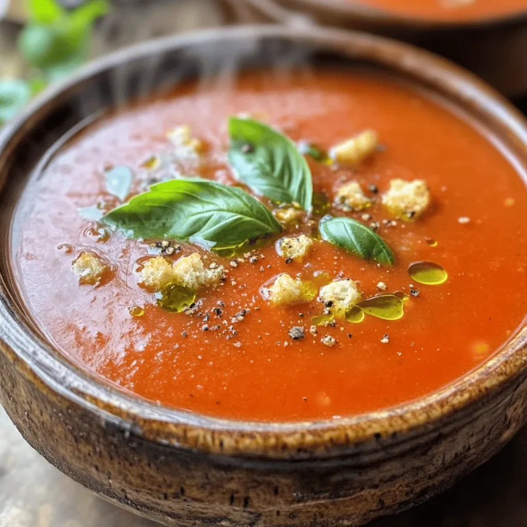 To make creamy tomato basil soup, gather these key ingredients: - 4 cups canned whole tomatoes (with juices) - 1 medium onion, chopped - 3 cloves garlic, minced - 2 cups vegetable broth - 1 cup heavy cream (or coconut cream for dairy-free) - 1 tablespoon olive oil - 1 teaspoon sugar (to balance acidity) - Salt and pepper to taste - 1/2 cup fresh basil leaves, chopped - 1 teaspoon dried oregano - Croutons or toasted bread for serving These simple ingredients make a soup that bursts with flavor. The tomatoes provide a rich base. Onions and garlic add sweetness and depth. The heavy cream makes it smooth and creamy. You can easily adjust this recipe for dietary needs. For a dairy-free option, swap heavy cream for coconut cream. If you're vegan, use vegetable broth and skip the heavy cream. You can also replace sugar with maple syrup or agave nectar. If you need gluten-free options, use gluten-free croutons or serve with rice. Adjusting ingredients can still keep the soup tasty and enjoyable. Fresh basil is the star of this soup. It gives a bright, aromatic flavor that dried herbs can't match. When you chop fresh basil, the oils release and add zest. This herb also gives the soup a lovely green hue. Adding fresh basil at the end of cooking keeps its taste vibrant. It’s best to use basil as soon as possible for the best flavor. It’s a simple addition that turns a good soup into a great one. For the full recipe, check out the details above. Enjoy making this creamy tomato basil soup! First, gather your ingredients. You will need: - 4 cups canned whole tomatoes (with juices) - 1 medium onion, chopped - 3 cloves garlic, minced - 2 cups vegetable broth - 1 cup heavy cream (or coconut cream for dairy-free) - 1 tablespoon olive oil - 1 teaspoon sugar - Salt and pepper to taste - 1/2 cup fresh basil leaves, chopped - 1 teaspoon dried oregano - Croutons or toasted bread for serving Next, chop the onion and mince the garlic. This helps build flavor. Heat the olive oil in a large pot over medium heat. Add the chopped onion. Sauté it until it turns translucent, about 5 minutes. Next, add the minced garlic and dried oregano. Cook for 1-2 minutes until you smell the aroma. This step is important for flavor. Now, pour in the canned tomatoes, along with their juices and the vegetable broth. Stir it well and bring the mixture to a simmer. Let it simmer for 15-20 minutes. Stir occasionally to deepen the flavors. To make the soup smooth, use an immersion blender. Carefully blend until it’s silky. If you use a countertop blender, let the soup cool a bit before blending in batches. This prevents splatters. After blending, return the soup to low heat. Stir in the heavy cream and sugar. Season with salt and pepper. Finally, add the fresh basil. Let it simmer for 5 more minutes to infuse the flavor. For the full recipe, check out the Creamy Tomato Basil Bliss section. Enjoy your delightful soup! To make your creamy tomato basil soup shine, fresh herbs are key. Basil brings a bright taste. I love adding a pinch of dried oregano too. It adds depth to the flavor. You can also try a dash of red pepper flakes for a little heat. For a richer flavor, consider adding a bay leaf while simmering. Just remember to remove it before blending! One common mistake is not cooking the onions well. Sauté them until they are soft and clear. It helps build a great base. Over-blending the soup is another issue. You want a smooth texture but not too thin. Lastly, don't skip the sugar. It balances the acidity of the tomatoes. This small step makes a big difference! This soup pairs well with many sides. A classic choice is grilled cheese. The crispy bread and gooey cheese complement the soup perfectly. You can also serve it with a fresh salad. A light, crunchy salad offers a nice contrast. For a fun touch, add croutons or toasted bread on top. They add crunch and texture! For the full recipe, check out the instructions above. {{image_2}} If you want a dairy-free option, use coconut cream instead of heavy cream. It adds a rich taste and keeps the soup creamy. You can also use almond or oat milk for a lighter version. These options work well and keep the soup tasty. Fresh tomatoes can elevate this soup. If you choose this route, use about 2 pounds of ripe tomatoes. Start by blanching them to remove the skins easily. Chop the tomatoes and add them to the pot with the broth. This adds a bright, fresh flavor that canned tomatoes can’t match. You can boost nutrition by adding protein or veggies. Try adding cooked lentils or chickpeas for protein. Spinach or kale can add greens and color. Just stir them in during the last few minutes of cooking. This way, they stay tender and vibrant. Each option makes your soup heartier and more filling. For the full recipe, check out the Creamy Tomato Basil Bliss ! To keep your creamy tomato basil soup fresh, store it in a sealed container. Make sure the soup has cooled down before sealing. This helps prevent condensation. You can keep it in the fridge for up to four days. If you want to enjoy it later, consider freezing. When you’re ready to heat the soup, pour it into a pot over medium heat. Stir it often to avoid sticking. You can also use a microwave. Place it in a microwave-safe bowl, cover it, and heat in short bursts. Stir in between to heat evenly. To freeze your creamy tomato basil soup, let it cool completely first. Pour the soup into freezer-safe bags or containers. Leave some space at the top, as the soup will expand when frozen. It can last for up to three months in the freezer. When ready to eat, thaw it overnight in the fridge before reheating. For the complete recipe to make this delicious soup, check out the Full Recipe. To make creamy tomato basil soup, start by gathering your ingredients. You need canned tomatoes, onion, garlic, vegetable broth, heavy cream, olive oil, sugar, salt, pepper, fresh basil, and oregano. First, heat olive oil in a pot. Add chopped onion and sauté it until soft. Toss in minced garlic and dried oregano. Cook for a couple of minutes until you smell the garlic. Next, pour in the canned tomatoes and broth. Stir well and let it simmer for 15 to 20 minutes. This step brings out the flavors. After that, blend the soup until it’s smooth. You can use an immersion blender or a countertop blender. Return the pureed soup to low heat and mix in the heavy cream and sugar. Season with salt and pepper. Finally, add in the fresh basil and let it cook for five more minutes. Serve hot and enjoy your creamy tomato basil soup! Yes, you can use canned tomatoes in this recipe. Canned tomatoes are often ripe and full of flavor. They save time and make cooking easier. When you use canned tomatoes, choose whole tomatoes with their juices. This adds depth to your soup. If you prefer fresh tomatoes, you can use them too. Just make sure to peel and chop them first. Creamy tomato basil soup pairs well with many sides. You can serve it with croutons or toasted bread for a crunchy contrast. A simple salad with mixed greens also works well. Grilled cheese sandwiches are a classic choice. They add a nice gooey texture and flavor. You can also enjoy the soup with a side of garlic bread. Each option enhances the soup's rich taste and makes for a satisfying meal. This blog post covered how to make creamy tomato basil soup. We discussed key ingredients, cooking steps, and storage tips. Always use fresh basil for the best flavor. Avoid common mistakes to make your soup great. You can also try different variations, like dairy-free options or adding protein. With these tips, you can create a delicious soup. Enjoy experimenting with flavors and share it with others. Your kitchen adventures can turn simple ingredients into a fantastic meal. Happy cooking!