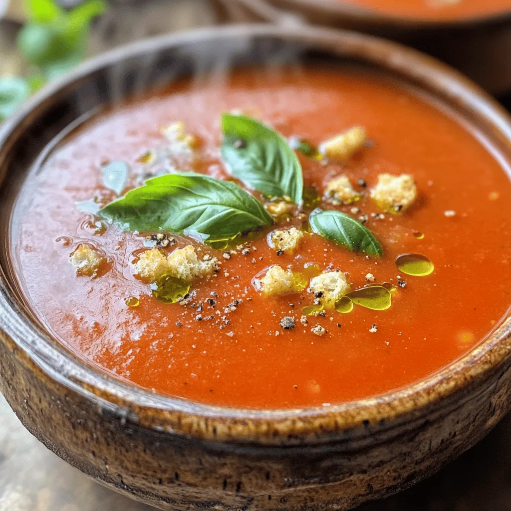 To make creamy tomato basil soup, gather these key ingredients: - 4 cups canned whole tomatoes (with juices) - 1 medium onion, chopped - 3 cloves garlic, minced - 2 cups vegetable broth - 1 cup heavy cream (or coconut cream for dairy-free) - 1 tablespoon olive oil - 1 teaspoon sugar (to balance acidity) - Salt and pepper to taste - 1/2 cup fresh basil leaves, chopped - 1 teaspoon dried oregano - Croutons or toasted bread for serving These simple ingredients make a soup that bursts with flavor. The tomatoes provide a rich base. Onions and garlic add sweetness and depth. The heavy cream makes it smooth and creamy. You can easily adjust this recipe for dietary needs. For a dairy-free option, swap heavy cream for coconut cream. If you're vegan, use vegetable broth and skip the heavy cream. You can also replace sugar with maple syrup or agave nectar. If you need gluten-free options, use gluten-free croutons or serve with rice. Adjusting ingredients can still keep the soup tasty and enjoyable. Fresh basil is the star of this soup. It gives a bright, aromatic flavor that dried herbs can't match. When you chop fresh basil, the oils release and add zest. This herb also gives the soup a lovely green hue. Adding fresh basil at the end of cooking keeps its taste vibrant. It’s best to use basil as soon as possible for the best flavor. It’s a simple addition that turns a good soup into a great one. For the full recipe, check out the details above. Enjoy making this creamy tomato basil soup! First, gather your ingredients. You will need: - 4 cups canned whole tomatoes (with juices) - 1 medium onion, chopped - 3 cloves garlic, minced - 2 cups vegetable broth - 1 cup heavy cream (or coconut cream for dairy-free) - 1 tablespoon olive oil - 1 teaspoon sugar - Salt and pepper to taste - 1/2 cup fresh basil leaves, chopped - 1 teaspoon dried oregano - Croutons or toasted bread for serving Next, chop the onion and mince the garlic. This helps build flavor. Heat the olive oil in a large pot over medium heat. Add the chopped onion. Sauté it until it turns translucent, about 5 minutes. Next, add the minced garlic and dried oregano. Cook for 1-2 minutes until you smell the aroma. This step is important for flavor. Now, pour in the canned tomatoes, along with their juices and the vegetable broth. Stir it well and bring the mixture to a simmer. Let it simmer for 15-20 minutes. Stir occasionally to deepen the flavors. To make the soup smooth, use an immersion blender. Carefully blend until it’s silky. If you use a countertop blender, let the soup cool a bit before blending in batches. This prevents splatters. After blending, return the soup to low heat. Stir in the heavy cream and sugar. Season with salt and pepper. Finally, add the fresh basil. Let it simmer for 5 more minutes to infuse the flavor. For the full recipe, check out the Creamy Tomato Basil Bliss section. Enjoy your delightful soup! To make your creamy tomato basil soup shine, fresh herbs are key. Basil brings a bright taste. I love adding a pinch of dried oregano too. It adds depth to the flavor. You can also try a dash of red pepper flakes for a little heat. For a richer flavor, consider adding a bay leaf while simmering. Just remember to remove it before blending! One common mistake is not cooking the onions well. Sauté them until they are soft and clear. It helps build a great base. Over-blending the soup is another issue. You want a smooth texture but not too thin. Lastly, don't skip the sugar. It balances the acidity of the tomatoes. This small step makes a big difference! This soup pairs well with many sides. A classic choice is grilled cheese. The crispy bread and gooey cheese complement the soup perfectly. You can also serve it with a fresh salad. A light, crunchy salad offers a nice contrast. For a fun touch, add croutons or toasted bread on top. They add crunch and texture! For the full recipe, check out the instructions above. {{image_2}} If you want a dairy-free option, use coconut cream instead of heavy cream. It adds a rich taste and keeps the soup creamy. You can also use almond or oat milk for a lighter version. These options work well and keep the soup tasty. Fresh tomatoes can elevate this soup. If you choose this route, use about 2 pounds of ripe tomatoes. Start by blanching them to remove the skins easily. Chop the tomatoes and add them to the pot with the broth. This adds a bright, fresh flavor that canned tomatoes can’t match. You can boost nutrition by adding protein or veggies. Try adding cooked lentils or chickpeas for protein. Spinach or kale can add greens and color. Just stir them in during the last few minutes of cooking. This way, they stay tender and vibrant. Each option makes your soup heartier and more filling. For the full recipe, check out the Creamy Tomato Basil Bliss ! To keep your creamy tomato basil soup fresh, store it in a sealed container. Make sure the soup has cooled down before sealing. This helps prevent condensation. You can keep it in the fridge for up to four days. If you want to enjoy it later, consider freezing. When you’re ready to heat the soup, pour it into a pot over medium heat. Stir it often to avoid sticking. You can also use a microwave. Place it in a microwave-safe bowl, cover it, and heat in short bursts. Stir in between to heat evenly. To freeze your creamy tomato basil soup, let it cool completely first. Pour the soup into freezer-safe bags or containers. Leave some space at the top, as the soup will expand when frozen. It can last for up to three months in the freezer. When ready to eat, thaw it overnight in the fridge before reheating. For the complete recipe to make this delicious soup, check out the Full Recipe. To make creamy tomato basil soup, start by gathering your ingredients. You need canned tomatoes, onion, garlic, vegetable broth, heavy cream, olive oil, sugar, salt, pepper, fresh basil, and oregano. First, heat olive oil in a pot. Add chopped onion and sauté it until soft. Toss in minced garlic and dried oregano. Cook for a couple of minutes until you smell the garlic. Next, pour in the canned tomatoes and broth. Stir well and let it simmer for 15 to 20 minutes. This step brings out the flavors. After that, blend the soup until it’s smooth. You can use an immersion blender or a countertop blender. Return the pureed soup to low heat and mix in the heavy cream and sugar. Season with salt and pepper. Finally, add in the fresh basil and let it cook for five more minutes. Serve hot and enjoy your creamy tomato basil soup! Yes, you can use canned tomatoes in this recipe. Canned tomatoes are often ripe and full of flavor. They save time and make cooking easier. When you use canned tomatoes, choose whole tomatoes with their juices. This adds depth to your soup. If you prefer fresh tomatoes, you can use them too. Just make sure to peel and chop them first. Creamy tomato basil soup pairs well with many sides. You can serve it with croutons or toasted bread for a crunchy contrast. A simple salad with mixed greens also works well. Grilled cheese sandwiches are a classic choice. They add a nice gooey texture and flavor. You can also enjoy the soup with a side of garlic bread. Each option enhances the soup's rich taste and makes for a satisfying meal. This blog post covered how to make creamy tomato basil soup. We discussed key ingredients, cooking steps, and storage tips. Always use fresh basil for the best flavor. Avoid common mistakes to make your soup great. You can also try different variations, like dairy-free options or adding protein. With these tips, you can create a delicious soup. Enjoy experimenting with flavors and share it with others. Your kitchen adventures can turn simple ingredients into a fantastic meal. Happy cooking!