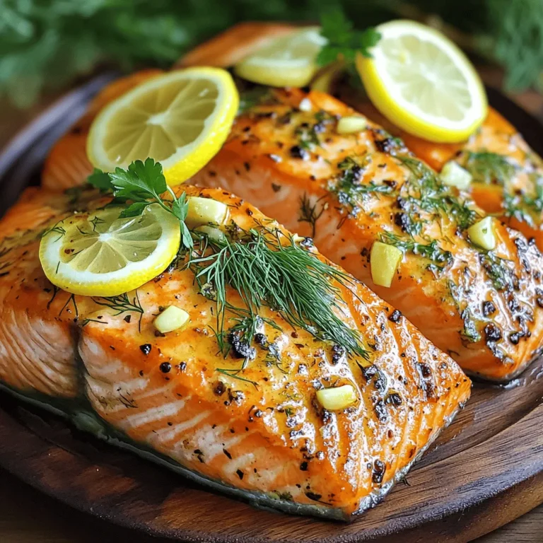 To make Lemon Herb Grilled Salmon, you need fresh and simple ingredients. Here’s what you’ll need: - 4 salmon fillets (about 6 oz each) - 2 tablespoons olive oil - Zest and juice of 2 lemons - 3 cloves garlic, minced - 1 tablespoon fresh dill, chopped - 1 tablespoon fresh parsley, chopped - 1 teaspoon salt - 1/2 teaspoon black pepper - Lemon slices for garnish - Fresh herbs for garnish (additional dill and parsley) These ingredients work together to create a bright and tasty dish. The salmon shines with flavors from the lemon and herbs. I love using fresh herbs in my cooking. They add flavor and freshness. For this recipe, I recommend: - Dill: It has a light, grassy taste. - Parsley: It adds a fresh, earthy flavor. You can use other herbs too! Basil or cilantro can give a fun twist. Mix and match to find your favorite! The marinade is key for flavor. Here are fresh ingredients you should use: - Olive oil: This adds richness. - Garlic: This gives a nice punch. - Lemon zest and juice: These bring brightness and acidity. Make sure to let the salmon soak in this marinade. It helps the flavors blend beautifully. For the full recipe, check out the detailed steps. To start, grab a medium bowl. You will need to mix your marinade. Add 2 tablespoons of olive oil. Then, zest and juice 2 lemons. The zest gives a nice kick. Next, add 3 minced garlic cloves. They add a great flavor. Now, chop 1 tablespoon of fresh dill and parsley. Toss these in too. Finally, add 1 teaspoon of salt and 1/2 teaspoon of black pepper. Whisk everything together until smooth. This simple marinade will make your salmon shine. Now, let’s prep the salmon. Take 4 salmon fillets and place them skin-side down in a shallow dish or resealable bag. Pour the marinade over the salmon. Make sure each piece is covered well. Cover the dish or seal the bag. You’ll want to refrigerate it for at least 30 minutes. If you can wait an hour, the flavors will deepen even more. This step is key to a tasty salmon. Time to fire up the grill! Preheat your grill to medium-high heat. If using a grill pan, heat it on the stove. While it warms up, take the salmon out of the marinade. Let the excess marinade drip off. Discard the leftover marinade to keep things safe. Now, place the salmon fillets on the grill, skin-side down. Grill them for 4-6 minutes. Look for the edges to turn opaque. This shows they are cooking well. Carefully flip the salmon with a spatula. Grill for another 3-5 minutes. The salmon should flake easily when done. When it’s ready, take it off the grill and let it rest for a couple of minutes. Serve your beautiful grilled salmon on a plate. Add fresh lemon slices and herbs for a lovely touch. This dish is bright, fresh, and full of flavor. For the full recipe, check the earlier section. Enjoy your meal! When picking salmon, look for bright color and firm texture. Fresh salmon should smell like the ocean, not fishy. If you can, buy wild-caught salmon. It tastes better and is healthier. Ask your fishmonger for advice. They can guide you to the best catch of the day. Get your grill hot before cooking. Aim for medium-high heat, around 375°F to 400°F. You can test this by holding your hand above the grill. If you can only hold it there for 2-3 seconds, it’s ready. A properly heated grill gives the salmon nice grill marks and keeps it juicy. Serve your grilled salmon with a fresh salad. A mix of greens, cherry tomatoes, and cucumber pairs well. You can also add a side of quinoa or brown rice for a healthy touch. Drizzle some extra lemon juice over the top for added flavor. Don’t forget to garnish with lemon slices and herbs for a beautiful plate. For the full recipe, check the earlier section. {{image_2}} You can change the flavor of your Lemon Herb Grilled Salmon by using different herbs. Try using basil or cilantro for a fresh twist. You can also add a pinch of red pepper flakes for heat. Experiment with tarragon or thyme to give your dish a unique taste. Each herb brings its own charm to the salmon, so feel free to mix and match. If you don’t have a grill, you can use your oven or air fryer. Preheat your oven to 400°F (200°C). Place the marinated salmon on a baking sheet lined with parchment paper. Bake for 12-15 minutes or until the salmon flakes easily. For the air fryer, set it to 375°F (190°C) and cook for about 8-10 minutes. Both methods provide a lovely, tender salmon. If you want to switch things up, you can use other proteins. Chicken breast works well with the same marinade. Just adjust cooking times. You can also use shrimp; they cook quickly and soak up the flavors nicely. For a plant-based option, try firm tofu. The marinade will give it a zing that pairs well with any side dish. For the full recipe, check out the complete guide. You can store leftover salmon in an airtight container. Let the salmon cool first. Place it in the fridge within two hours of cooking. If you have more than one piece, stack them with parchment paper between layers. This keeps them from sticking together. To reheat grilled salmon, use the oven for the best taste. Preheat your oven to 275°F (135°C). Place salmon on a baking sheet. Cover it loosely with foil to keep it moist. Heat for about 15 minutes, or until warm. You can also use a microwave. Heat it on low for about 30 seconds. Check often to avoid overcooking. Grilled salmon stays fresh for about 3 to 4 days in the fridge. Make sure to check for any signs of spoilage. If you want to keep it longer, freeze it. Wrap the salmon tightly in plastic wrap and then in foil. Frozen grilled salmon lasts up to 3 months. When you're ready to eat it, thaw it in the fridge overnight. This helps keep the texture nice. For the full recipe, click here. Yes, you can use frozen salmon. Just make sure to thaw it first. Place the salmon in the fridge overnight for best results. If you're short on time, you can run it under cold water for about 30 minutes. Once thawed, pat the salmon dry with paper towels. This helps the marinade stick better. To check if your salmon is cooked, look for color. The salmon should turn from a bright pink to a pale, opaque color. You can also use a fork to test it. Gently poke it, and if it flakes easily, it's done. The internal temperature should reach 145°F. A meat thermometer can help you with this. Lemon Herb Grilled Salmon goes well with many sides. Here are some great options: - Steamed broccoli or asparagus - Garlic mashed potatoes - Quinoa salad with veggies - Mixed green salad with vinaigrette - Rice pilaf with herbs These sides enhance the flavors of the salmon and make a complete meal. For full details on this recipe, check the Full Recipe. In this post, we explored how to make Lemon Herb Grilled Salmon. You learned about key ingredients, fresh herb choices, and great marinade ideas. I shared step-by-step instructions for preparing, marinating, and grilling the salmon to perfection. Tips on selecting the best salmon and serving ideas added value. We also discussed variations and important storage information. Finally, I answered common questions about cooking and pairing. Enjoy your cooking and impress your guests with this fresh and tasty dish!