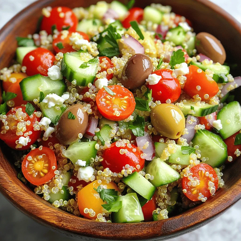 - 1 cup quinoa, rinsed - 2 cups vegetable broth - 1 cup cherry tomatoes, halved - 1 cucumber, diced - 1/2 red bell pepper, chopped - 1/2 red onion, finely chopped - 1/3 cup Kalamata olives, pitted and sliced - 1/2 cup feta cheese, crumbled - 1/4 cup fresh parsley, chopped - 3 tablespoons olive oil - 2 tablespoons lemon juice - 1 teaspoon dried oregano - Salt and black pepper to taste To make this savory quinoa salad, you need some key ingredients. First, quinoa is the star of the show. It is nutritious and gluten-free. You will also want fresh vegetables like cherry tomatoes, cucumber, and bell pepper. These add color and crunch. Feta cheese brings a creamy, salty flavor that ties it all together. Lastly, the dressing, made from olive oil and lemon juice, brightens up the dish. - Nuts and seeds - Additional herbs You can customize your salad with optional add-ins. Nuts and seeds add crunch and healthy fats. Sunflower seeds or walnuts work well. Fresh herbs like basil or mint can give extra flavor. Experiment with what you love! - Measuring cups and spoons - Mixing bowls - Cooking pot To prepare this salad, you will need some basic kitchen tools. Measuring cups and spoons help with accurate portions. Mixing bowls are essential for combining your ingredients. A cooking pot is needed to cook the quinoa. Having the right tools makes cooking easier and more fun. For the full recipe, be sure to check out the complete instructions. Boiling the Vegetable Broth Start by pouring 2 cups of vegetable broth into a medium saucepan. Heat it on high until it boils. Watch closely to avoid spills. Simmering the Quinoa Once the broth is boiling, add 1 cup of rinsed quinoa. Cover the pot and turn the heat down to low. Let it simmer for about 15 minutes. The liquid should absorb, and the quinoa will get fluffy. When done, remove it from heat and let it cool for a few minutes. Fluff the quinoa with a fork, then set it aside. Chopping and Dicing While your quinoa cooks, grab your fresh veggies. Chop 1 cucumber, halve 1 cup of cherry tomatoes, and chop 1/2 red bell pepper. Finely chop 1/2 red onion. Slice 1/3 cup of Kalamata olives. Combining Ingredients In a large bowl, mix all your chopped veggies. This bowl will soon hold all the vibrant flavors of your salad. Creating the Dressing In a small bowl, whisk together 3 tablespoons of olive oil, 2 tablespoons of lemon juice, and 1 teaspoon of dried oregano. Add salt and black pepper to taste. This dressing brings all the flavors together. Tossing Ingredients Pour your dressing over the quinoa and vegetable mixture. Gently toss everything until well combined. Add 1/2 cup of crumbled feta cheese and 1/4 cup of chopped parsley. Toss lightly again to mix them in. Enjoy the bright colors and fresh scents! For the complete steps, check the [Full Recipe]. Rinsing quinoa is key. It removes a bitter coating called saponin. To rinse, place the quinoa in a fine-mesh strainer. Run cold water over it for about a minute. This simple step makes a big difference in flavor. Fluffing quinoa is equally important. After cooking, let it sit for a few minutes. Then, use a fork to gently fluff it. This helps separate the grains and keeps the texture light. For the best pairings, consider adding grilled chicken or shrimp. Both add protein and flavor. You can also serve the salad alongside a warm pita. This adds a nice touch to your meal. Plating is vital for visual appeal. Serve the salad in a large, colorful bowl. You can also use individual plates. Garnish with extra parsley and a drizzle of olive oil. This makes the dish pop. You can play with sweet or savory additions. Try adding diced apples or dried cranberries for sweetness. For a savory touch, consider adding capers or extra olives. Explore different dressing alternatives. Instead of lemon juice, try balsamic vinegar. You can also mix in yogurt for a creamy texture. These changes can give your salad a new life. For the full recipe, check out the complete steps to make your Savory Quinoa Salad with Feta! {{image_2}} You can brighten up your salad with a Mediterranean twist. Adding roasted vegetables gives a fun texture. Just toss in some zucchini, bell peppers, or eggplant. Roast them until they are golden. This adds a warm, rich flavor to your dish. You can also include artichokes or sun-dried tomatoes. Both options boost taste and bring a tangy kick. Artichokes add a unique texture and flavor. Sun-dried tomatoes add sweetness and depth. These small changes can make your salad feel fresh and exciting. For a protein boost, consider adding grilled chicken. Just slice it and mix it in. This makes the salad more filling and hearty. Chickpeas or black beans are great plant-based options too. They provide protein and fiber. Simply rinse and add them to the salad. Either choice keeps the dish healthy and satisfying. If you want to keep it vegan, simply omit the feta cheese. The salad will still be delicious and full of flavor. You can substitute feta with plant-based alternatives. Look for vegan feta made from nuts or tofu. These swaps keep your meal tasty while meeting dietary needs. You can enjoy a vibrant salad without losing any flavor! To keep your savory quinoa salad fresh, store it in the fridge. Place the salad in an airtight container. This helps lock in moisture and flavor. I like using glass containers because they don’t stain and are easy to clean. If you want to save the salad for later, freezing is a great option. Scoop the salad into freezer-safe bags. Make sure to squeeze out as much air as you can before sealing. When you are ready to eat, thaw it in the fridge overnight. Reheat it in a pan on low heat, or enjoy it cold! How long will it last? In the fridge, your salad should be good for 3 to 5 days. If you freeze it, it can last up to 3 months. Signs of spoilage include a sour smell or change in color. If you see any mold, throw it away! Enjoy your salad fresh for the best taste. For the full recipe, check out the section above. You can try several cheeses in this salad. Here are some great options: - Goat cheese for a creamy texture. - Ricotta cheese for a mild flavor. - Cotija cheese for a crumbly bite. - Parmesan for a sharper taste. Each cheese adds its own twist to the salad, making it fun to experiment! Yes, you can prepare this salad ahead of time! It stays fresh in the fridge for up to three days. Just keep the dressing separate until you're ready to eat. This way, the salad stays crisp and tasty. Yes, quinoa is gluten-free. It comes from a seed, not a grain. Many people who have gluten sensitivities or celiac disease can enjoy quinoa safely. It’s also packed with protein and fiber, making it a healthy choice for everyone. In this blog post, we explored how to make a fresh quinoa salad. We covered main ingredients, optional add-ins, and the right tools. You learned how to cook quinoa and prepare vegetables. I shared tips for perfecting the dish and suggested variations for more flavors. Remember to store your salad properly for the best taste. With these steps and tips, you can enjoy a delicious, healthy meal. Try it out and customize it to fit your taste.