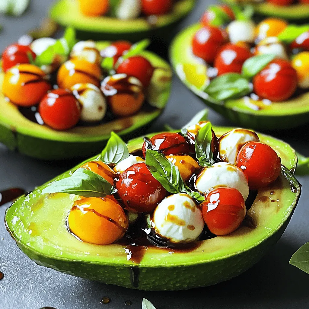 - 2 ripe avocados - 1 cup cherry tomatoes, halved - 1 cup fresh mozzarella balls (bocconcini), halved - 1/4 cup fresh basil leaves, chopped - 2 tablespoons balsamic glaze - 1 tablespoon olive oil - Salt and pepper to taste - Knife - Spoon - Medium bowl To make Caprese stuffed avocados, you need a few fresh ingredients. Start with ripe avocados. The ripeness is key for a creamy texture. Next, grab some cherry tomatoes. They add sweetness and a nice pop of color. Fresh mozzarella balls give a rich flavor and soft bite. You will also need fresh basil leaves for that aromatic touch. Balsamic glaze adds a sweet tang, while olive oil brings depth. Don’t forget salt and pepper for seasoning. For tools, you need a sharp knife to cut the avocados. A spoon helps scoop out the flesh. Lastly, a medium bowl lets you mix all the yummy ingredients together. This simple setup makes the dish easy to prepare. You can find the full recipe in the article. Enjoy cooking! - Cut the avocados in half and remove the pits. - Scoop out small portions of the flesh from each half. Start by cutting the ripe avocados in half. Use a sharp knife for this. Be careful not to cut too deep! Once you cut them, twist to separate the halves. Remove the pit with a spoon or knife. Next, scoop out a small amount of the flesh. This creates space for the tasty filling. Set the scooped avocado aside. - Combine tomatoes, mozzarella, and basil in a bowl. - Drizzle with olive oil and season. In a medium bowl, mix the halved cherry tomatoes, mozzarella balls, and chopped basil. Stir gently to combine. This mix will bring fresh flavors. Next, drizzle olive oil over the mixture. Add salt and pepper to taste. Toss everything together until well coated. - Generously spoon the filling into avocado halves. - Drizzle balsamic glaze over the stuffed avocados. Now, take your delicious filling and spoon it into the avocado halves. Fill them generously to create a colorful dish. Finally, drizzle balsamic glaze over the stuffed avocados. This adds a sweet and tangy touch. Enjoy your fresh and tasty Caprese stuffed avocados! You can find the full recipe in the article above. To pick the best avocados, gently squeeze them. They should feel firm but yield slightly. Look for a dark green color. It shows ripeness. A ripe avocado has a slight give when pressed. Avoid avocados that feel mushy or have large dark spots. These signs mean they are overripe. Overripe avocados can taste bitter and may have brown flesh. Make your Caprese stuffed avocados pop! Use a colorful plate to show off the bright ingredients. You can cut the avocados in half for a fun display. Add extra basil leaves on top for a fresh look. These stuffed avocados pair well with grilled chicken or toasted bread. They also go great with a light salad. For a fun twist, serve them with garlic bread or a simple pasta dish. Looking for more ideas? Check out the Full Recipe for tips on how to take this dish to the next level! {{image_2}} You can easily change the cheese in this recipe. If you want a stronger taste, try using feta cheese. Goat cheese also works well for a tangy twist. Both options add a nice flavor without losing the essence of a Caprese dish. You can also switch up the vegetables. Add bell peppers, cucumbers, or even spinach. In summer, fresh corn or zucchini can give your dish a refreshing touch. In winter, roasted red peppers or artichoke hearts can add warmth. Be creative with what you have! To make this dish vegan, skip the cheese. Instead, try using avocado or a plant-based cheese alternative. You can also add nuts like pine nuts or walnuts for extra texture. These changes keep it fresh and tasty! If you need gluten-free options, rest easy. All the ingredients in this recipe are gluten-free. Just pair your stuffed avocados with gluten-free crackers or bread for a complete meal. Enjoy the flavors without any worries! For the full recipe, check out the details above. To keep leftover Caprese stuffed avocados fresh, cover them with plastic wrap. This helps keep air away from the avocado flesh. You can store them in the fridge for up to three hours. If you want to enjoy them later, try to eat them as soon as you can for the best taste. You should not freeze stuffed avocados. Freezing changes their texture and taste. Instead, store the filling ingredients separately. You can freeze cherry tomatoes and mozzarella balls for later use. Just make sure to thaw them before mixing. This way, you can enjoy your Caprese flavors anytime! You can serve Caprese stuffed avocados with a variety of dishes. Here are some great options: - Grilled chicken or fish for a protein boost. - A fresh green salad with lemon vinaigrette. - Crusty bread or garlic bread for a delightful crunch. - Pasta salad for added flavor and texture. These pairings enhance the meal and bring out the flavors of the avocados. To keep avocados fresh, use these easy tips: - Apply lemon or lime juice to the flesh. The acid slows browning. - Store them in an airtight container. - Cover with plastic wrap, pressing it against the avocado's surface. These methods help maintain that vibrant green color, so your dish looks great longer. Yes, you can prepare stuffed avocados in advance! Here’s how: - Make the filling ahead of time and store it in the fridge. - Cut and scoop avocados just before serving. - If you need to prepare them earlier, use lemon juice to slow browning. This way, you can enjoy the fresh taste without stress! This Caprese stuffed avocados recipe makes four servings. Each avocado half is a perfect portion. You can easily adjust the recipe to serve more by using more avocados. Enjoy this tasty and fresh delight with family or friends! For the full recipe, check back to the ingredient list above. Caprese stuffed avocados combine fresh ingredients for a tasty treat. We covered the key steps, from prepping avocados to mixing the filling. I shared tips on choosing ripe avocados and creative presentation ideas. You can also adjust the recipe to fit your diet or make swaps for ingredients. Enjoy this simple, healthy dish any time! With these tips, you’re set to impress friends and family. Happy cooking!