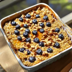 To make your Blueberry Oatmeal Bake, gather these simple ingredients: - 2 cups rolled oats - 1 cup fresh blueberries (or frozen) - 2 ripe bananas, mashed - 1/4 cup honey or maple syrup - 1 cup almond milk (or any milk of choice) - 1 teaspoon vanilla extract - 1 teaspoon baking powder - 1 teaspoon cinnamon - 1/4 teaspoon salt - Optional toppings: chopped nuts, coconut flakes, or an extra sprinkle of blueberries You can easily swap some ingredients if needed. Here are a few ideas: - Instead of honey, use agave syrup for a vegan option. - Swap almond milk for oat milk, soy milk, or cow's milk. - You can replace bananas with unsweetened applesauce for a different flavor. - Use any berry you love, like raspberries or strawberries, in place of blueberries. The ingredients in this bake provide a wealth of health benefits: - Rolled oats are high in fiber, promoting heart health. - Blueberries are packed with antioxidants, great for your brain. - Bananas provide potassium, which helps with muscle function. - Honey or maple syrup adds natural sweetness without refined sugars. - Almond milk is low in calories and rich in vitamin E. - Cinnamon can help regulate blood sugar levels and add flavor. This Blueberry Oatmeal Bake is not just tasty; it fuels your body well. To make Blueberry Oatmeal Bake, start by gathering your ingredients. You will need rolled oats, blueberries, ripe bananas, honey or maple syrup, almond milk, vanilla extract, baking powder, cinnamon, and salt. 1. Preheat your oven to 350°F (175°C). Grease a 9x9 inch baking dish with oil or butter. 2. In a large bowl, mix the rolled oats, baking powder, cinnamon, and salt. Stir until combined. 3. In another bowl, mash the ripe bananas. Add honey or maple syrup, almond milk, and vanilla. Mix until smooth. 4. Pour the wet mixture into the dry ingredients. Stir to combine well. 5. Gently fold in the blueberries. Be careful not to break them. 6. Spread the oatmeal mix evenly in the greased baking dish. 7. Optionally, add more blueberries or chopped nuts on top. 8. Bake for 30-35 minutes. The total cooking time is about 35 minutes. This includes 30-35 minutes for baking. The prep time is around 10 minutes, which makes this a quick and easy recipe. To check if your Blueberry Oatmeal Bake is done, look for a golden top. You can also insert a toothpick into the center. If it comes out clean, the bake is ready. If it’s still wet, return it to the oven for a few more minutes. Let it cool before slicing. Enjoy it warm or at room temperature. You will love how easy and tasty it is! For the full recipe, refer to the earlier section. To get a soft and chewy texture, use rolled oats. They absorb moisture well. Make sure to mash the bananas thoroughly. They act as a binding agent, which helps hold everything together. Also, don’t skip the baking powder. It makes your bake rise nicely, giving it a fluffy feel. If you want a firmer texture, you can bake it a few extra minutes. Let your Blueberry Oatmeal Bake cool completely before storing. Once cool, slice it into squares. Place the squares in an airtight container. You can keep it in the fridge for up to five days. If you want to store it longer, freeze individual squares. Just wrap them tightly in plastic wrap and place them in a freezer bag. Serve your Blueberry Oatmeal Bake warm for the best taste. A drizzle of honey or maple syrup adds a sweet touch. You can also top it with a splash of almond milk for creaminess. Fresh blueberries or nuts on top make it look pretty and add crunch. This dish is great for breakfast or a snack anytime! For the full recipe, check out the details above. {{image_2}} You can switch out blueberries for other fruits. Ripe bananas add sweetness and creaminess. Chopped apples give a crisp bite. Peaches or strawberries also work well. You can mix different fruits too. Try combining apples and cinnamon for a warm flavor. To make this bake vegan, replace honey with maple syrup. Use plant-based milk like almond or oat milk. For gluten-free options, choose certified gluten-free oats. This keeps the dish safe for those with gluten issues. The texture stays great, and the taste remains delicious. Spices can elevate your bake. Add nutmeg for a warm flavor or ginger for a kick. You can also mix in some vanilla for more depth. Toppings like chopped nuts or coconut flakes add crunch. A drizzle of honey on top is a sweet finish. For an extra treat, sprinkle more blueberries before baking. For the full recipe, check out the details above. To store your Blueberry Oatmeal Bake, let it cool first. Then, slice it into squares. Place the squares in an airtight container. This keeps the bake fresh for up to five days. You can also cover it tightly with plastic wrap. Keep it in the fridge to prevent spoilage. Want to keep some for later? You can freeze Blueberry Oatmeal Bake! Wrap the squares in plastic wrap. Then, place them in a freezer-safe bag. Make sure to remove as much air as possible. This helps avoid freezer burn. The bake can last up to three months in the freezer. When you're ready to eat, just thaw it in the fridge overnight. To enjoy leftovers, reheat your Blueberry Oatmeal Bake. You can use the microwave for quick heating. Place a square on a plate and heat for 30-60 seconds. If you prefer the oven, preheat it to 350°F. Bake for about 10-15 minutes. This method keeps the texture nice and warm. For added flavor, drizzle a little honey or almond milk on top before serving. Blueberry Oatmeal Bake can last for about five days in the fridge. Make sure to store it in an airtight container. This helps keep it fresh and moist. I love to reheat individual portions in the microwave. It only takes a minute or two. Yes, you can use dried blueberries instead of fresh or frozen ones. Dried blueberries work well, but they may add more sweetness. If you choose dried, cut back on the honey or maple syrup. Soak them in warm water for about 10 minutes to soften them. This step helps them blend better into the dish. Absolutely! Blueberry Oatmeal Bake is great for meal prep. You can make it ahead of time and enjoy it all week. Just cut it into squares and store the pieces in the fridge. Grab a piece in the morning for a quick breakfast. It also makes a wholesome snack or dessert. For the full recipe, check the earlier sections! Blueberry Oatmeal Bake offers a healthy and tasty option for any meal. We covered ingredients, preparation, and storage tips. You can mix and match fruits, try vegan options, and even spice it up. Remember to store leftovers properly to keep them fresh. This dish is not only good to eat, but it's also fun to make and share. Explore the variations and find what you love most. Enjoy every bite of your Blueberry Oatmeal Bake!