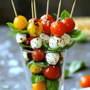 To make delicious Caprese Salad Skewers, you will need: - 16 cherry tomatoes - 16 small fresh mozzarella balls (bocconcini) - 16 fresh basil leaves - 2 tablespoons balsamic glaze - 1 tablespoon extra virgin olive oil - Salt and freshly ground black pepper to taste - 16 wooden or metal skewers This simple list gives you all the flavors you need for this fresh dish. If you want to try different tastes, here are some swaps: - Use grape tomatoes instead of cherry tomatoes for a sweeter flavor. - Swap bocconcini for larger mozzarella balls; just cut them into smaller pieces. - Try arugula or spinach if you can't find fresh basil. - For a zing, add a slice of pepperoni between the cheese and tomato. - You can use a store-bought pesto for a twist! These options keep your dish fun and exciting. Choosing great ingredients makes a big difference. Here’s how: - Look for firm, shiny cherry tomatoes with no blemishes. - Pick mozzarella that feels soft but not mushy. It should smell fresh. - Choose basil leaves that are bright green and not wilted. - Check the expiration date on balsamic glaze and olive oil for freshness. - If possible, buy local produce; it often tastes better. Fresh ingredients lead to a tasty Caprese Salad Skewers. Enjoy the process and the flavors! First, wash the cherry tomatoes and basil leaves. Use cold water to make sure they are clean. Pat them dry with a paper towel. This step is key for bright flavors. Next, take a skewer. Start by threading one cherry tomato onto it. Follow this with one fresh basil leaf. Then, add one mozzarella ball. You can repeat this until you have four sets on one skewer. If your skewer is longer, feel free to add more! Keep going until all of your ingredients are used up. Once you finish, it's time to add some flavor. Drizzle the skewers with extra virgin olive oil and balsamic glaze. This adds a nice touch. Finally, sprinkle salt and freshly ground black pepper on top. This will enhance the taste. Arrange the skewers on a serving platter for a great look. You can drizzle more balsamic glaze for presentation. When you assemble the skewers, be mindful of the order. Start with a tomato, then basil, and finish with mozzarella. This order helps the flavors meld well. Each bite will taste fresh and balanced. Make sure not to overcrowd the skewer. Leave a bit of space between each item. This allows the flavors to shine through. If you want a different look, try alternating the order. You can also use larger skewers for more ingredients. To make sure each skewer has great flavor, use fresh ingredients. Look for ripe tomatoes and soft mozzarella. These will taste best together. When you drizzle olive oil and balsamic glaze, do it evenly. This way, each skewer gets the same amount. It's also a good idea to taste your ingredients before assembly. This will help you know if they need more seasoning. If you want more flavor, consider adding a sprinkle of herbs. Fresh oregano or thyme can work well. These little tips will make your Caprese Salad Skewers pop with flavor. Feel free to check the Full Recipe for additional insights. To make the best Caprese salad skewers, use fresh ingredients. Look for ripe cherry tomatoes and soft mozzarella. The basil should be bright green and fragrant. Avoid tomatoes that feel mushy or have dark spots. When skewering, keep the order consistent. This makes each bite balanced and tasty. Drizzle just enough balsamic glaze for sweetness, but don’t drown the skewers. Serve these skewers as an appetizer or side dish. They pair well with grilled meats or fish. You can also serve them with a light Italian wine. For a fun twist, try them with crusty bread or fresh pesto. They look great on a platter or standing in a glass. Add extra basil leaves around the dish for a pop of color. Wash your tomatoes and basil first to save time. Use a paper towel to dry them. When skewering, set up an assembly line. This makes it quicker to thread the ingredients. Use one hand for the skewer and the other for the food. Try to keep your work area clean to avoid mess. For the full recipe, check out the instructions above. {{image_2}} You can change a few ingredients to make these skewers fun. Try using different cheeses, like feta or goat cheese. You can also swap cherry tomatoes for grape tomatoes or even sun-dried tomatoes. Fresh herbs like mint or parsley can add a new twist. If you want more crunch, add cucumber slices or bell pepper chunks. These swaps can give your skewers a unique flavor. Get creative with how you stack your skewers. You can layer the ingredients in different ways. Try a pattern like tomato, mozzarella, basil, and repeat. Or, mix them up for a more colorful look. Keep the colors bright; it makes the dish pop! You can also use small round skewers for bite-sized snacks. For larger gatherings, make long skewers with more ingredients for sharing. Change your skewers based on the season. In summer, add fresh fruits like watermelon or peaches. In fall, roasted squash or apples can be tasty. For winter, consider roasted vegetables or even cured meats. By adjusting the ingredients, you can match the mood of any event. You can find fresh herbs all year round, so always add those for flavor. This keeps your Caprese Salad Skewers fresh and fun, no matter the season. After enjoying your Caprese salad skewers, store leftovers in an airtight container. This keeps them fresh longer. You can place them in the fridge for up to two days. If you have many skewers, layer them with parchment paper to avoid sticking. If you want to prep these skewers ahead of time, make sure to keep the ingredients separate. Store cherry tomatoes, mozzarella, and basil leaves in their own containers. Assemble the skewers just before serving for the best taste and texture. You can prepare the balsamic glaze and olive oil drizzle in advance, too. Check your skewers for freshness. If the tomatoes are soft or wrinkled, they are past their prime. Mozzarella balls should stay firm and not smell sour. Fresh basil leaves can turn brown and wilted over time. If you notice any of these signs, it’s best to toss them. Remember, freshness leads to the best flavor in your Caprese salad skewers. For the full recipe, refer back to the earlier sections. I recommend using wooden or metal skewers. Wooden skewers are easy to find and cheap. They work well for this recipe. Just soak them in water for 30 minutes to avoid burning. Metal skewers last longer and are reusable. They also allow for better heat transfer if you grill them. Choose what feels best for you! Yes, you can prepare these skewers ahead of time. Assemble the skewers and keep them in the fridge. Make sure to cover them tightly with plastic wrap. This keeps them fresh and tasty. Ideally, eat them within 24 hours for the best flavor. Drizzle the balsamic glaze just before serving for a fresh taste. To make this dish vegan, swap the mozzarella with vegan cheese. There are many great plant-based options available today. You can also try tofu or marinated artichoke hearts. These will give you a nice texture and flavor. The rest of the ingredients are already vegan-friendly, so you’re all set! Enjoy experimenting with flavors! In this blog post, we explored key ingredients and how to choose the best ones. I detailed step-by-step instructions for making skewers that burst with flavor. The tips shared will help perfect your dish and make serving easy. We also discussed fun variations and how to store leftovers for later use. Remember, simple swaps can elevate your skewers for any event. Enjoy the process and have fun experimenting! Your new skewers will impress everyone.