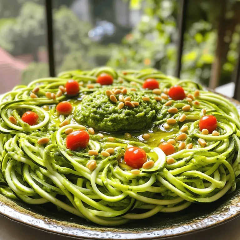 To make delicious zucchini noodles with pesto, you need the following ingredients: - 4 medium zucchini - 1 ripe avocado - 1 cup fresh basil leaves - 2 tablespoons lemon juice - 2 tablespoons tahini - 1 clove garlic, minced - 1/4 cup nutritional yeast - Salt and pepper to taste - 1 tablespoon olive oil (for drizzling) For added flavor and texture, consider these garnishes: - Cherry tomatoes, halved - Pine nuts, toasted You will need some simple kitchen tools: - Spiralizer or vegetable peeler - Food processor - Mixing bowl These tools make the process easy and fun. Using fresh ingredients creates a meal that is both satisfying and healthy. Explore the full recipe for detailed steps to create this fresh dish. Start by spiralizing the zucchini. A spiralizer works best, but a vegetable peeler will do. Cut the zucchini into long strands. Aim for thin noodles for the best texture. After spiralizing, place the noodles in a colander. Sprinkle a little salt over them. This step helps draw out excess water. Let the zucchini sit for about 15 minutes. While the zucchini drains, it’s time to make the avocado pesto. Take a ripe avocado and scoop it into a food processor. Next, add fresh basil leaves, lemon juice, tahini, and minced garlic. Don't forget the nutritional yeast, salt, and pepper. Blend everything together until it’s smooth and creamy. The pesto should look vibrant and green. Once your zucchini noodles are ready, gently pat them dry with paper towels. This helps remove any leftover moisture. Now, place the noodles in a large mixing bowl. Pour the creamy avocado pesto over the noodles. Toss them gently to coat every strand. Drizzle a bit of olive oil for extra flavor. Serve your zoodles right away. Top with halved cherry tomatoes and toasted pine nuts for a delightful crunch. If you want the full recipe, check out the [Full Recipe]. To make great zucchini noodles, start with firm zucchini. Look for ones that are smooth and free of blemishes. Use a spiralizer for best results. If you don't have one, a vegetable peeler works too. Cut the zucchini into sections about 6 inches long. This makes it easier to handle. Aim for thin, long strands. After spiralizing, sprinkle the noodles with salt. Let them sit for 15 minutes. This draws out excess moisture, making the noodles less soggy. To make your pesto even better, try adding different ingredients. Swap out tahini for cashew or almond butter. This gives a nutty twist. You can also add a pinch of red pepper flakes for heat. Want a tangy kick? Add a bit more lemon juice. Fresh herbs can add depth too. Try using mint or parsley along with basil. These small changes can really boost the flavor. When serving zucchini noodles, make it look fancy! Use a large platter to create a nest shape with the noodles. Scatter halved cherry tomatoes on top for color. Toasted pine nuts add a nice crunch too. Drizzle a little olive oil over everything for shine. This makes the dish look fresh and inviting. You can even add a sprinkle of fresh basil leaves as a final touch. This way, your dish will be not just tasty but also beautiful! {{image_2}} You can switch up the nuts or herbs in your pesto. Try using walnuts instead of pine nuts. They add a rich flavor. If you want a different taste, use parsley instead of basil. It gives a fresh twist to your dish. You can also try adding mint for a cool flavor. Just remember, use what you like! You can make your meal more filling by adding protein. Cooked chicken or shrimp works great. Just toss them in with the zucchini noodles. If you prefer plant-based options, add chickpeas or lentils. They blend well with the pesto and add a nice texture. You can mix in the protein as you toss the noodles. If you want a creamier pesto, try adding some yogurt or cream. Just mix it into the pesto until smooth. This gives a nice depth of flavor. You can also add a bit of cream cheese for extra richness. Use this tip if you enjoy a silkier texture in your sauce. It can elevate your dish to another level! Explore the [Full Recipe] for more ideas and tips. To keep your leftover zucchini noodles fresh, store them in an airtight container. Place a paper towel inside to absorb extra moisture. Keep them in the fridge for up to two days. Avoid adding any sauce until you are ready to eat. This helps prevent sogginess. You can freeze avocado pesto for later use. First, pour it into ice cube trays. Once frozen, transfer the cubes to a freezer bag. This way, you can take out just what you need. It will last for about three months in the freezer. When ready to use, let it thaw in the fridge overnight. When reheating zucchini noodles, do it gently. Use a skillet on low heat. Add a splash of water to steam them lightly. Stir often to keep them from getting mushy. Reheat the pesto separately, then mix them together. This keeps both the noodles and the sauce tasty and fresh. The best way to spiralize zucchini is to use a spiralizer. This tool makes long, thin noodles. If you don’t have one, a vegetable peeler works too. Slice the zucchini into thin strips. Make sure to hold it steady while you peel or spiralize. This keeps the noodles even and neat. Yes, you can use store-bought pesto. It saves time and still tastes good. However, making your own adds a fresh touch. Homemade pesto lets you adjust flavors to your liking. You can choose the herbs and nuts you prefer. Yes, this dish is great for meal prep. You can make the zucchini noodles and pesto ahead of time. Store them separately in the fridge. Just mix them right before eating. This helps keep the noodles fresh and crunchy. To fix mushy zucchini noodles, salt them before cooking. After spiralizing, sprinkle with salt and let them sit. This helps draw out excess water. Drain and pat them dry with a towel. This keeps the noodles firm and tasty. Zucchini noodles with pesto deliver a fresh twist on pasta. We covered essential ingredients, like zucchini and avocado, and necessary equipment, such as a spiralizer. You learned how to prepare the noodles and make creamy pesto. Tips for storage and variations help keep your meals exciting. Remember, cooking should be fun. Experiment with nuts, herbs, and protein to make it your own. Enjoy your dishes and share them with others. Healthy eating can be creative and delightful.