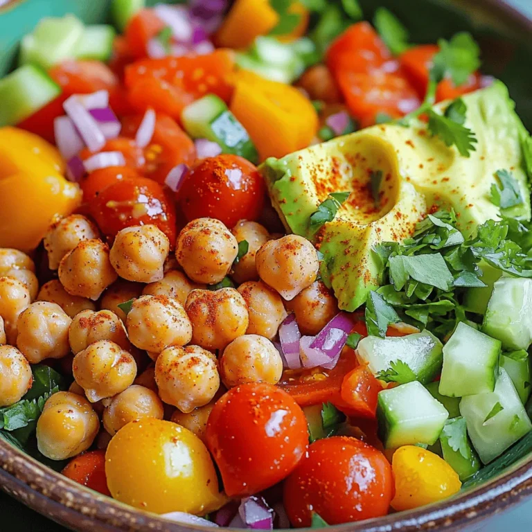 To make a great crispy chickpea salad, you need some key ingredients: - 1 can (15 oz) chickpeas, drained and rinsed - 2 tablespoons olive oil - 1 teaspoon smoked paprika - 1 teaspoon garlic powder - Salt and black pepper to taste - 1 cup cherry tomatoes, halved - 1 cucumber, diced - 1 bell pepper (any color), diced - ¼ red onion, finely chopped - 1 avocado, diced - ¼ cup fresh cilantro or parsley, chopped - Juice of 1 lime These ingredients bring the salad to life. The chickpeas give it crunch. The veggies add freshness. The lime juice gives it a zesty kick. You can change the salad to fit your taste. Here are some optional ingredients you might like: - Feta cheese for creaminess - Spinach or kale for extra greens - Nuts or seeds for added crunch - Spices like cumin or chili powder for a kick Feel free to mix and match. It’s your salad, so make it your own! This salad is not just tasty; it’s also good for you. Here are some highlights: - Chickpeas pack protein and fiber. - Fresh veggies provide vitamins and minerals. - Healthy fats from avocado and olive oil support heart health. This salad is great for a light meal or a side dish. You get nutrition and flavor in every bite. For the complete recipe, check out the Full Recipe section. First, preheat your oven to 400°F (200°C). This step is key for crispy chickpeas. Next, take a can of chickpeas, drain, and rinse them. Pat them dry with a paper towel. This keeps them from getting soggy. Spread the chickpeas on a baking sheet. Drizzle two tablespoons of olive oil over them. Sprinkle one teaspoon of smoked paprika and one teaspoon of garlic powder on top. Add salt and black pepper to taste. Toss the chickpeas to coat them evenly. Spread them out in a single layer. Roast in the oven for 25 to 30 minutes. Shake the pan halfway through to ensure they cook evenly. They should be golden brown and crispy when done. While the chickpeas roast, it’s time to make the salad. In a large bowl, combine one cup of halved cherry tomatoes, one diced cucumber, and one diced bell pepper. Add ¼ of a finely chopped red onion and one diced avocado. Mix these fresh ingredients well. They add crunch and flavor to your salad. Once the chickpeas are crispy, let them cool for a few minutes. Then, add them to the bowl with the veggies. Now it’s time for the dressing. Squeeze the juice of one lime over the salad. This adds a zesty kick. Add ¼ cup of chopped fresh cilantro or parsley to brighten the dish. Toss everything together gently. Make sure each bite has a bit of everything. Taste your salad and adjust the seasoning if needed. You may want more salt, pepper, or lime juice. Serve right away for the best crunch. For the full recipe, check out the instructions above. Enjoy your fresh and flavorful crispy chickpea salad! To get the best crispiness from your chickpeas, start by drying them well. Use a paper towel to pat them until they are dry. Wet chickpeas will not crisp up in the oven. Next, spread them out in a single layer on the baking sheet. This allows them to roast evenly. Don’t forget to shake the pan halfway through cooking. This helps them brown all over. To elevate the flavor, try adding different spices. Cayenne pepper gives a nice kick. You can also mix in some cumin for a warm taste. If you like tanginess, a splash of vinegar can work wonders. Don't be shy about seasoning! A bit of salt and pepper is key, but taste as you go. It helps to balance the flavors just right. Serve this salad fresh for the best crunch. You can add it to a bed of greens for more texture. Pair it with a simple dressing, like olive oil and lemon juice. If you want a heartier meal, add some cooked quinoa or grains. This makes it perfect for lunch or dinner. For added freshness, top with extra herbs just before serving. For the full recipe, check the detailed steps above. {{image_2}} You can swap chickpeas for other beans like black beans or kidney beans. If you want a different crunch, try roasted nuts or seeds. For a low-carb option, use diced cauliflower instead of chickpeas. Use different oils, like avocado oil or sesame oil, to change the flavor. You can also use lemon juice instead of lime for a zesty twist. In spring, toss in fresh peas or asparagus for a bright touch. Summer is perfect for adding corn or diced zucchini. In fall, roasted butternut squash adds warmth and sweetness. Winter brings hearty greens like kale or spinach. Each season offers fresh flavors to keep this salad exciting. While lime juice is great, you can also make a creamy dressing. Mix yogurt with lemon juice and a pinch of salt. For a tangy option, try balsamic vinegar with olive oil. A spicy dressing made with sriracha and honey can add a kick. Experiment with herbs like dill or basil to create your own unique blend. Check out the Full Recipe for more ideas! To store leftover crispy chickpea salad, place it in an airtight container. Make sure to cool the salad to room temperature first. This keeps the flavors fresh and prevents sogginess. If you want to keep the chickpeas crispy, store them separately. If you want to enjoy crispy chickpeas again, reheat them in the oven. Preheat your oven to 400°F (200°C). Spread the chickpeas on a baking sheet. Heat for about 10 minutes, or until they feel warm and crispy again. Avoid using a microwave, as it makes them soft. The salad stays good in the fridge for up to three days. After that, the chickpeas may lose their crunch and the veggies can wilt. For the best flavor and texture, eat the salad within two days. You can find the full recipe to make it fresh again! Yes, you can make this salad ahead of time. I suggest preparing the chickpeas and salad separately. Store the crispy chickpeas in an airtight container. They stay crunchy this way. You can mix the salad ingredients and keep them in the fridge. Just add the chickpeas right before serving. This keeps everything fresh and crisp. You can make crispy chickpeas on the stovetop. First, drain and rinse the chickpeas. Pat them dry well. Heat a pan over medium heat and add olive oil. Once hot, add the chickpeas. Stir them often, letting them cook for about 10-15 minutes. They should turn golden brown and crispy. Season them while they cook for extra flavor. You can add many toppings to this salad. Here are some ideas: - Feta cheese for a salty kick - Sliced olives for a briny flavor - Nuts, like almonds or walnuts, for crunch - Seeds, such as pumpkin or sunflower, for added texture - A drizzle of tahini or yogurt dressing for creaminess Feel free to mix and match to fit your taste! Check the Full Recipe for more details on making this salad. This blog post shared how to make a tasty Crispy Chickpea Salad. I covered key ingredients, step-by-step instructions, tips for perfecting it, and variations to try. You can customize it to your taste and make it your own. Remember, you can store leftovers for later. Enjoy your salad anytime with these simple tips. Explore fun options. Find what tastes best for you, and share it with friends!