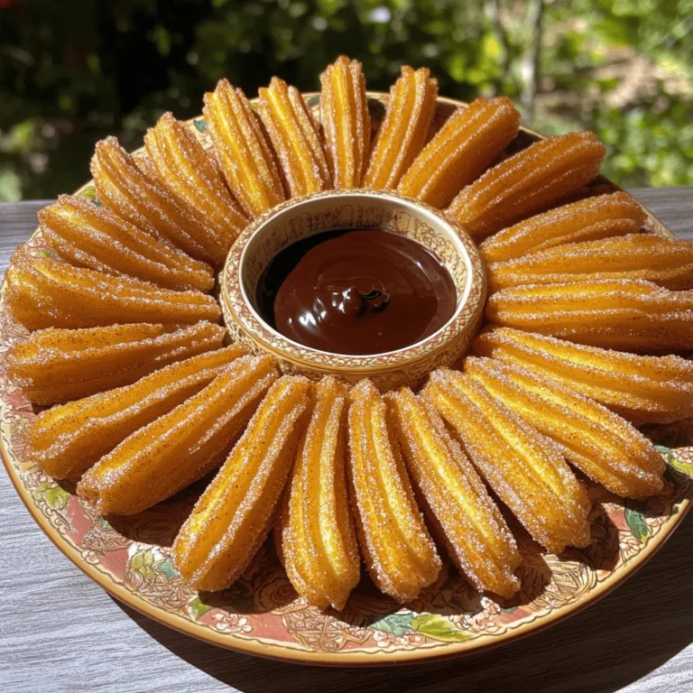 To make these churros, gather these key items: - 1 cup water - 1/2 cup unsalted butter - 1 tablespoon sugar - 1/4 teaspoon salt - 1 cup all-purpose flour These ingredients create a rich dough. The water and butter will melt together, forming the base. Sugar adds a slight sweetness, while salt enhances the flavors. All-purpose flour gives the churros their structure. Next, we add layers of flavor: - 2 large eggs - 1 teaspoon vanilla extract - 1/2 cup granulated sugar - 1 tablespoon ground cinnamon - Oil for frying The eggs make the dough light and airy. Vanilla extract adds warmth and depth. For the coating, granulated sugar and ground cinnamon mix to create that classic churro taste. Frying oil is crucial for that crispy texture. Add a little extra fun with: - Chocolate or caramel dip - Extra cinnamon sugar for dusting Dips can elevate your churros. They add a rich contrast to the cinnamon flavor. Extra cinnamon sugar can give a delightful crunch. For the full recipe, check the details above. 1. In a medium saucepan, combine the water, butter, sugar, and salt. 2. Stir until the butter melts and the mix boils gently. 3. Remove the pan from heat and add flour all at once. 4. Stir quickly until a dough forms and pulls away from the pan. 5. Transfer to a bowl and let it cool for a few minutes. 6. Add eggs one at a time, mixing well after each. 7. Stir in vanilla extract until the dough is smooth. 1. Heat oil in a deep skillet over medium-high heat (about 350°F). 2. Fill a piping bag with the churro dough. 3. Pipe strips of dough, about 4-6 inches long, directly into the hot oil. 4. Fry until golden brown and crispy, about 2-3 minutes per side. 5. Use a slotted spoon to remove churros and drain on paper towels. 1. In a shallow bowl, mix granulated sugar and cinnamon for the coating. 2. While still warm, roll churros in the cinnamon sugar mix. 3. Serve warm on a plate with a side of chocolate or caramel dip. For the full recipe, check the main article. Enjoy these delicious treats! To make great churros, dough consistency is key. The dough should be thick but smooth. If it’s too runny, your churros will not hold their shape. Heat your oil to 350°F (175°C). This temperature ensures the churros fry evenly. If the oil is too cool, churros will soak up oil and become soggy. To avoid sogginess, fry only a few churros at a time. This keeps the oil hot and gives a nice crispy texture. You can add different flavors to your churros. Try adding a bit of orange zest for a citrus twist. You can also use almond extract instead of vanilla for a nutty taste. Always use high-quality ingredients. Fresh eggs and real vanilla give the best flavor. Adjust the sweetness to your liking. If you want less sweetness, reduce the sugar in the dough or the topping. Make your churros look amazing when serving. Arrange them on a pretty plate. You can place a small bowl of chocolate or caramel sauce in the center for dipping. Dust them with extra cinnamon sugar for a nice touch. If you want to impress, add fresh berries or mint leaves for color. These small details make your churros stand out on any table. {{image_2}} Churros are fun to change up! You can fill them with chocolate for a rich treat. For a fall twist, try pumpkin spice churros. They bring warmth and sweetness to chilly days. You can also use Nutella or various fruits for a fresh option. Each filling adds a new layer of flavor. If you want a lighter option, consider baked churros. They still taste great but use less oil. You can also make churros gluten-free. Use almond or coconut flour instead of all-purpose flour. Reducing sugar helps too, making them a bit more guilt-free. Churros are great on their own, but you can make them even better! Pair them with seasonal fruits for a fresh touch. Try creating churro sundaes with ice cream for a fun dessert. You can also add churros to dessert platters for a festive look. Don’t forget the chocolate dip from the Full Recipe for extra joy! To keep your churros fresh, store them in an airtight container. This helps keep air out and moisture in. If you have extra churros, consider freezing them. Lay them on a baking sheet first, freeze until firm, then transfer to a freezer bag. This keeps them from sticking together. When you want to enjoy them, reheat in the oven. Set the oven to 350°F (175°C) and bake for about 10 minutes. This brings back their crispy texture. Churros last about 1-2 days at room temperature. After that, they may lose their crispness. Always check for signs of spoilage. If they smell off or feel soggy, toss them. Storing in an airtight container keeps them better for longer. A good rule is to eat them within a day for the best taste. Don’t throw away stale churros! You can turn them into fun treats. One great idea is churro bread pudding. Cut the stale churros into pieces and mix with eggs, milk, and sugar. Bake until set for a tasty dessert. You can also blend them into crumbs for topping ice cream or cupcakes. These ideas help reduce waste and create something new. For the full recipe, check out the main article! To make churros crispy, you need to focus on two key things: the dough and oil. First, make sure your dough is thick. A thicker dough holds air when frying, creating a crispy shell. Second, manage the oil temperature. Heat the oil to about 350°F (175°C). If it's too low, churros absorb more oil and become soggy. If it's too high, they burn on the outside but stay raw inside. Yes, you can bake churros! Baking is a healthier option. To bake them, pipe the dough onto a lined baking sheet. Brush them lightly with oil and bake in a preheated oven at 400°F (200°C) for about 20 minutes. However, baked churros may not be as crispy as fried churros. They will have a different texture, being softer and less airy. Churros taste great with many dips. Some popular choices include chocolate sauce, caramel sauce, and even warm Nutella. For a fun twist, try a spicy chocolate sauce! You can also make your own dip by mixing melted chocolate with cream. This adds a rich flavor that pairs well with the cinnamon sugar. Traditional churros are not gluten-free because they use all-purpose flour. However, you can make gluten-free churros. Use a gluten-free flour blend instead. Just ensure it’s a blend that includes starches for the right texture. When cooking gluten-free churros, keep an eye on their frying time, as they can cook faster than regular ones. For the full recipe, refer to the original section above. Cinnamon sugar churros are fun and easy to make. You learned the key ingredients, like butter, sugar, and flour. I shared steps for preparing and frying the churros, along with tips for perfect texture and flavor. You can even explore variations, like pumpkin spice or healthier baked options. Enjoy your churros warm with your favorite dip. Making these treats can bring joy to any gathering. Try mixing it up with creative presentations or use leftovers in new recipes. Happy churro-making!