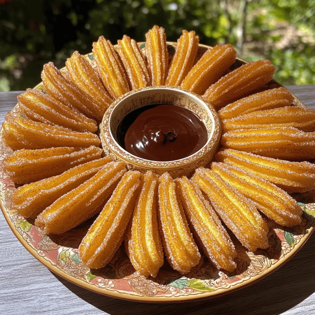 To make these churros, gather these key items: - 1 cup water - 1/2 cup unsalted butter - 1 tablespoon sugar - 1/4 teaspoon salt - 1 cup all-purpose flour These ingredients create a rich dough. The water and butter will melt together, forming the base. Sugar adds a slight sweetness, while salt enhances the flavors. All-purpose flour gives the churros their structure. Next, we add layers of flavor: - 2 large eggs - 1 teaspoon vanilla extract - 1/2 cup granulated sugar - 1 tablespoon ground cinnamon - Oil for frying The eggs make the dough light and airy. Vanilla extract adds warmth and depth. For the coating, granulated sugar and ground cinnamon mix to create that classic churro taste. Frying oil is crucial for that crispy texture. Add a little extra fun with: - Chocolate or caramel dip - Extra cinnamon sugar for dusting Dips can elevate your churros. They add a rich contrast to the cinnamon flavor. Extra cinnamon sugar can give a delightful crunch. For the full recipe, check the details above. 1. In a medium saucepan, combine the water, butter, sugar, and salt. 2. Stir until the butter melts and the mix boils gently. 3. Remove the pan from heat and add flour all at once. 4. Stir quickly until a dough forms and pulls away from the pan. 5. Transfer to a bowl and let it cool for a few minutes. 6. Add eggs one at a time, mixing well after each. 7. Stir in vanilla extract until the dough is smooth. 1. Heat oil in a deep skillet over medium-high heat (about 350°F). 2. Fill a piping bag with the churro dough. 3. Pipe strips of dough, about 4-6 inches long, directly into the hot oil. 4. Fry until golden brown and crispy, about 2-3 minutes per side. 5. Use a slotted spoon to remove churros and drain on paper towels. 1. In a shallow bowl, mix granulated sugar and cinnamon for the coating. 2. While still warm, roll churros in the cinnamon sugar mix. 3. Serve warm on a plate with a side of chocolate or caramel dip. For the full recipe, check the main article. Enjoy these delicious treats! To make great churros, dough consistency is key. The dough should be thick but smooth. If it’s too runny, your churros will not hold their shape. Heat your oil to 350°F (175°C). This temperature ensures the churros fry evenly. If the oil is too cool, churros will soak up oil and become soggy. To avoid sogginess, fry only a few churros at a time. This keeps the oil hot and gives a nice crispy texture. You can add different flavors to your churros. Try adding a bit of orange zest for a citrus twist. You can also use almond extract instead of vanilla for a nutty taste. Always use high-quality ingredients. Fresh eggs and real vanilla give the best flavor. Adjust the sweetness to your liking. If you want less sweetness, reduce the sugar in the dough or the topping. Make your churros look amazing when serving. Arrange them on a pretty plate. You can place a small bowl of chocolate or caramel sauce in the center for dipping. Dust them with extra cinnamon sugar for a nice touch. If you want to impress, add fresh berries or mint leaves for color. These small details make your churros stand out on any table. {{image_2}} Churros are fun to change up! You can fill them with chocolate for a rich treat. For a fall twist, try pumpkin spice churros. They bring warmth and sweetness to chilly days. You can also use Nutella or various fruits for a fresh option. Each filling adds a new layer of flavor. If you want a lighter option, consider baked churros. They still taste great but use less oil. You can also make churros gluten-free. Use almond or coconut flour instead of all-purpose flour. Reducing sugar helps too, making them a bit more guilt-free. Churros are great on their own, but you can make them even better! Pair them with seasonal fruits for a fresh touch. Try creating churro sundaes with ice cream for a fun dessert. You can also add churros to dessert platters for a festive look. Don’t forget the chocolate dip from the Full Recipe for extra joy! To keep your churros fresh, store them in an airtight container. This helps keep air out and moisture in. If you have extra churros, consider freezing them. Lay them on a baking sheet first, freeze until firm, then transfer to a freezer bag. This keeps them from sticking together. When you want to enjoy them, reheat in the oven. Set the oven to 350°F (175°C) and bake for about 10 minutes. This brings back their crispy texture. Churros last about 1-2 days at room temperature. After that, they may lose their crispness. Always check for signs of spoilage. If they smell off or feel soggy, toss them. Storing in an airtight container keeps them better for longer. A good rule is to eat them within a day for the best taste. Don’t throw away stale churros! You can turn them into fun treats. One great idea is churro bread pudding. Cut the stale churros into pieces and mix with eggs, milk, and sugar. Bake until set for a tasty dessert. You can also blend them into crumbs for topping ice cream or cupcakes. These ideas help reduce waste and create something new. For the full recipe, check out the main article! To make churros crispy, you need to focus on two key things: the dough and oil. First, make sure your dough is thick. A thicker dough holds air when frying, creating a crispy shell. Second, manage the oil temperature. Heat the oil to about 350°F (175°C). If it's too low, churros absorb more oil and become soggy. If it's too high, they burn on the outside but stay raw inside. Yes, you can bake churros! Baking is a healthier option. To bake them, pipe the dough onto a lined baking sheet. Brush them lightly with oil and bake in a preheated oven at 400°F (200°C) for about 20 minutes. However, baked churros may not be as crispy as fried churros. They will have a different texture, being softer and less airy. Churros taste great with many dips. Some popular choices include chocolate sauce, caramel sauce, and even warm Nutella. For a fun twist, try a spicy chocolate sauce! You can also make your own dip by mixing melted chocolate with cream. This adds a rich flavor that pairs well with the cinnamon sugar. Traditional churros are not gluten-free because they use all-purpose flour. However, you can make gluten-free churros. Use a gluten-free flour blend instead. Just ensure it’s a blend that includes starches for the right texture. When cooking gluten-free churros, keep an eye on their frying time, as they can cook faster than regular ones. For the full recipe, refer to the original section above. Cinnamon sugar churros are fun and easy to make. You learned the key ingredients, like butter, sugar, and flour. I shared steps for preparing and frying the churros, along with tips for perfect texture and flavor. You can even explore variations, like pumpkin spice or healthier baked options. Enjoy your churros warm with your favorite dip. Making these treats can bring joy to any gathering. Try mixing it up with creative presentations or use leftovers in new recipes. Happy churro-making!