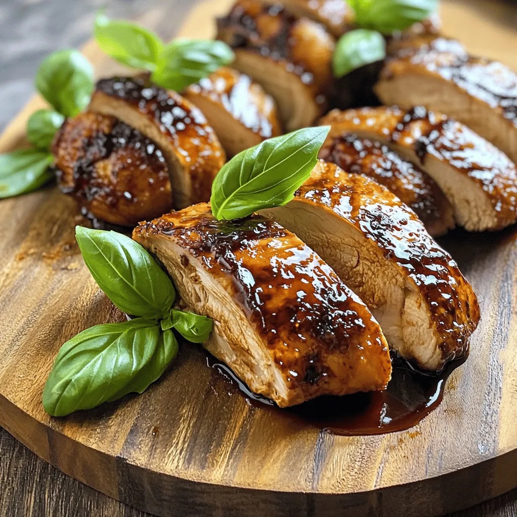 To make this tasty dish, gather these simple ingredients: - 4 boneless, skinless chicken breasts - 1/2 cup balsamic vinegar - 1/4 cup honey - 2 tablespoons Dijon mustard - 3 cloves garlic, minced - 1 tablespoon olive oil - 1 teaspoon dried oregano - 1 teaspoon salt - 1/2 teaspoon black pepper - Fresh basil leaves, for garnish If you need to swap some items, here are a few ideas: - Use maple syrup instead of honey for a different sweetness. - Swap Dijon mustard with yellow mustard if that’s what you have. - Try fresh herbs like thyme or rosemary instead of dried oregano. - Use chicken thighs for a richer flavor and juicier meat. You will need some key tools to make this dish: - A large resealable plastic bag or shallow dish for marinating - A whisk for mixing the marinade - A grill or grill pan for cooking the chicken - A meat thermometer to check the chicken's doneness - A cutting board and sharp knife for slicing the chicken This dish is fun to make and full of flavor. You can find the full recipe easily for more detailed steps. Start by mixing your marinade. In a medium bowl, whisk together: - 1/2 cup balsamic vinegar - 1/4 cup honey - 2 tablespoons Dijon mustard - 3 cloves minced garlic - 1 tablespoon olive oil - 1 teaspoon dried oregano - 1 teaspoon salt - 1/2 teaspoon black pepper This mixture gives the chicken flavor. Place your chicken breasts in a large resealable bag or a shallow dish. Pour half the marinade over the chicken. Make sure each piece is covered. Seal the bag or cover the dish, and place it in the fridge. Marinate for at least 30 minutes, or up to 2 hours. The longer it sits, the more flavor it gets. Preheat your grill or grill pan to medium-high heat. Take the chicken out of the marinade, letting excess drip off. Grill the chicken for 6-7 minutes on each side. The chicken should reach 165°F (75°C) to be safe to eat. In the last few minutes, brush on the rest of the marinade. This forms a nice glaze. After grilling, let the chicken rest for 5 minutes. This helps keep it juicy. Slice the chicken, drizzle any remaining glaze over the top, and add fresh basil for color. To get the best flavor, marinate your chicken for at least 30 minutes. If you can, try to marinate it for 2 hours. This allows the chicken to soak up all the flavors from the marinade. Remember to keep it in the fridge while it’s marinating. If you're in a hurry, use a fork to poke small holes in the chicken. This helps the marinade get inside faster. Always save some marinade for glazing after cooking. You can grill or bake your balsamic glazed chicken. Grilling gives a smoky flavor and nice grill marks. If you choose to bake, preheat your oven to 400°F (200°C). Place the chicken in a baking dish, brush with marinade, and bake for about 25-30 minutes. Both methods work well, but grilling adds a special touch. Whichever you pick, your chicken will taste great when it’s finished. For the full recipe, you can check the section above. To get that perfect glaze on your chicken, you need to use the marinade wisely. Start by marinating the chicken for at least 30 minutes. This lets the flavors seep in. When cooking, brush the chicken with the remaining marinade during the last few minutes. This adds a shiny coating and enhances the flavor. Make sure to cook on medium heat. Too high heat can burn the sugars in the glaze. Timing is key to juicy chicken. Grill each side for about 6-7 minutes. Use a meat thermometer to check that the chicken reaches 165°F (75°C). If you bake it, set the oven to 375°F (190°C) and cook for about 25-30 minutes. Let it rest for 5 minutes after cooking. This helps keep the juices inside. For a great plate, slice the chicken to show off the glaze. You can place it on a wooden board or a nice plate. Add fresh basil leaves for color and aroma. Pair it with grilled veggies or a light salad. This makes a well-rounded meal. You can also serve it with rice or quinoa. The flavors work well together. For more ideas, check the Full Recipe. {{image_2}} You can enhance your balsamic glazed chicken by adding seasonal vegetables. Bell peppers, zucchini, and asparagus all pair well. Simply chop the veggies into bite-sized pieces. Toss them in olive oil, salt, and pepper. Add the veggies to the grill alongside the chicken. They will soak up the glaze and become sweet and tender. If you want to try different flavors, consider using other ingredients. Swap balsamic vinegar with apple cider vinegar for a fruity twist. You can also add soy sauce for a savory touch. Try using maple syrup instead of honey for a unique sweetness. Experiment with fresh herbs like rosemary or thyme to create your own signature glaze. Balsamic glazed chicken is great for meal prep. Cook a big batch and store it in containers. This dish stays fresh for up to four days in the fridge. Pair it with grains like rice or quinoa for balanced meals. It’s easy to reheat and perfect for lunches or quick dinners. Check out the Full Recipe for more ideas! To store leftover balsamic glazed chicken, first let it cool. Place it in an airtight container. Make sure to cover it well to keep it fresh. You can store it in the fridge for up to four days. If you want to keep it longer, freezing is a great option. When reheating, aim to keep the chicken moist. The best way is to use the oven. Preheat your oven to 350°F (175°C). Place the chicken on a baking sheet and cover it with foil. Heat it for about 15-20 minutes. If you prefer, you can use a microwave. Just add a splash of water and cover it to keep the moisture. Freezing balsamic glazed chicken is easy. First, wrap each piece in plastic wrap. Then place them in a freezer-safe bag. It will last for about three months in the freezer. When you're ready to eat, thaw it in the fridge overnight. After that, you can reheat it as described above. Enjoy your flavorful meal even after some time! You should marinate chicken in balsamic vinegar for at least 30 minutes. This gives the meat time to soak up the flavors. If you want a stronger taste, marinate it for up to 2 hours. Just remember, longer is often better with marinades! Yes, you can use balsamic glaze instead of balsamic vinegar. However, keep in mind that glaze is thicker and sweeter. If you use glaze, you might want to cut back on the honey in the recipe. This way, your dish won’t be too sweet! Balsamic glazed chicken pairs well with many side dishes. Here are some great options: - Grilled vegetables like zucchini, bell peppers, and asparagus - Light quinoa salad with fresh herbs - Roasted potatoes seasoned with herbs - A simple green salad with vinaigrette These sides add color and flavor, making your meal more exciting! For the full recipe, check out the Balsamic Glazed Chicken Delight. Balsamic Glazed Chicken offers a mix of flavor and ease. We explored the key ingredients, substitutions, and essential tools needed. I shared step-by-step cooking directions, marinating tips, and techniques for grilling and baking. You learned how to achieve the perfect glaze and timing advice. Variations and storage tips are handy for future meals. Remember, this dish is simple yet delicious. Enjoy cooking and make it your own!