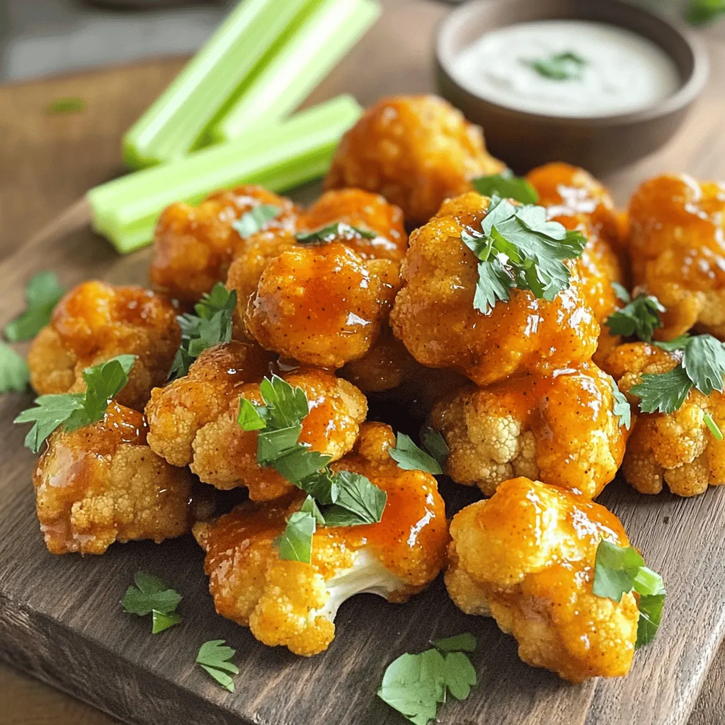 - 1 large head of cauliflower - 1 cup all-purpose flour (or gluten-free flour) - 1 teaspoon garlic powder - 1 teaspoon onion powder - 1 teaspoon smoked paprika - Salt and pepper to taste - 1 cup buffalo sauce (store-bought or homemade) - 2 tablespoons coconut oil or vegan butter, melted I love using fresh cauliflower for this recipe. The cauliflower creates a great base for the wings. You can also choose gluten-free flour if needed. The seasonings truly elevate the flavor. Garlic powder, onion powder, and smoked paprika add depth and warmth. Next comes the buffalo sauce. It’s the star of the show! You can buy it or make your own. Mixing in melted coconut oil or vegan butter gives a lovely richness. When you gather these ingredients, you set the stage for a crispy delight that everyone will enjoy. For the full recipe, check out the link above! First, I preheat my oven to 450°F (230°C). This heat makes the wings crispy. Next, I line a baking sheet with parchment paper. This keeps the wings from sticking. Then, I cut the cauliflower into bite-sized florets. I try to make them all similar in size. This helps them cook evenly. In a mixing bowl, I combine the flour, garlic powder, onion powder, smoked paprika, salt, and pepper. I whisk these dry ingredients together. Once mixed, I slowly pour in the non-dairy milk. I keep whisking until the batter is smooth. The right texture feels like pancake batter—not too runny or thick. Now comes the fun part! I dip each cauliflower floret into the batter. I make sure every floret gets fully coated. After that, I place them on the prepared baking sheet. It's important to space them out. I bake the cauliflower for about 20 minutes. I want them to turn golden and crisp. While they bake, I mix the buffalo sauce with melted coconut oil or vegan butter. After 20 minutes, I take the cauliflower out. I brush the buffalo sauce mixture over each wing. Then, I gently toss them to coat. I return the wings to the oven for another 10-15 minutes. They should be crispy and well-glazed when done. Once finished, I let them cool slightly before serving. For the full recipe, check the section above. To get that perfect crispy texture, focus on baking time and temperature. Preheat your oven to 450°F (230°C). This high heat helps the wings crisp up nicely. Bake them for about 20 minutes before adding the sauce. This gives the batter time to set and become firm. When coating the cauliflower, make sure to dip each floret fully in the batter. The batter should cling well. A thicker layer helps create a crunchy exterior. Use a fork or your fingers to shake off excess batter, preventing sogginess. To boost flavor, consider adding extra spices. A pinch of cayenne or smoked paprika adds depth. You can also try adding a tablespoon of nutritional yeast for a cheesy taste. Marinades are another option. A quick soak in lemon juice or a dash of soy sauce can make a big difference. Adjusting the buffalo sauce's spiciness is easy. If you like it hotter, add more hot sauce to the mix. For a milder taste, mix in some maple syrup or a splash of apple cider vinegar. This balances the heat and adds sweetness. Serve your wings hot for the best taste. A side of vegan ranch dressing or blue cheese is perfect for dipping. Fresh celery sticks add crunch and freshness. For presentation, arrange the wings on a large platter. Sprinkle fresh parsley on top for color. This makes the dish look inviting and delicious. Don't forget to serve the sauce on the side for extra flavor. For the full recipe, check out the [Full Recipe]. {{image_2}} You can use different flours based on your needs. If you prefer gluten-free options, try gluten-free flour. This choice works well and keeps the wings crispy. Another great option is chickpea flour. It adds protein and a nutty taste. This flour also helps the batter stick to the cauliflower, giving it a nice crunch. Hot sauce is key to the flavor of these wings. You can switch it up by using different brands or styles. A smoky hot sauce adds depth, while a vinegar-based sauce gives it a tang. If you want a milder flavor, consider using a honey mustard glaze or a sweet chili sauce. These alternatives still provide great taste without too much heat. Cauliflower is a classic choice, but other veggies work too. Try using broccoli florets for a twist. You could also use Brussels sprouts for a unique flavor. For a fun mix, combine cauliflower with carrots or zucchini. Each vegetable adds its own taste and texture, making this dish even more exciting. Store your Vegan Cauliflower Buffalo Wings in an airtight container. This keeps them fresh. You can refrigerate them for up to four days. Make sure they cool down to room temperature before sealing the container. This helps prevent moisture build-up. To reheat and keep them crispy, use an oven or air fryer. Preheat your oven to 400°F (200°C). Place the wings on a baking sheet. Bake for about 10 minutes. If using an air fryer, set it to 375°F (190°C) and cook for 5-7 minutes. Check them often to avoid burning. You can freeze these wings for longer storage. Place the cooled wings in a freezer-safe bag. Be sure to remove as much air as possible. They can last up to three months in the freezer. To thaw, leave them in the fridge overnight. Reheat them using the oven or air fryer for best results. For the complete recipe, see the [Full Recipe]. Yes, you can make these wings ahead. To prepare, follow the recipe until the baking step. Once you coat the cauliflower in batter, store the florets in the fridge for up to a day. This makes it easy to bake them when you’re ready. If you need to store leftovers, keep them in an airtight container. They will stay fresh for about three days. Reheat them in the oven to maintain their crispy texture. If you want a different flavor, try barbecue sauce or hot sauce. You can mix chipotle sauce for a smoky taste. For a milder option, use a honey mustard sauce or a sweet chili sauce. Each sauce brings a new twist to the dish and keeps it exciting! To add more heat, use extra buffalo sauce or hot sauce in the mix. You can also add cayenne pepper to the batter for a kick. If you want them milder, reduce the buffalo sauce or use a yogurt-based sauce. Mixing in some maple syrup can balance the heat too. Serve these wings hot! Pair them with fresh veggie sticks like carrots and celery. A side of vegan ranch dressing adds a nice touch. You can also serve them with a sprinkle of fresh parsley for color. These simple sides make the meal more fun and tasty! In this post, we covered how to make delicious Vegan Cauliflower Buffalo Wings. We explored the main ingredients, preparation steps, and tips for maximizing flavor and crispiness. I also shared variations and storage information to keep your wings fresh. These wings are not just a fun snack; they are healthy too. Experiment with flavors and enjoy this simple, tasty dish at your next gathering. Happy cooking!