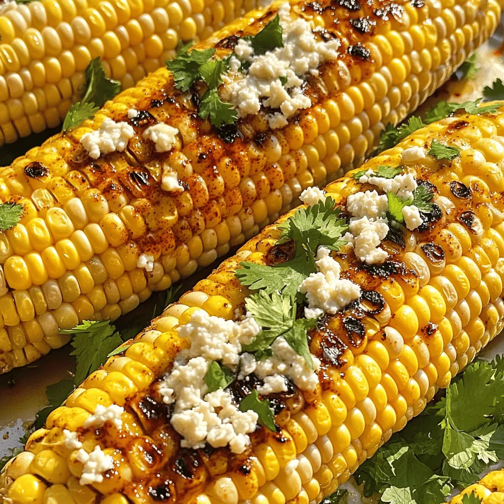 For this recipe, you need four ears of fresh corn. Choose corn that feels firm. The husk should be bright green and tightly wrapped. Fresh corn has a sweet taste that shines when grilled. The magic happens with the spices. You will need: - 3 tablespoons butter, melted - 1 teaspoon chili powder - 1 teaspoon garlic powder - 1 teaspoon ground cumin - Juice of 2 limes - Salt to taste These spices add bold flavors to the corn. The butter helps the spices stick and brings richness. Lime juice adds a fresh zing that perfectly balances the spices. For an extra touch, you can add garnishes. I recommend: - Crumbled cotija cheese (optional, for garnish) - Fresh cilantro, chopped (for garnish) Cotija cheese gives a savory bite. Chopped cilantro adds brightness and color. Use these garnishes to enhance your dish’s look and taste. You can find the full recipe for more details. First, get your grill ready. Preheat it to medium-high heat. This step helps the corn cook evenly. You want a nice sear on those kernels. Make sure the grates are clean. This way, your corn won’t stick. Give it a quick wipe if needed. Now, let’s make the chili lime butter. In a small bowl, combine these ingredients: - 3 tablespoons melted butter - 1 teaspoon chili powder - 1 teaspoon garlic powder - 1 teaspoon ground cumin - Juice of 2 limes - Salt to taste Mix them well. This butter packs a punch! It adds flavor and moisture to the corn. Set this bowl aside. You will use it soon. Next, prepare the corn. Husk the ears and remove the silk. Pat them dry with a paper towel. This helps the butter stick better. Brush each ear with the chili lime butter. Make sure to coat all sides. Now, place the corn on the grill. Close the lid and grill for about 10-12 minutes. Rotate the corn every few minutes. You want those kernels to be charred and tender. When they are done, take them off the grill. Let them cool for a bit. If you like, sprinkle some salt on top. You can also add crumbled cotija cheese. Garnish with fresh cilantro for a pop of color. For the full recipe, check out the details above. Enjoy your tasty chili lime grilled corn! To make the best chili lime grilled corn, start with fresh corn. Look for ears with bright green husks. The kernels should be plump and firm. Test them by pressing lightly. If they feel full, they are good. Sweet corn works best for this recipe. It gives a nice, natural sweetness to balance the chili flavor. You can find fresh corn at farmers' markets or grocery stores during the summer. Even cooking is key for great grilled corn. To achieve this, rotate the corn often on the grill. Every few minutes, turn each ear to get a nice char. This helps all sides cook evenly. If some spots get too dark, move the corn to a cooler spot on the grill. You can also soak the corn in water for 30 minutes before grilling. This helps keep it moist and prevents burning. If you don't have a grill, you can still enjoy this dish. Try using a stovetop grill pan. It works well and gives nice grill marks. Preheat the pan and follow the same steps as grilling. You can also roast the corn in the oven. Wrap the corn in foil and bake at 400°F for 20-25 minutes. Just remember to coat it with that tasty chili lime butter mix first. For a fun twist, you can even boil the corn and then brush it with the chili lime sauce. {{image_2}} You can change the spice mix to suit your taste. Try adding smoked paprika for a smoky flavor. If you love heat, mix in cayenne pepper. You can also add oregano for a nice herbal note. Each spice adds its own twist, making your corn unique. Instead of cotija cheese, use feta or Parmesan. Both give a salty bite. Try adding diced avocado for creaminess. A sprinkle of lime zest adds brightness and color. Fresh scallions or jalapeños can also bring an extra kick. Mix and match for fun flavors! Chili lime grilled corn pairs well with many dishes. Serve it alongside grilled chicken or steak for a hearty meal. It also complements fresh salads or tacos. For a light snack, enjoy it with a cool dip. The corn’s bold flavor makes it a crowd-pleaser at BBQs or picnics. Check out the Full Recipe for all the details! If you have leftover grilled corn, store it in an airtight container. This keeps it fresh. You can also wrap it tightly in plastic wrap. Store it in the fridge for up to three days. Make sure it is cool before you store it. To reheat grilled corn, use the microwave or grill. If using a microwave, place the corn on a plate. Heat it for about 1-2 minutes. Check if it’s hot enough. If you prefer the grill, heat it on medium for about five minutes. Turn it to heat evenly. You can freeze grilled corn for later use. First, let it cool completely. Then, wrap each ear tightly in plastic wrap. Place the wrapped corn in a freezer bag. It will last for up to three months. When you want to use it, thaw the corn in the refrigerator overnight. Grilling or microwaving can bring it back to life. For the full recipe, check out the details above. Yes, you can use frozen corn. However, fresh corn gives the best flavor and texture. If you use frozen corn, thaw it first. Drain any excess water. Grill the corn on a grill pan for even cooking. This method works well, but the taste may differ slightly. You can add more chili powder to the butter mix. A pinch of cayenne pepper will boost the heat too. You could also try adding diced jalapeños to the corn before grilling. This will give it a fresh and spicy kick. Adjust the spice level to fit your taste. Chili lime grilled corn goes great with many dishes. It pairs well with grilled chicken or fish. Tacos and burritos are also great options. You can serve it alongside a fresh salad for a light meal. This corn adds a zesty touch to any summer barbecue. For more ideas, check the Full Recipe. Grilling corn with chili lime butter creates a tasty dish anyone can enjoy. We covered fresh corn, key spices, and optional garnishes. I shared clear steps for prepping, grilling, and making chili lime butter. Remember, choose the best corn for the best flavor. Use the tips for even cooking and explore different spice mixes. Don’t forget about storage and reheating options. Now, you’re ready to make the best grilled corn! Enjoy the savory flavors at your next meal.