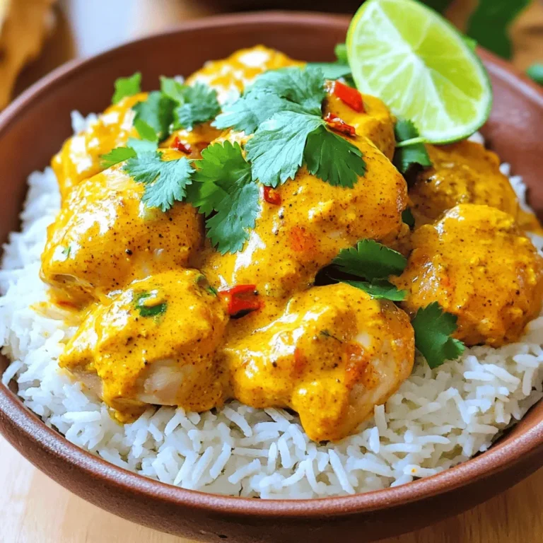 For a tasty chicken tikka masala, gather these key ingredients: - 2 pounds boneless, skinless chicken thighs, cut into bite-sized pieces - 1 large onion, finely chopped - 4 cloves garlic, minced - 1 tablespoon fresh ginger, grated - 1 can (14 oz) crushed tomatoes - 1 cup coconut milk - 2 tablespoons garam masala - 2 tablespoons curry powder - 1 teaspoon ground cumin - 1 teaspoon paprika - 1 teaspoon turmeric - 1 teaspoon chili powder (adjust for heat preference) - 1 tablespoon olive oil - Salt and pepper to taste - Fresh cilantro, for garnish - Steamed basmati rice, for serving These ingredients create a rich and creamy dish. The chicken thighs add tenderness. The onion, garlic, and ginger build a strong flavor base. Tomatoes and coconut milk provide a luscious sauce. The spices give the dish its signature taste. You can adjust seasoning to fit your taste: - Use salt and pepper to enhance all flavors. - Control heat by changing the chili powder amount. Add less for mild or more for spicy. These small changes let you make the dish your own. Taste and adjust as you go for the best results. For a beautiful presentation, use fresh cilantro as a garnish. It adds color and freshness. Serve the chicken tikka masala over steamed basmati rice. The rice soaks up the sauce well. You can create a lovely plate by placing rice on one side and the tikka masala next to it. A lime wedge adds a pop of color and a zesty touch. This simple garnish makes your dish stand out. For the full recipe, check out the detailed steps to get your chicken tikka masala just right! - Seasoning the chicken Start by cutting your chicken thighs into bite-sized pieces. Place the chicken in a large bowl. Add salt, pepper, garam masala, curry powder, ground cumin, paprika, turmeric, and chili powder. Mix everything well. This step builds layers of flavor that make your dish special. - Sautéing onions, garlic, and ginger Heat olive oil in a skillet over medium heat. Add the chopped onion and cook until it turns translucent, about 5-7 minutes. Then, add the minced garlic and grated ginger. Cook for one more minute until you smell that wonderful aroma. This combination forms a tasty base for your chicken tikka masala. - Transferring ingredients to the slow cooker Transfer the sautéed onion mixture to the slow cooker. Add your seasoned chicken pieces alongside crushed tomatoes and coconut milk. Stir everything together gently. Make sure all the chicken pieces are well coated with the sauce. - Cooking times on low and high settings Cover the slow cooker with its lid. Cook on low for 6-8 hours or on high for 3-4 hours. The chicken should be tender and cooked through. The slow cooker does all the work for you, allowing the flavors to meld beautifully. - Adjusting seasoning Once your cooking time is up, taste the dish. Adjust the seasoning if needed. You may want a little more salt or spice, depending on your taste. - Thickening the sauce option If you like a thicker sauce, remove the lid. Cook on high for another 30 minutes, stirring occasionally. This step helps the sauce reach that perfect consistency. Enjoy serving your Slow Cooker Chicken Tikka Masala over steamed basmati rice, and don't forget to garnish it with fresh cilantro. For the full recipe, check out [Full Recipe]. Marinating chicken is key. It makes the chicken tender and full of flavor. I recommend marinating for at least one hour, but overnight is best. This helps the spices soak in deep. Using fresh spices is also important. Fresh spices can greatly enhance the taste. Always check your spice jars. If they smell weak, it's time to replace them. Whole spices are ideal. You can grind them just before use for the best taste. Different slow cooker brands can have varying cooking times. Always check your model's manual for guidance. In general, cooking on low takes about 6-8 hours. High settings usually take 3-4 hours. To avoid overcooking chicken, check it early. If it feels tender and pulls apart easily, it's done. Overcooked chicken can become dry, which we want to avoid. Presentation makes a big difference. For plating, try placing the rice in a small mound on one side. Spoon the chicken tikka masala next to it, and sprinkle fresh cilantro on top. For a fun twist, add a lime wedge for color and zest. Pairing is also essential. Steamed basmati rice works great with chicken tikka masala. You might also enjoy a light cucumber salad or naan on the side. For drinks, try a refreshing mango lassi or a chilled glass of white wine. For the complete recipe, check out the Full Recipe. {{image_2}} You can make a tasty vegetarian version of this dish. Just swap the chicken for chickpeas or tofu. Chickpeas add protein and a nice nutty flavor. Tofu will soak up the sauce and become very flavorful. To use chickpeas, use two cans, drained and rinsed. For tofu, press it to remove water and cut it into cubes. Season them just like chicken. Then, follow the same steps in the Full Recipe. If you want a dairy-free meal, use alternative creams instead of coconut milk. Options like cashew cream or almond milk can work well. Cashew cream gives a rich and creamy texture. Almond milk is lighter but still tasty. Just keep an eye on the thickness of your sauce. You might need to adjust the cooking time to get it just right. You can easily change the heat level in your chicken tikka masala. Use different types of chili to switch up the spice. For mild heat, you can use sweet paprika. For more heat, try cayenne pepper or serrano chilies. Start with a small amount, then taste and adjust as needed. This way, everyone can enjoy the dish at their own heat level. To keep chicken tikka masala fresh, store it in an airtight container. Let the dish cool first. This helps prevent steam from building up inside the container. Place it in the fridge. It will stay good for about 3 to 4 days. Make sure to label the container with the date. This way, you won't forget how long it's been in there. If you want to save some for later, freezing is a great option. First, let the dish cool completely. Then, transfer it to a freezer-safe container. You can also use freezer bags. Remove as much air as you can before sealing. Chicken tikka masala can last in the freezer for about 3 months. When you're ready to eat it, thaw it overnight in the fridge. This keeps the flavors intact. To reheat chicken tikka masala without losing texture, use the stovetop. Place the dish in a pot over low heat. Stir it often to heat evenly. You can also add a splash of water or coconut milk if it seems thick. Another option is the microwave. Use a microwave-safe dish, cover it loosely, and heat in short bursts. Stir in between to ensure even warming. Enjoy your delicious meal just like it was fresh! Yes, you can prepare chicken tikka masala ahead of time. Just cook it as normal and let it cool. After that, store it in an airtight container. It will keep in the fridge for about three days. For longer storage, freeze it for up to three months. Thaw it in the fridge overnight before reheating. This makes quick meals during busy days easy and tasty. To thicken the sauce, remove the lid and let it cook for another 30 minutes on high. This will help reduce some liquid. You can also mix in a cornstarch slurry. To make a slurry, mix one tablespoon of cornstarch with two tablespoons of water. Stir this into the sauce and let it cook for a few more minutes. This adds body and richness to your dish. Steamed basmati rice is a classic choice. It soaks up the sauce well. You can also serve warm naan bread for dipping. A simple side salad with cucumber and tomatoes can add freshness. For an extra kick, serve with yogurt or raita. These options balance the spices in the dish and make it a complete meal. This article covered how to make delicious Chicken Tikka Masala. We looked at the key ingredients, seasoning tips, and the slow cooking process. You learned how to adjust flavors and presentation to enhance your dish. Don't forget that options exist for vegetarian and dairy-free versions. Proper storage and reheating can keep leftovers enjoyable. With these steps, you can master Chicken Tikka Masala. Enjoy cooking it, and impress your friends and family with your skills.