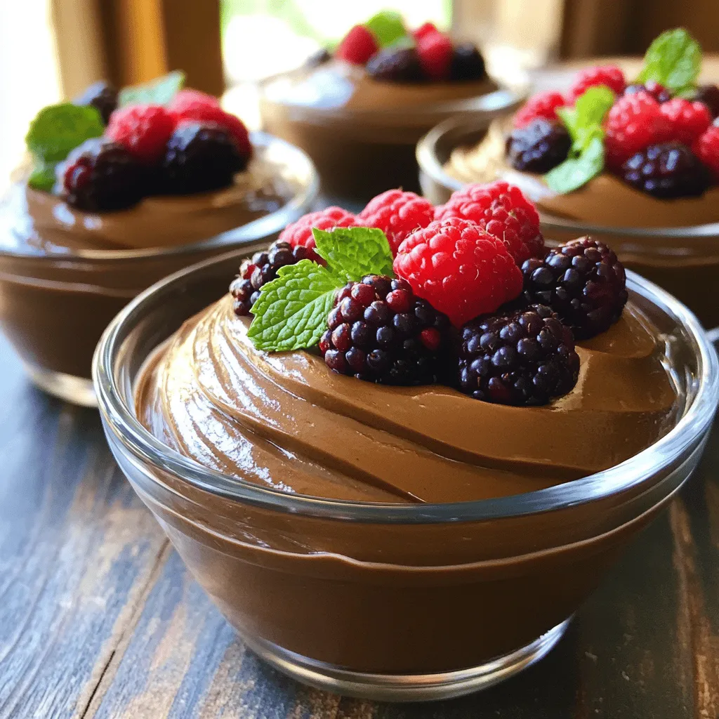 - 2 ripe avocados, pitted and peeled - 1/3 cup unsweetened cocoa powder - 1/3 cup maple syrup or agave nectar - 1/4 cup almond milk (or any plant-based milk) - 1 teaspoon vanilla extract - A pinch of sea salt - 1/4 cup dairy-free dark chocolate chips (melted for extra richness) - Fresh berries and mint leaves for garnish - Calories per serving: About 200 - Macronutrient breakdown: - Fats: 12g - Carbs: 24g - Protein: 3g - You can use honey or coconut sugar instead of maple syrup. - For milk, try oat milk or coconut milk for a creamier taste. - Use regular dark chocolate chips if you do not need a dairy-free option. The ingredients for the mousse are simple and healthy. You can tweak the recipe to fit your taste. If you want to make it sweeter, just add more sweetener. This mousse is not only tasty but also packed with nutrients from avocados. They are rich in healthy fats and fiber. Enjoy making this easy treat! For the full recipe, check out the detailed instructions above. How to prepare avocados Start by cutting the avocados in half. Remove the pit carefully. Use a spoon to scoop out the creamy flesh. Make sure the avocados are ripe for the best flavor. They should feel soft but not mushy. Measuring and mixing dry ingredients In a small bowl, measure out 1/3 cup of unsweetened cocoa powder. This will give your mousse that rich chocolate taste. Add a pinch of sea salt to enhance the chocolate's flavor. Mixing these dry ingredients first helps them blend well later. Combining wet ingredients In your food processor, combine the ripe avocados, cocoa powder, and sea salt. Next, add 1/3 cup of maple syrup or agave nectar for sweetness. Pour in 1/4 cup of almond milk and 1 teaspoon of vanilla extract. These wet ingredients will make the mousse creamy and smooth. Using a food processor effectively A food processor is perfect for this recipe. It mixes the ingredients evenly and saves time. Start blending on a low speed to combine everything. Gradually increase the speed for a smooth mixture. Scrape down the sides if needed to mix well. Tips for achieving a smooth texture Blend until the mixture is completely smooth and creamy. If you find lumps, keep blending for a few more seconds. The goal is a silky texture that feels rich and decadent. Recommended chilling time for best results After blending, transfer the mousse into bowls or cups. Refrigerate for at least 30 minutes. This chilling time allows the flavors to meld and the mousse to set. Serving suggestions and presentation tips Before serving, top with fresh berries and mint leaves. This not only adds color but also a nice flavor contrast. Serve it in clear cups to show off the rich, dark color of the mousse. For the full recipe, check out the detailed instructions above. To avoid lumps in your mousse, start with ripe avocados. They should be soft but not brown. Cut them in half, remove the pit, and scoop the flesh into your food processor. Blend them until smooth before adding other ingredients. This way, you get a creamy base. Next, when you incorporate melted chocolate, make sure it is not too hot. Hot chocolate can cook the avocado, which changes the texture. Let it cool for a minute before adding it to the mix. Blend again until everything is silky smooth. You can add spices or extracts to make your mousse unique. A pinch of cinnamon or a drop of peppermint extract can bring great flavor. For a twist, try adding a dash of espresso powder for a mocha flavor. Experiment with what you like! You can also swap sweeteners to suit your taste. If maple syrup isn't your favorite, try using honey or agave nectar. Each option adds a different layer of taste. One common mistake is over-blending the mixture. While you want it smooth, too much blending can make it runny. Blend just until combined, then stop. Another mistake is not allowing enough chilling time. Chilling for at least 30 minutes is key to a nice texture. This helps it set and makes the flavors meld together. Trust me, waiting is worth it! {{image_2}} To keep this mousse totally plant-based, use almond milk or any plant-based milk. For the sweetener, maple syrup or agave nectar works great. You can top your mousse with fresh berries, coconut whipped cream, or nuts for extra flavor. These garnishes fit into many diets and add fun textures. Want to try something new? You can add a shot of espresso or brewed coffee for a mocha twist. This adds a rich, deep flavor that pairs well with chocolate. Another fun idea is to infuse citrus zest, like orange or lime, into the mix. This gives the mousse a bright, refreshing taste that balances the richness. If you want to serve more people, just double the recipe. This mousse is easy to scale up for parties or family gatherings. For smaller events, you can divide the mousse into smaller cups. This way, everyone can enjoy a delicious treat without overdoing it. To store leftovers, place the mousse in airtight containers. This helps keep the mousse moist and fresh. A glass jar or a plastic container with a tight lid works well. Make sure to press plastic wrap directly onto the surface to prevent browning. You can freeze chocolate avocado mousse for later use. Simply scoop the mousse into freezer-safe containers. Leave some space at the top, as it may expand when frozen. To thaw, move it to the fridge overnight. For the best texture, stir it gently after thawing. In the fridge, chocolate avocado mousse stays fresh for about three days. Look for any signs of spoilage. If the mousse develops an off smell or changes color, it's best to discard it. Enjoying this mousse fresh ensures you get the best taste and texture! You won't taste the avocado. The cocoa powder and sweeteners mask its flavor. The avocado gives the mousse a rich and creamy texture. It blends well with chocolate, making it smooth. This balance creates a delightful treat without any avocado taste. Yes, this mousse is healthy! Avocados are full of good fats, vitamins, and fiber. They help keep your heart strong and your skin glowing. Using maple syrup adds natural sweetness without refined sugar. This dessert is both tasty and nutritious. You can easily make this mousse ahead of time. It keeps well in the fridge for up to three days. Just store it in an airtight container. This makes it a great treat for parties or meal prep. You can enjoy it whenever you want! Check out the Full Recipe for more details on preparation. This blog post showed you how to make a delicious chocolate avocado mousse. You learned the key ingredients, fun tips, and variations for a perfect dessert. Remember, with some simple swaps, you can make it fit any diet. Don't forget the chilling time; it makes all the difference in texture. This rich dessert not only satisfies your sweet tooth but also brings health benefits. Enjoy making and sharing this treat with others!