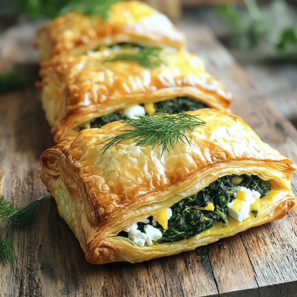 To make this tasty treat, you need some key ingredients: - 1 sheet of puff pastry, thawed - 2 cups fresh spinach, chopped - 1 cup feta cheese, crumbled - 1/4 cup cream cheese, softened - 1/4 cup grated Parmesan cheese These ingredients come together to create a delicious filling. The puff pastry acts as a light and flaky outer layer. The fresh spinach brings a bright flavor, while feta adds a salty kick. Cream cheese and Parmesan contribute to a rich, creamy texture. You’ll want to add some seasonings to enhance the flavors: - 1 clove garlic, minced - 1/2 teaspoon onion powder - 1/4 teaspoon black pepper - Salt to taste - 1 tablespoon olive oil Garlic offers a strong aroma while cooking. Onion powder gives a subtle sweetness. Black pepper adds just the right amount of spice. Salt helps to bring out the natural flavors of the ingredients. Olive oil keeps everything moist while sautéing. For a beautiful finish, use: - 1 egg for washing - Optional garnishes like fresh herbs The egg wash helps the pastry turn golden brown and shiny. It creates an appealing look that makes your dish even more inviting. Consider garnishing with fresh herbs like dill or parsley. They add color and a fresh taste to your dish. Want to see the full recipe? Check out the Full Recipe for more details! To start, you need to thaw the puff pastry. Leave it in the fridge overnight or at room temp for about 30 minutes. Once thawed, it should be soft but not sticky. Next, chop the fresh spinach. You want about two cups. Use a sharp knife to make this easy and quick. Now, heat your olive oil in a skillet over medium heat. Add one clove of minced garlic. Cook it until it smells great, which takes about a minute. Next, toss in your chopped spinach. Stir it for about two to three minutes until it's wilted. Take it off the heat and let it cool a bit. In a mixing bowl, combine the cooked spinach with crumbled feta, softened cream cheese, grated Parmesan, onion powder, black pepper, and salt. Mix everything together until it's smooth and creamy. Roll out the thawed pastry on a floured surface. Aim for about 1/8 inch thick. Cut the pastry into 4-inch squares. Spoon a good amount of the spinach and cheese mixture into the center of each square. Fold the corners over the filling to make a pocket. Press down to seal it well. Place the filled pastries on a parchment-lined baking sheet. Preheat your oven to 400°F (200°C). In a small bowl, beat one egg. Brush this egg wash over the top of each pastry. This will give them a nice golden color when baked. Bake in the oven for 20 to 25 minutes. You want them puffy and golden brown. Once they’re done, let them cool slightly before serving. For the full recipe, check the details above. To get great puff pastry, keep it cold. Warm pastry will become soggy. Here are some tips: - Work quickly: Handle the pastry as little as possible. - Chill tools: Use cold baking sheets and bowls. - Pre-bake: If you want a crispy base, bake for a few minutes before adding the filling. For even baking, try these techniques: - Rotate the pan: Halfway through baking, turn the pan for uniform heat. - Use parchment: Line your baking sheet to avoid sticking. To boost the taste of your savory spinach and feta puff pastry, add herbs and spices. Consider these: - Dill: Adds a fresh, herbal note. - Nutmeg: A pinch can enhance the spinach's flavor. You can also swap cheeses or veggies. Try: - Goat cheese: For a tangy twist. - Mushrooms: For an earthy depth. Presenting your dish well makes it more inviting. Here are some ideas: - Garnish: Sprinkle fresh herbs like dill or parsley on top. - Serving style: Arrange them on a wooden board for a rustic look. Serve warm to keep the filling rich and creamy. Enjoy your delightful treat! {{image_2}} You can easily make this dish even more colorful and tasty. Adding other greens can boost the flavor and nutrition. Consider using kale or Swiss chard for a great twist. You can also mix in mushrooms or artichokes. These add a hearty texture and rich taste. Sauté them with garlic before mixing them into the filling. This gives you a fun and unique dish every time. If you are looking for gluten-free options, you can find good puff pastry brands. Many stores now carry gluten-free versions. They work just as well in this recipe. If you want a lighter version, use low-fat cream cheese. You can also cut down on the cheese. This keeps the taste without the extra calories. Turning these pastries into bite-sized appetizers is easy. Simply cut the puff pastry into smaller squares. This way, guests can enjoy them at parties or gatherings. Pair them with dipping sauces, like tzatziki or a spicy aioli. These sauces add flavor and make each bite even more exciting. For a full experience, serve them warm on a nice platter. These simple changes keep the dish fresh and fun. For the full recipe, check the earlier section! To store leftovers, place them in an airtight container. Keep them in the fridge for up to three days. Before serving, reheat the pastries in an oven at 350°F (175°C) for about 10 minutes. This helps restore the crispness of the pastry. You can freeze these pastries before or after baking. If freezing before baking, prepare the pastries and place them on a baking sheet. Freeze them for about an hour until firm, then transfer to a freezer bag. They can last up to three months. When ready to bake, you can cook them straight from the freezer. Just add a few extra minutes to your baking time. If you freeze them after baking, let them cool completely first. Wrap each pastry in plastic wrap and place in a freezer-safe bag. They can also last for three months in the freezer. When you want to enjoy them, thaw in the fridge overnight and reheat in the oven until warm. For detailed steps on making these delicious pastries, check the Full Recipe. Making Savory Spinach and Feta Puff Pastry takes about 45 minutes. It includes 15 minutes of prep time and 25 minutes of baking. This quick recipe is perfect for busy days or as a fun snack. Yes, you can use frozen spinach. It saves time and is easy to find. Just be sure to thaw it first and squeeze out any extra water. Frozen spinach works well, but fresh spinach has a better taste and texture. These pastries pair nicely with side salads or soups. A simple green salad with a light vinaigrette works well. You can also try serving them with a warm tomato soup for a cozy meal. Your pastry is done when it's golden brown and puffed up. Look for a crispy texture and a nice color. If it looks like this, it’s time to take it out and enjoy your delicious treat! You’ve learned about making Savory Spinach and Feta Puff Pastry. We covered the essential ingredients like puff pastry, fresh spinach, and creamy cheeses. I walked you through step-by-step instructions, tips for great results, and fun variations. Remember to store leftovers properly for the best taste. With a few simple techniques, you can enjoy this dish in many ways. Get creative and enjoy your cooking journey!