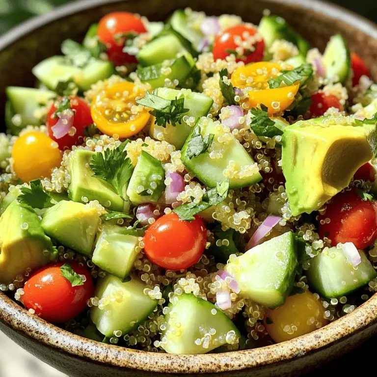 To prepare a tasty Savory Quinoa Salad with Avocado, you need fresh and simple ingredients. Here’s what you will need: - 1 cup quinoa, rinsed - 2 cups vegetable broth (or water) - 1 ripe avocado, diced - 1 cup cherry tomatoes, halved - 1 cucumber, diced - 1/2 red onion, finely chopped - 1/4 cup fresh cilantro, chopped - 1 lime, juiced - 2 tablespoons olive oil - 1 teaspoon ground cumin - Salt and pepper to taste Each ingredient plays a key role in making the salad vibrant and healthy. Quinoa serves as a protein base. Avocado adds creaminess. Cherry tomatoes bring sweetness. Cucumber adds crunch. Red onion provides a little bite. Fresh cilantro gives it a refreshing taste. Lime juice and olive oil create a delicious dressing that ties everything together. Using quality ingredients will enhance your salad’s flavor. If you want to know how to make it, check the Full Recipe. 1. First, grab a medium saucepan. 2. Pour in 2 cups of vegetable broth. 3. Bring the broth to a boil over medium heat. 4. Once boiling, add 1 cup of rinsed quinoa. 5. Lower the heat to a simmer. 6. Cover the pot and cook for about 15 minutes. 7. When the liquid is absorbed, fluff the quinoa with a fork. 8. Set it aside to cool. 1. While the quinoa cools, let’s prep the veggies. 2. Start by dicing the ripe avocado into small pieces. 3. Next, halve the cherry tomatoes. 4. Then, chop the cucumber into bite-sized pieces. 5. Finally, finely chop the red onion. 1. In a large mixing bowl, combine the cooled quinoa. 2. Add the diced avocado, halved tomatoes, cucumber, and red onion. 3. Sprinkle in 1/4 cup of chopped cilantro for fresh flavor. 4. In a small bowl, whisk together the dressing. 5. Mix the juice of 1 lime, 2 tablespoons of olive oil, 1 teaspoon of cumin, salt, and pepper. 6. Pour the dressing over the salad mixture. 7. Gently toss everything together until it’s well coated. 8. Taste the salad and adjust the seasoning if needed. 9. Let it sit for a few minutes to blend the flavors. For the full recipe, check out the details above! To make the best quinoa, start by rinsing it well. This step removes the bitter coating called saponin. Just place the quinoa in a fine-mesh sieve and run cold water over it until the water runs clear. Next, cook the quinoa for a fluffy texture. Use two cups of vegetable broth or water for every cup of quinoa. Bring the broth to a boil, add the rinsed quinoa, and cover the pot. Lower the heat and let it simmer for about 15 minutes. Once the liquid is absorbed, fluff the quinoa with a fork. Let it cool before mixing it with other ingredients. Seasoning makes your salad shine. Taste before serving and adjust the salt, pepper, or lime juice. If you prefer a stronger flavor, add more cumin or lime juice. Store the dressing separately until you are ready to eat. This keeps your salad fresh and crisp. Just drizzle the dressing over the salad right before serving. Use vibrant vegetables for a beautiful presentation. Cherry tomatoes, diced cucumber, and fresh cilantro add color. When serving, consider using a large bowl for gatherings. You can also layer the salad in small jars for a fun touch. This makes it easy for guests to grab their own serving. For a fresh meal, these tips will help you create a delightful Savory Quinoa Salad with Avocado. For the full recipe, check out the details above. {{image_2}} You can boost the protein in your savory quinoa salad easily. Adding chickpeas or black beans gives it a nice texture and makes it filling. These legumes are not only tasty but also packed with nutrients. If you prefer meat, grilled chicken or shrimp work great too. They add a lovely flavor and make the salad even heartier. To take the taste up a notch, try incorporating spices like paprika or chili powder. These spices add warmth and depth. Another fun option is to toss in some nuts or seeds for crunch. Think of almonds or sunflower seeds; they add a nice bite and extra nutrition to the mix. When making this salad, feel free to switch up the veggies based on what’s fresh and available. If you find bell peppers or zucchini at the market, chop them up and toss them in. You can also change the herbs for varied flavor. Fresh basil or parsley can add a new twist. This way, your salad stays exciting and seasonal. For the full recipe, check [Full Recipe]. After making the savory quinoa salad, let it cool before storing. Place the leftover salad in a sealed container. This keeps it fresh and helps avoid sogginess. The salad can stay fresh in the fridge for about 3 days. To enjoy it later, just give it a gentle stir before serving. You can freeze quinoa salad, but it may change texture. If you choose to freeze it, store it in an airtight container. When you’re ready to eat, thaw it in the fridge overnight. After thawing, mix in fresh avocado and other veggies for the best taste. To make meal planning easier, prepare the quinoa and veggies ahead of time. Store the quinoa and vegetables separately in the fridge. This keeps them fresh and crisp. When you're ready to eat, combine everything and add the dressing. Enjoy your fresh meal without the hassle! Your quinoa salad stays fresh for about 3 to 5 days in the fridge. Store it in an airtight container. This keeps it tasty and safe to eat. If you notice any changes in smell or texture, it's best to toss it. Yes, you can! If you want a change, try using brown rice or farro. These grains have a nice texture and flavor. They also make your salad filling. Just adjust the cooking time based on the grain you choose. If you want to skip the avocado, try using diced mango or cooked sweet potato. Both add creaminess and sweetness to your salad. You can also use hummus for a creamy texture without the avocado. Yes, this salad is gluten-free! Quinoa is a great choice for those avoiding gluten. Just make sure to check any additional ingredients, like broth, to ensure they are also gluten-free. Absolutely! This salad is already vegan-friendly. Just use vegetable broth instead of chicken broth. You can also add more veggies or nuts for extra flavor and texture. You can change the dressing to keep things exciting! Try a balsamic vinaigrette or a tahini dressing for a different taste. You can also add herbs like basil or dill for extra flavor. In this post, we covered a tasty quinoa salad recipe. You learned about the fresh ingredients, cooking steps, and how to add your twist. Keep in mind the tips for storage and meal prep. Quinoa salad is not just healthy; it’s also versatile. Use it as a main meal or a side dish. Enjoy the flavors and colors of your salad. This recipe will please your taste buds, whether you share it or savor it alone. Happy cooking!