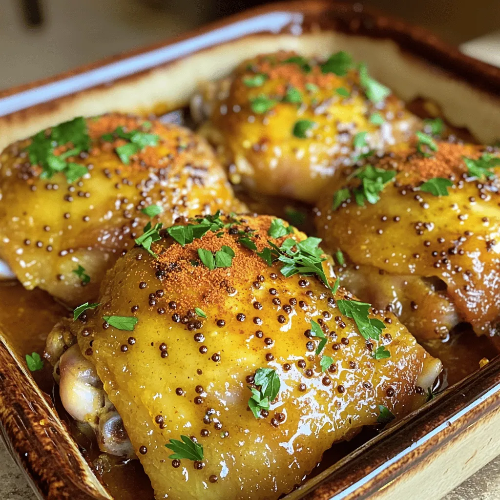 - 4 bone-in, skin-on chicken thighs - 1/4 cup honey - 1/4 cup Dijon mustard - 2 tablespoons olive oil - 2 cloves garlic, minced - 1 teaspoon smoked paprika - 1 teaspoon dried thyme - Salt and pepper to taste - Fresh parsley for garnish - Baking dish - Medium bowl - Whisk - Zip-top bag When making honey mustard chicken thighs, gathering the right ingredients is key. The main elements are chicken thighs, honey, and Dijon mustard. These three components work together to create a sweet and tangy flavor. The additional ingredients enhance the dish. Olive oil keeps the chicken moist. Garlic adds depth. Smoked paprika gives a nice warmth. Dried thyme brings a subtle earthiness. Salt and pepper elevate the taste. The fresh parsley at the end adds a pop of color and freshness. For tools, you’ll need a baking dish to cook the chicken. A medium bowl helps mix your marinade. A whisk is perfect for blending. Finally, a zip-top bag makes marinating easy and mess-free. Follow the Full Recipe to make this dish a hit at your table! - Step 1: Preheat the oven to 400°F (200°C). - Step 2: Prepare the marinade in a medium bowl. Whisk together 1/4 cup honey, 1/4 cup Dijon mustard, 2 tablespoons olive oil, 2 cloves minced garlic, 1 teaspoon smoked paprika, 1 teaspoon dried thyme, and some salt and pepper. This mix adds a sweet and tangy flavor that pairs perfectly with chicken. - Step 3: Marinate the chicken thighs in a zip-top bag. Place 4 bone-in, skin-on chicken thighs inside, and pour the marinade over them. Seal the bag and toss gently to coat. Refrigerate for at least 30 minutes or up to 4 hours to deepen the flavor. The longer you marinate, the better it tastes. - Step 4: Arrange chicken in the baking dish. Take the chicken thighs out of the marinade and let excess drip off. Place them skin-side up in the dish. - Step 5: Bake until golden and cooked through. Pour the remaining marinade over the chicken thighs. Bake for 35-40 minutes. The chicken should reach an internal temperature of 165°F (75°C) and have crispy skin. - Step 6: Garnish and allow to rest. Once cooked, let the chicken rest for 5 minutes. Garnish with fresh parsley for a pop of color. This step makes your dish look great and allows the juices to settle. Enjoy the delicious flavors of your Honey Mustard Chicken Thighs! For the full recipe, check out the [Full Recipe]. To make your honey mustard chicken thighs shine, adjust the honey and mustard. If you want more sweetness, add extra honey. For more tang, increase the Dijon mustard. Marinating the chicken longer will make the flavor deeper. I often let mine sit for a few hours. This way, the chicken absorbs all the tasty goodness. A meat thermometer is your best friend. It ensures your chicken is cooked just right. Aim for 165°F (75°C) for safe eating. To get crispy skin, broil the chicken for a few minutes at the end. This adds a nice crunch that everyone loves. Pair your honey mustard chicken thighs with roasted vegetables or fluffy rice. These sides balance the sweet and tangy flavors. For drinks, consider pairing it with a light white wine or iced tea. Both refresh and complement the meal well. Enjoy your cooking adventure! {{image_2}} You can easily change the taste of your honey mustard chicken thighs. Here are some ideas: - Add different herbs like rosemary or oregano for a fresh twist. - Incorporate chili flakes for a spicy kick that adds heat. Switch up how you cook the chicken for new flavors: - Grill the chicken instead of baking. This gives it a smoky flavor. - Use a slow cooker for an easy, set-it-and-forget-it method. This is great for busy days. How you serve the chicken can also change the meal: - Make it a sandwich or wrap for a fun lunch option. - Serve over a salad for a light and healthy meal. It’s refreshing and filling. For the complete recipe, you can check the Full Recipe section. Keep your Honey Mustard Chicken Thighs in an airtight container. They last up to 3 days in the fridge. This way, you can enjoy tasty meals without waste. You can freeze cooked chicken thighs for up to 3 months. Make sure they cool down before freezing. For best results, place them in a freezer-safe bag. Thaw safely in the refrigerator before reheating. This keeps the chicken juicy and tender. To get the best texture, reheat in the oven. Set the oven to 350°F (175°C) and bake for about 15 minutes. If you need a quicker option, use the microwave. Just be careful not to overcook it. Enjoy your meal just like it was fresh! Don’t forget to check the Full Recipe for more cooking tips. Marinate for at least 30 minutes or up to 4 hours. This time allows the chicken to soak up the sweet and tangy flavors of the honey mustard marinade. If you have the time, longer marinating will give you even better taste. Chicken should reach an internal temperature of 165°F (75°C). This ensures the chicken is safe to eat and fully cooked. Use a meat thermometer to check this. Yes, adjust cooking time as boneless thighs may cook faster. Keep an eye on them and check for that perfect internal temperature. Boneless thighs can be super juicy and quick to prepare. Consider serving with sides like green beans or potatoes. Roasted vegetables or a fresh salad also pair well. You can even try rice for a complete meal. For a tasty touch, drizzle some extra honey mustard over your sides. This blog post guides you in making tasty honey mustard chicken thighs. You learned what ingredients to gather, how to marinate and cook the chicken, and tips to perfect your dish. Remember to adjust the marinade to fit your taste and try different cooking methods for variety. With careful storage, you can keep your leftovers fresh. Enjoy exploring various ways to serve this dish, making it your own! This recipe is simple, fun, and perfect for any meal. Happy cooking!