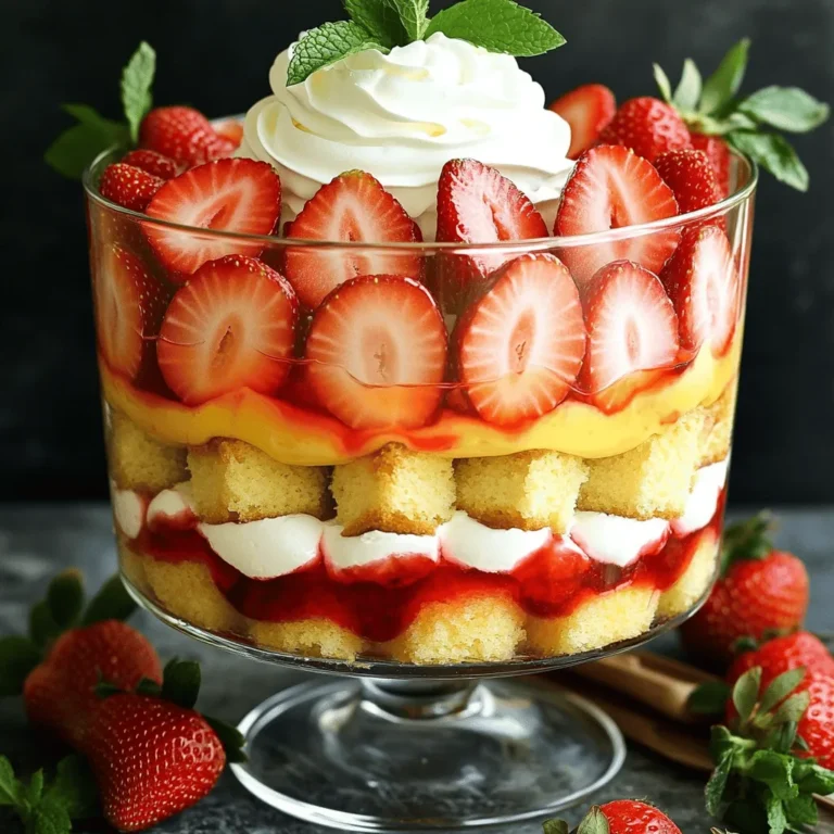To create a delicious strawberry shortcake trifle, you need the following ingredients: - 2 cups strawberries, hulled and sliced - 1/4 cup sugar - 1 lemon, zested and juiced - 1 cup heavy whipping cream - 1/3 cup powdered sugar - 1 teaspoon vanilla extract - 1 pound sponge cake or angel food cake, cut into cubes - 1 cup vanilla pudding (store-bought or homemade) - Fresh mint leaves for garnish Each ingredient plays a key role in flavor and texture. For strawberries, you can use any fresh berries if you wish. If you don’t have heavy cream, try using coconut cream for a dairy-free option. For the sponge cake, a pound cake works well too. When it comes to powdered sugar, regular sugar works, but the texture will be different. Using fresh ingredients makes a big difference. Fresh strawberries taste sweet and bright. They add a lovely color to your trifle. The heavy cream must be fresh for the best whipped cream. Fresh mint gives a nice pop of color and flavor on top. Always choose the best ingredients for a stunning dessert. It enhances the taste and impresses your guests! Start by washing your strawberries. Remove the green tops and slice them. Place them in a bowl. Add the sugar, lemon juice, and lemon zest. Stir well to coat the strawberries. Let them sit for 15-20 minutes. This helps the strawberries become sweet and juicy. The sugar will make a lovely syrup. Next, grab a clean bowl and pour in the heavy cream. Use a mixer to whip the cream until soft peaks form. This means it holds its shape a bit but is still soft. Slowly add the powdered sugar and vanilla extract while mixing. Keep whipping until you see stiff peaks. This means the cream is thick and fluffy. Now it’s time to build your trifle! In a large glass dish or individual cups, start with half of the sponge cake cubes. Spread them evenly at the bottom. Then, spoon half of the vanilla pudding over the cake. Next, add half of your juicy strawberry mixture. Follow this with half of the whipped cream. Repeat these layers with the rest of the ingredients. End with the remaining whipped cream on top. Decorate with fresh strawberries and mint leaves for color. Cover and chill it in the fridge for at least 2 hours. This lets all the flavors blend beautifully. For the full recipe, check out the details above! To make perfect whipped cream, start with cold heavy cream. I chill my mixing bowl for 10 minutes before using it. This keeps the cream cold and helps it whip faster. Pour the cream into the bowl and whip on medium speed. When soft peaks form, slowly add powdered sugar and vanilla extract. Continue whipping until you see stiff peaks. Watch closely, as over-whipping can cause the cream to turn grainy. When layering your trifle, start with a cake layer at the bottom. This base holds everything in place. Use a spoon to spread the pudding evenly on top. Next, add the strawberry mixture, followed by whipped cream. Repeat these layers to create a beautiful effect. Make sure to gently press each layer down to avoid air pockets. This technique gives your trifle a neat and tidy look. Your trifle should look as good as it tastes! Use a clear glass dish to show off those colorful layers. Finish with a generous dollop of whipped cream on top. Add fresh strawberries and mint leaves for a pop of color. For a fun twist, sprinkle some crushed cookies or nuts on top. This adds texture and visual appeal. Remember, a well-presented trifle makes for a delightful summer dessert! For the full recipe, check the details above. {{image_2}} You can change the fruit in your trifle. Instead of strawberries, try peaches or raspberries. Both fruits work well with the cream and cake. Blueberries also add a nice touch. Mix different fruits for a colorful dessert. Just remember to adjust the sugar based on the fruit's sweetness. Want to switch up the flavor? Use chocolate pudding instead of vanilla. This will give your trifle a rich twist. You can also try coconut cream for a tropical vibe. If you enjoy almond flavor, use almond extract in your vanilla pudding. These flavors pair well with various fruits. If you need a gluten-free trifle, use gluten-free cake. Many stores offer gluten-free sponge or angel food cake. You can also make your own using gluten-free flour. Check the pudding too. Some brands are gluten-free. Always read labels to ensure your dessert is safe and tasty. To store leftover strawberry shortcake trifle, cover it tightly. Plastic wrap works well. If you have a lid, use a container with a lid. Make sure the container seals well to keep it fresh. It is best to store it in the fridge. This will help keep the layers intact and the flavors bright. For storing your trifle, choose a glass or plastic container. A glass dish shows off the beautiful layers. Choose a container that is deep enough to hold the trifle. If you use individual cups, they are fun and easy to grab. Just remember to cover them well to keep each serving fresh. Your strawberry shortcake trifle will last about 3 days in the fridge. After that, the layers may get soggy. You can freeze it, but I do not recommend it. The cream may separate, and the cake can become mushy. If you must freeze it, try to freeze only the sponge cake. Assemble the trifle fresh when you are ready to serve. For the best taste, enjoy your trifle within a few days of making it. For the full recipe, check back to create this delightful summer dessert! Yes, you can make this dessert ahead of time. It tastes even better after chilling. Prepare the trifle and cover it. Place it in the fridge for up to 24 hours. The layers will meld together, creating a delicious treat. If you don’t have sponge cake, use angel food cake or ladyfingers. Both options work well. You can also try pound cake for a richer flavor. Just cut them into cubes for layering. To serve more people, double the recipe. Use a bigger trifle dish or multiple smaller ones. You can also make smaller servings in jars. This way, everyone gets a taste of this delight. Yes, you can use frozen strawberries. Thaw them before using. Drain excess liquid to avoid a soggy dessert. Frozen strawberries can taste great if you let them sit with sugar for a bit. They will soften and become sweet, perfect for your trifle. For the full recipe, check out the detailed instructions. In this post, we explored the complete guide to making a delicious strawberry shortcake trifle. We covered key ingredients, step-by-step instructions, and essential tips for perfect layers. You learned about variations, storage tips, and answered common questions. Keep fresh ingredients on hand for the best taste. Enjoy trying out different fruits or flavors to make this dessert your own. With practice, you’ll impress everyone with your trifle skills. Remember, trifle is about fun and creativity—so, get started and let your imagination soar!