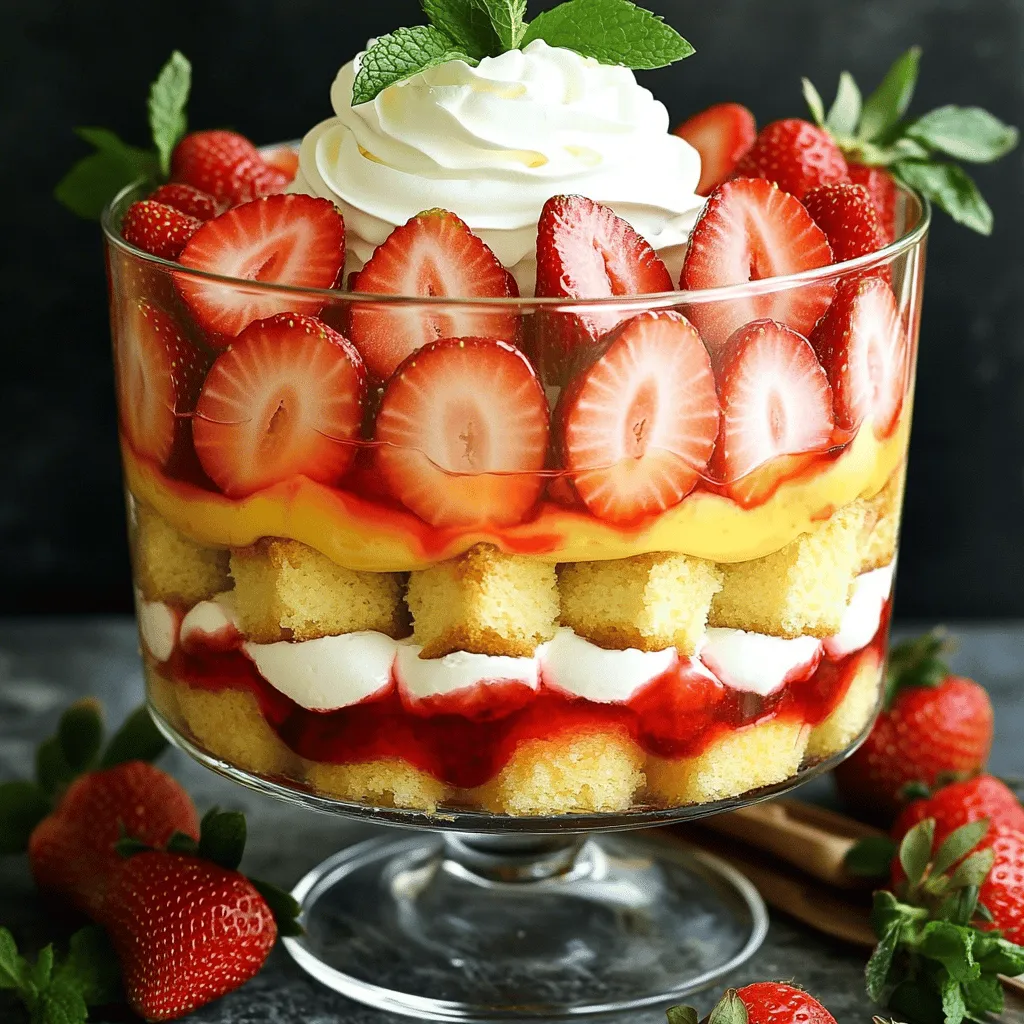 To create a delicious strawberry shortcake trifle, you need the following ingredients: - 2 cups strawberries, hulled and sliced - 1/4 cup sugar - 1 lemon, zested and juiced - 1 cup heavy whipping cream - 1/3 cup powdered sugar - 1 teaspoon vanilla extract - 1 pound sponge cake or angel food cake, cut into cubes - 1 cup vanilla pudding (store-bought or homemade) - Fresh mint leaves for garnish Each ingredient plays a key role in flavor and texture. For strawberries, you can use any fresh berries if you wish. If you don’t have heavy cream, try using coconut cream for a dairy-free option. For the sponge cake, a pound cake works well too. When it comes to powdered sugar, regular sugar works, but the texture will be different. Using fresh ingredients makes a big difference. Fresh strawberries taste sweet and bright. They add a lovely color to your trifle. The heavy cream must be fresh for the best whipped cream. Fresh mint gives a nice pop of color and flavor on top. Always choose the best ingredients for a stunning dessert. It enhances the taste and impresses your guests! Start by washing your strawberries. Remove the green tops and slice them. Place them in a bowl. Add the sugar, lemon juice, and lemon zest. Stir well to coat the strawberries. Let them sit for 15-20 minutes. This helps the strawberries become sweet and juicy. The sugar will make a lovely syrup. Next, grab a clean bowl and pour in the heavy cream. Use a mixer to whip the cream until soft peaks form. This means it holds its shape a bit but is still soft. Slowly add the powdered sugar and vanilla extract while mixing. Keep whipping until you see stiff peaks. This means the cream is thick and fluffy. Now it’s time to build your trifle! In a large glass dish or individual cups, start with half of the sponge cake cubes. Spread them evenly at the bottom. Then, spoon half of the vanilla pudding over the cake. Next, add half of your juicy strawberry mixture. Follow this with half of the whipped cream. Repeat these layers with the rest of the ingredients. End with the remaining whipped cream on top. Decorate with fresh strawberries and mint leaves for color. Cover and chill it in the fridge for at least 2 hours. This lets all the flavors blend beautifully. For the full recipe, check out the details above! To make perfect whipped cream, start with cold heavy cream. I chill my mixing bowl for 10 minutes before using it. This keeps the cream cold and helps it whip faster. Pour the cream into the bowl and whip on medium speed. When soft peaks form, slowly add powdered sugar and vanilla extract. Continue whipping until you see stiff peaks. Watch closely, as over-whipping can cause the cream to turn grainy. When layering your trifle, start with a cake layer at the bottom. This base holds everything in place. Use a spoon to spread the pudding evenly on top. Next, add the strawberry mixture, followed by whipped cream. Repeat these layers to create a beautiful effect. Make sure to gently press each layer down to avoid air pockets. This technique gives your trifle a neat and tidy look. Your trifle should look as good as it tastes! Use a clear glass dish to show off those colorful layers. Finish with a generous dollop of whipped cream on top. Add fresh strawberries and mint leaves for a pop of color. For a fun twist, sprinkle some crushed cookies or nuts on top. This adds texture and visual appeal. Remember, a well-presented trifle makes for a delightful summer dessert! For the full recipe, check the details above. {{image_2}} You can change the fruit in your trifle. Instead of strawberries, try peaches or raspberries. Both fruits work well with the cream and cake. Blueberries also add a nice touch. Mix different fruits for a colorful dessert. Just remember to adjust the sugar based on the fruit's sweetness. Want to switch up the flavor? Use chocolate pudding instead of vanilla. This will give your trifle a rich twist. You can also try coconut cream for a tropical vibe. If you enjoy almond flavor, use almond extract in your vanilla pudding. These flavors pair well with various fruits. If you need a gluten-free trifle, use gluten-free cake. Many stores offer gluten-free sponge or angel food cake. You can also make your own using gluten-free flour. Check the pudding too. Some brands are gluten-free. Always read labels to ensure your dessert is safe and tasty. To store leftover strawberry shortcake trifle, cover it tightly. Plastic wrap works well. If you have a lid, use a container with a lid. Make sure the container seals well to keep it fresh. It is best to store it in the fridge. This will help keep the layers intact and the flavors bright. For storing your trifle, choose a glass or plastic container. A glass dish shows off the beautiful layers. Choose a container that is deep enough to hold the trifle. If you use individual cups, they are fun and easy to grab. Just remember to cover them well to keep each serving fresh. Your strawberry shortcake trifle will last about 3 days in the fridge. After that, the layers may get soggy. You can freeze it, but I do not recommend it. The cream may separate, and the cake can become mushy. If you must freeze it, try to freeze only the sponge cake. Assemble the trifle fresh when you are ready to serve. For the best taste, enjoy your trifle within a few days of making it. For the full recipe, check back to create this delightful summer dessert! Yes, you can make this dessert ahead of time. It tastes even better after chilling. Prepare the trifle and cover it. Place it in the fridge for up to 24 hours. The layers will meld together, creating a delicious treat. If you don’t have sponge cake, use angel food cake or ladyfingers. Both options work well. You can also try pound cake for a richer flavor. Just cut them into cubes for layering. To serve more people, double the recipe. Use a bigger trifle dish or multiple smaller ones. You can also make smaller servings in jars. This way, everyone gets a taste of this delight. Yes, you can use frozen strawberries. Thaw them before using. Drain excess liquid to avoid a soggy dessert. Frozen strawberries can taste great if you let them sit with sugar for a bit. They will soften and become sweet, perfect for your trifle. For the full recipe, check out the detailed instructions. In this post, we explored the complete guide to making a delicious strawberry shortcake trifle. We covered key ingredients, step-by-step instructions, and essential tips for perfect layers. You learned about variations, storage tips, and answered common questions. Keep fresh ingredients on hand for the best taste. Enjoy trying out different fruits or flavors to make this dessert your own. With practice, you’ll impress everyone with your trifle skills. Remember, trifle is about fun and creativity—so, get started and let your imagination soar!