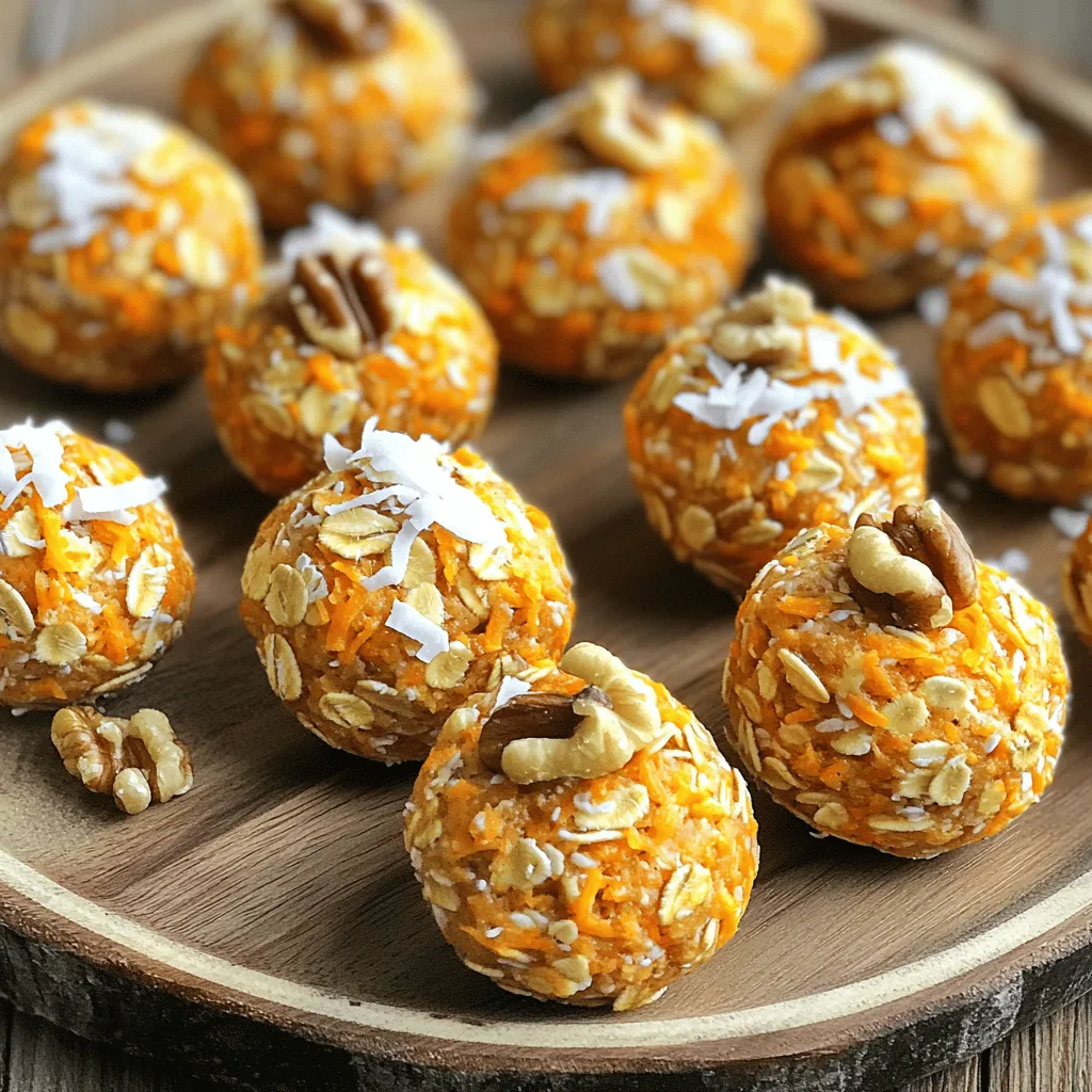 Carrot Cake Energy Bites are simple and fun to make. Here’s what you need: - 1 cup rolled oats - 1 cup grated carrots (about 2 medium carrots) - 1/2 cup almond butter (or any nut butter) - 1/4 cup honey or maple syrup - 1/4 cup shredded coconut - 1 teaspoon vanilla extract - 1 teaspoon ground cinnamon - 1/2 teaspoon ground ginger - 1/4 teaspoon nutmeg - 1/4 cup chopped walnuts (or pecans) - A pinch of salt You can add chocolate chips or dried fruits for more flavor. If you want extra crunch, try adding seeds like chia or hemp. If you have nut allergies, use sunflower seed butter instead of nut butter. For a vegan option, swap honey for maple syrup. If you need gluten-free bites, make sure your oats are certified gluten-free. These ingredients come together in a delightful way, giving you healthy snacks with a taste of dessert. Check the Full Recipe for detailed steps on how to prepare them! To make Carrot Cake Energy Bites, start by mixing the ingredients well. In a large bowl, combine the rolled oats, grated carrots, almond butter, and honey (or maple syrup). Use a sturdy spoon or spatula to mix until everything blends nicely. Next, add the shredded coconut, vanilla extract, ground cinnamon, ground ginger, nutmeg, chopped walnuts, and a pinch of salt. Continue mixing until the mixture is fully combined. This step ensures that every bite will be tasty and flavorful. When forming the energy bites, use your hands to create small balls, about 1 inch in size. If your hands stick to the mixture, wet them with a little water. This simple trick makes rolling much easier. Refrigeration plays an important role in this process. After forming the bites, place them on a baking sheet lined with parchment paper. Chill them in the fridge for at least 30 minutes. This helps the bites firm up, so they hold their shape well. For the full recipe, refer to the section above. To make the best carrot cake energy bites, avoid some common mistakes. First, don't skip the oats. They give the bites structure. Use large, rolled oats for the best texture. Next, adjust the sweetness to your taste. If you love sweet snacks, add more honey or maple syrup. If you prefer less sweetness, reduce it. You can also use mashed bananas for natural sweetness. Using different nut butters can change the flavor. Almond butter works great, but try peanut or cashew butter too. Each one adds its unique taste. Also, feel free to add extras like nuts or seeds. They boost the flavor and nutrition. Just remember to keep the balance. Too many add-ins can alter the texture. For the perfect bites, always chill them before serving. This helps them hold their shape. Enjoy creating your own delicious version of these bites! {{image_2}} You can change up your carrot cake energy bites to keep things exciting. Here are some fun ideas: - Add-ins: Mix in chocolate chips or dried fruits. These add sweetness and a chewy texture. I love using raisins or cranberries for a fruity burst. - Spice Blends: Try different spices to create unique flavors. Cinnamon and nutmeg are great, but you could also add cardamom or allspice for a twist. - Nutritional Boosts: Add seeds like chia or flaxseeds for extra nutrients. You can also mix in protein powders to make these bites even healthier. These variations help you create a snack that matches your taste. Plus, they keep your energy bites fresh and fun. You can find the full recipe for carrot cake energy bites, which is a great base for all these variations. To keep your carrot cake energy bites fresh, choose the right container. A glass jar or an airtight plastic container works best. This helps to lock in moisture and flavor. In the fridge, these energy bites stay fresh for up to a week. Just make sure to keep them covered. If you want to store them longer, freezing is a great option. To freeze, place the bites in a single layer on a baking sheet. Freeze them for about 1 hour until firm. After that, transfer them to a freezer-safe bag or container. They can last for up to three months in the freezer. When you want to enjoy them, just pull out a few and let them thaw in the fridge. For more details, check the Full Recipe. Can I make these energy bites vegan? Yes, you can make these energy bites vegan. Simply use maple syrup instead of honey. Choose a nut butter that is free of added ingredients. This way, you keep all the tasty goodness while staying vegan. How long do they last? These energy bites last about one week in the fridge. Store them in an airtight container to keep them fresh. If you want them to last longer, you can freeze them. Just thaw before eating. Can I substitute the oats with another grain? You can swap oats with other grains like quinoa or rice. Make sure to cook them first if needed. This will change the flavor and texture a bit, but it can still be delicious. In this post, we explored making delicious energy bites. We covered ingredients, offering detailed measurements, options for customization, and useful substitutions. The step-by-step instructions helped with mixing and forming your bites, plus tips on refrigeration. We shared tricks to perfect your treats and unique flavor variations to try. Finally, we discussed storage tips for keeping them fresh. Now you have all the tools to create tasty energy bites. Enjoy the process and feel great about what you make!
