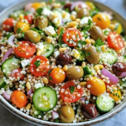 To make a delicious Mediterranean Couscous Salad, you need fresh and vibrant ingredients. Here’s what you’ll need: - 1 cup whole wheat couscous - 1 1/4 cups vegetable broth (or water) - 1 cup cherry tomatoes, halved - 1 cucumber, diced - 1/2 red onion, finely chopped - 1/2 cup Kalamata olives, pitted and sliced - 1/2 cup feta cheese, crumbled - 1/4 cup fresh parsley, chopped - 1/4 cup extra virgin olive oil - 2 tablespoons lemon juice - 1 teaspoon dried oregano - Salt and pepper to taste Each ingredient adds its own unique flavor. Whole wheat couscous gives a nutty taste and a nice chewy texture. The cherry tomatoes bring sweetness, while cucumbers add crunch. Red onion adds a bit of sharpness, and Kalamata olives offer a briny bite. Feta cheese gives a salty, creamy touch. Fresh parsley brightens the dish. Olive oil and lemon juice create a zesty dressing that ties everything together. Feel free to explore variations, but this list provides a solid base. For the full recipe, check out the earlier sections! To make a Mediterranean Couscous Salad, follow these simple steps. Each step helps build fresh flavor and texture. 1. Boil the vegetable broth In a medium saucepan, bring 1 1/4 cups vegetable broth to a boil. This broth adds great flavor to the couscous. 2. Stir in the couscous Once the broth boils, remove it from the heat. Stir in 1 cup of whole wheat couscous. Cover the pot and let it sit for 5 to 7 minutes. 3. Fluff and cool the couscous After the couscous absorbs the liquid, fluff it with a fork. Let it cool to room temperature. This step ensures the couscous stays light. 4. Combine vegetables and herbs In a large bowl, mix 1 cup halved cherry tomatoes, 1 diced cucumber, 1/2 finely chopped red onion, 1/2 cup sliced Kalamata olives, 1/2 cup crumbled feta cheese, and 1/4 cup chopped fresh parsley. This mixture brings vibrant colors and flavors. 5. Mix couscous with vegetable mixture Add the cooled couscous to the vegetable mix. Stir gently to combine everything. This allows the flavors to blend well. 6. Prepare and add the dressing In a small bowl, whisk together 1/4 cup extra virgin olive oil, 2 tablespoons lemon juice, 1 teaspoon dried oregano, and salt and pepper to taste. This dressing brightens the salad. 7. Toss and adjust seasoning Pour the dressing over the salad. Toss everything to coat well. Taste and adjust the seasoning if needed. You want every bite to burst with flavor. For the complete recipe, check out the Full Recipe section. Enjoy making this healthy and delicious dish! - How to cook couscous perfectly To cook couscous just right, use one part couscous to 1.25 parts broth. Bring the broth to a boil, then stir in the couscous. Remove from heat and cover for 5-7 minutes. This lets the couscous soak up all the flavor. - Tips for chopping vegetables evenly Use a sharp knife for smooth cuts. Cut the cucumber and tomatoes into similar sizes. This way, every bite has a mix of flavors and textures. Remember, even pieces cook and blend better. - Achieving the right texture in salad Fluff the couscous with a fork once it cools. This keeps it light and airy. Mix it gently with the veggies to keep everything intact. Avoid squishing the ingredients, which can make the salad mushy. - Suggestions for serving presentation Serve your salad in a large, shallow bowl. This shows off the colorful veggies. For a more rustic look, use a wooden or ceramic bowl. - Garnishing ideas for a pop of color Add fresh parsley on top for a bright touch. A few whole olives can also add charm. For extra crunch, sprinkle toasted pine nuts or sunflower seeds just before serving. These small details make your dish stand out and look inviting. For the full recipe, check out the Mediterranean Couscous Salad 🥗 section above. {{image_2}} When making Mediterranean couscous salad, you can easily swap ingredients to match your taste. Here are some ideas: - Alternative grains for couscous: Try quinoa or farro for a new texture. Both grains offer a nutty flavor. You can also use bulgur wheat for a similar taste. - Different herbs and their flavor profiles: Basil and mint can add a fresh twist. Dill works well for a hint of brightness. Each herb changes the salad's flavor, so mix and match! - Options for adding protein: You can toss in grilled chicken or shrimp for a hearty meal. Chickpeas or black beans are great plant-based proteins that add fiber and taste. The ingredients can change with the seasons, making this salad fun all year! - Spring and summer ingredients: In warmer months, add fresh peas, asparagus, or bell peppers. These veggies add crunch and color. You can also use fresh corn for sweetness. - Fall adjustments for cooler months: When it’s chilly, roasted butternut squash or sweet potatoes add warmth. You can also try adding cranberries for a sweet touch and a pop of color. To keep your Mediterranean couscous salad fresh, follow these tips: - Refrigeration guidelines: Place the salad in an airtight container. It should stay safe for up to three days in the fridge. Make sure to check the temperature. Your fridge should be set to 40°F or lower. - Freezing couscous salad tips: Freezing is not the best option for this salad. The vegetables and feta can lose their texture. If you do freeze it, use a freezer-safe container. It can last up to a month in the freezer, but be ready for changes in taste and texture. You want your salad to taste great. Here’s what to know about its shelf life: - Duration for optimal freshness: The salad is best within three days of making it. After that, the flavors may fade, and the texture can change. - Signs of spoilage: Look for any off smells or a slimy texture. If the vegetables start to wilt, it's time to toss it. Always trust your senses when checking for freshness. Can I make Mediterranean Couscous Salad ahead of time? Yes, you can make this salad a day early. It tastes even better after resting. Just keep it in the fridge in an airtight container. What dressing complements this salad best? A simple mix of olive oil and lemon juice works great. It adds brightness and enhances the flavors. You can also try a yogurt-based dressing for creaminess. Is couscous gluten-free? No, traditional couscous is made from wheat. If you need a gluten-free option, try quinoa or rice. How do I enhance flavors in the salad? You can add fresh herbs like mint or basil for a twist. A sprinkle of roasted nuts adds crunch and a nutty flavor too. Can I include additional vegetables? Absolutely! Bell peppers, zucchini, or even roasted eggplant make great additions. Feel free to experiment with your favorites. What can I serve with Mediterranean Couscous Salad? This salad pairs well with grilled chicken or fish. It also complements roasted vegetables or a light soup. For the full recipe, check out the earlier section. This blog post covered a tasty Mediterranean Couscous Salad. We talked about the key ingredients, including whole wheat couscous, fresh veggies, and feta cheese. I provided step-by-step instructions to create your salad. Tips for perfect preparation and good presentation made the process easier. You also learned about variations and storage advice. This salad is a healthy, fun dish that you can adapt. Enjoy trying new flavors and serving it fresh!