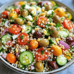 To make a delicious Mediterranean Couscous Salad, you need fresh and vibrant ingredients. Here’s what you’ll need: - 1 cup whole wheat couscous - 1 1/4 cups vegetable broth (or water) - 1 cup cherry tomatoes, halved - 1 cucumber, diced - 1/2 red onion, finely chopped - 1/2 cup Kalamata olives, pitted and sliced - 1/2 cup feta cheese, crumbled - 1/4 cup fresh parsley, chopped - 1/4 cup extra virgin olive oil - 2 tablespoons lemon juice - 1 teaspoon dried oregano - Salt and pepper to taste Each ingredient adds its own unique flavor. Whole wheat couscous gives a nutty taste and a nice chewy texture. The cherry tomatoes bring sweetness, while cucumbers add crunch. Red onion adds a bit of sharpness, and Kalamata olives offer a briny bite. Feta cheese gives a salty, creamy touch. Fresh parsley brightens the dish. Olive oil and lemon juice create a zesty dressing that ties everything together. Feel free to explore variations, but this list provides a solid base. For the full recipe, check out the earlier sections! To make a Mediterranean Couscous Salad, follow these simple steps. Each step helps build fresh flavor and texture. 1. Boil the vegetable broth In a medium saucepan, bring 1 1/4 cups vegetable broth to a boil. This broth adds great flavor to the couscous. 2. Stir in the couscous Once the broth boils, remove it from the heat. Stir in 1 cup of whole wheat couscous. Cover the pot and let it sit for 5 to 7 minutes. 3. Fluff and cool the couscous After the couscous absorbs the liquid, fluff it with a fork. Let it cool to room temperature. This step ensures the couscous stays light. 4. Combine vegetables and herbs In a large bowl, mix 1 cup halved cherry tomatoes, 1 diced cucumber, 1/2 finely chopped red onion, 1/2 cup sliced Kalamata olives, 1/2 cup crumbled feta cheese, and 1/4 cup chopped fresh parsley. This mixture brings vibrant colors and flavors. 5. Mix couscous with vegetable mixture Add the cooled couscous to the vegetable mix. Stir gently to combine everything. This allows the flavors to blend well. 6. Prepare and add the dressing In a small bowl, whisk together 1/4 cup extra virgin olive oil, 2 tablespoons lemon juice, 1 teaspoon dried oregano, and salt and pepper to taste. This dressing brightens the salad. 7. Toss and adjust seasoning Pour the dressing over the salad. Toss everything to coat well. Taste and adjust the seasoning if needed. You want every bite to burst with flavor. For the complete recipe, check out the Full Recipe section. Enjoy making this healthy and delicious dish! - How to cook couscous perfectly To cook couscous just right, use one part couscous to 1.25 parts broth. Bring the broth to a boil, then stir in the couscous. Remove from heat and cover for 5-7 minutes. This lets the couscous soak up all the flavor. - Tips for chopping vegetables evenly Use a sharp knife for smooth cuts. Cut the cucumber and tomatoes into similar sizes. This way, every bite has a mix of flavors and textures. Remember, even pieces cook and blend better. - Achieving the right texture in salad Fluff the couscous with a fork once it cools. This keeps it light and airy. Mix it gently with the veggies to keep everything intact. Avoid squishing the ingredients, which can make the salad mushy. - Suggestions for serving presentation Serve your salad in a large, shallow bowl. This shows off the colorful veggies. For a more rustic look, use a wooden or ceramic bowl. - Garnishing ideas for a pop of color Add fresh parsley on top for a bright touch. A few whole olives can also add charm. For extra crunch, sprinkle toasted pine nuts or sunflower seeds just before serving. These small details make your dish stand out and look inviting. For the full recipe, check out the Mediterranean Couscous Salad 🥗 section above. {{image_2}} When making Mediterranean couscous salad, you can easily swap ingredients to match your taste. Here are some ideas: - Alternative grains for couscous: Try quinoa or farro for a new texture. Both grains offer a nutty flavor. You can also use bulgur wheat for a similar taste. - Different herbs and their flavor profiles: Basil and mint can add a fresh twist. Dill works well for a hint of brightness. Each herb changes the salad's flavor, so mix and match! - Options for adding protein: You can toss in grilled chicken or shrimp for a hearty meal. Chickpeas or black beans are great plant-based proteins that add fiber and taste. The ingredients can change with the seasons, making this salad fun all year! - Spring and summer ingredients: In warmer months, add fresh peas, asparagus, or bell peppers. These veggies add crunch and color. You can also use fresh corn for sweetness. - Fall adjustments for cooler months: When it’s chilly, roasted butternut squash or sweet potatoes add warmth. You can also try adding cranberries for a sweet touch and a pop of color. To keep your Mediterranean couscous salad fresh, follow these tips: - Refrigeration guidelines: Place the salad in an airtight container. It should stay safe for up to three days in the fridge. Make sure to check the temperature. Your fridge should be set to 40°F or lower. - Freezing couscous salad tips: Freezing is not the best option for this salad. The vegetables and feta can lose their texture. If you do freeze it, use a freezer-safe container. It can last up to a month in the freezer, but be ready for changes in taste and texture. You want your salad to taste great. Here’s what to know about its shelf life: - Duration for optimal freshness: The salad is best within three days of making it. After that, the flavors may fade, and the texture can change. - Signs of spoilage: Look for any off smells or a slimy texture. If the vegetables start to wilt, it's time to toss it. Always trust your senses when checking for freshness. Can I make Mediterranean Couscous Salad ahead of time? Yes, you can make this salad a day early. It tastes even better after resting. Just keep it in the fridge in an airtight container. What dressing complements this salad best? A simple mix of olive oil and lemon juice works great. It adds brightness and enhances the flavors. You can also try a yogurt-based dressing for creaminess. Is couscous gluten-free? No, traditional couscous is made from wheat. If you need a gluten-free option, try quinoa or rice. How do I enhance flavors in the salad? You can add fresh herbs like mint or basil for a twist. A sprinkle of roasted nuts adds crunch and a nutty flavor too. Can I include additional vegetables? Absolutely! Bell peppers, zucchini, or even roasted eggplant make great additions. Feel free to experiment with your favorites. What can I serve with Mediterranean Couscous Salad? This salad pairs well with grilled chicken or fish. It also complements roasted vegetables or a light soup. For the full recipe, check out the earlier section. This blog post covered a tasty Mediterranean Couscous Salad. We talked about the key ingredients, including whole wheat couscous, fresh veggies, and feta cheese. I provided step-by-step instructions to create your salad. Tips for perfect preparation and good presentation made the process easier. You also learned about variations and storage advice. This salad is a healthy, fun dish that you can adapt. Enjoy trying new flavors and serving it fresh!