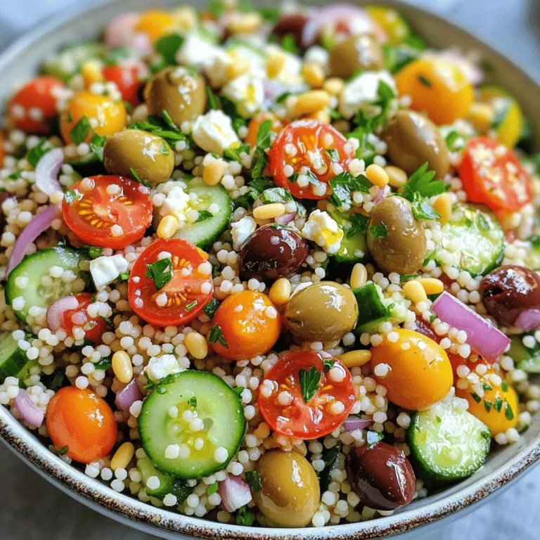 To make a delicious Mediterranean Couscous Salad, you need fresh and vibrant ingredients. Here’s what you’ll need: - 1 cup whole wheat couscous - 1 1/4 cups vegetable broth (or water) - 1 cup cherry tomatoes, halved - 1 cucumber, diced - 1/2 red onion, finely chopped - 1/2 cup Kalamata olives, pitted and sliced - 1/2 cup feta cheese, crumbled - 1/4 cup fresh parsley, chopped - 1/4 cup extra virgin olive oil - 2 tablespoons lemon juice - 1 teaspoon dried oregano - Salt and pepper to taste Each ingredient adds its own unique flavor. Whole wheat couscous gives a nutty taste and a nice chewy texture. The cherry tomatoes bring sweetness, while cucumbers add crunch. Red onion adds a bit of sharpness, and Kalamata olives offer a briny bite. Feta cheese gives a salty, creamy touch. Fresh parsley brightens the dish. Olive oil and lemon juice create a zesty dressing that ties everything together. Feel free to explore variations, but this list provides a solid base. For the full recipe, check out the earlier sections! To make a Mediterranean Couscous Salad, follow these simple steps. Each step helps build fresh flavor and texture. 1. Boil the vegetable broth In a medium saucepan, bring 1 1/4 cups vegetable broth to a boil. This broth adds great flavor to the couscous. 2. Stir in the couscous Once the broth boils, remove it from the heat. Stir in 1 cup of whole wheat couscous. Cover the pot and let it sit for 5 to 7 minutes. 3. Fluff and cool the couscous After the couscous absorbs the liquid, fluff it with a fork. Let it cool to room temperature. This step ensures the couscous stays light. 4. Combine vegetables and herbs In a large bowl, mix 1 cup halved cherry tomatoes, 1 diced cucumber, 1/2 finely chopped red onion, 1/2 cup sliced Kalamata olives, 1/2 cup crumbled feta cheese, and 1/4 cup chopped fresh parsley. This mixture brings vibrant colors and flavors. 5. Mix couscous with vegetable mixture Add the cooled couscous to the vegetable mix. Stir gently to combine everything. This allows the flavors to blend well. 6. Prepare and add the dressing In a small bowl, whisk together 1/4 cup extra virgin olive oil, 2 tablespoons lemon juice, 1 teaspoon dried oregano, and salt and pepper to taste. This dressing brightens the salad. 7. Toss and adjust seasoning Pour the dressing over the salad. Toss everything to coat well. Taste and adjust the seasoning if needed. You want every bite to burst with flavor. For the complete recipe, check out the Full Recipe section. Enjoy making this healthy and delicious dish! - How to cook couscous perfectly To cook couscous just right, use one part couscous to 1.25 parts broth. Bring the broth to a boil, then stir in the couscous. Remove from heat and cover for 5-7 minutes. This lets the couscous soak up all the flavor. - Tips for chopping vegetables evenly Use a sharp knife for smooth cuts. Cut the cucumber and tomatoes into similar sizes. This way, every bite has a mix of flavors and textures. Remember, even pieces cook and blend better. - Achieving the right texture in salad Fluff the couscous with a fork once it cools. This keeps it light and airy. Mix it gently with the veggies to keep everything intact. Avoid squishing the ingredients, which can make the salad mushy. - Suggestions for serving presentation Serve your salad in a large, shallow bowl. This shows off the colorful veggies. For a more rustic look, use a wooden or ceramic bowl. - Garnishing ideas for a pop of color Add fresh parsley on top for a bright touch. A few whole olives can also add charm. For extra crunch, sprinkle toasted pine nuts or sunflower seeds just before serving. These small details make your dish stand out and look inviting. For the full recipe, check out the Mediterranean Couscous Salad 🥗 section above. {{image_2}} When making Mediterranean couscous salad, you can easily swap ingredients to match your taste. Here are some ideas: - Alternative grains for couscous: Try quinoa or farro for a new texture. Both grains offer a nutty flavor. You can also use bulgur wheat for a similar taste. - Different herbs and their flavor profiles: Basil and mint can add a fresh twist. Dill works well for a hint of brightness. Each herb changes the salad's flavor, so mix and match! - Options for adding protein: You can toss in grilled chicken or shrimp for a hearty meal. Chickpeas or black beans are great plant-based proteins that add fiber and taste. The ingredients can change with the seasons, making this salad fun all year! - Spring and summer ingredients: In warmer months, add fresh peas, asparagus, or bell peppers. These veggies add crunch and color. You can also use fresh corn for sweetness. - Fall adjustments for cooler months: When it’s chilly, roasted butternut squash or sweet potatoes add warmth. You can also try adding cranberries for a sweet touch and a pop of color. To keep your Mediterranean couscous salad fresh, follow these tips: - Refrigeration guidelines: Place the salad in an airtight container. It should stay safe for up to three days in the fridge. Make sure to check the temperature. Your fridge should be set to 40°F or lower. - Freezing couscous salad tips: Freezing is not the best option for this salad. The vegetables and feta can lose their texture. If you do freeze it, use a freezer-safe container. It can last up to a month in the freezer, but be ready for changes in taste and texture. You want your salad to taste great. Here’s what to know about its shelf life: - Duration for optimal freshness: The salad is best within three days of making it. After that, the flavors may fade, and the texture can change. - Signs of spoilage: Look for any off smells or a slimy texture. If the vegetables start to wilt, it's time to toss it. Always trust your senses when checking for freshness. Can I make Mediterranean Couscous Salad ahead of time? Yes, you can make this salad a day early. It tastes even better after resting. Just keep it in the fridge in an airtight container. What dressing complements this salad best? A simple mix of olive oil and lemon juice works great. It adds brightness and enhances the flavors. You can also try a yogurt-based dressing for creaminess. Is couscous gluten-free? No, traditional couscous is made from wheat. If you need a gluten-free option, try quinoa or rice. How do I enhance flavors in the salad? You can add fresh herbs like mint or basil for a twist. A sprinkle of roasted nuts adds crunch and a nutty flavor too. Can I include additional vegetables? Absolutely! Bell peppers, zucchini, or even roasted eggplant make great additions. Feel free to experiment with your favorites. What can I serve with Mediterranean Couscous Salad? This salad pairs well with grilled chicken or fish. It also complements roasted vegetables or a light soup. For the full recipe, check out the earlier section. This blog post covered a tasty Mediterranean Couscous Salad. We talked about the key ingredients, including whole wheat couscous, fresh veggies, and feta cheese. I provided step-by-step instructions to create your salad. Tips for perfect preparation and good presentation made the process easier. You also learned about variations and storage advice. This salad is a healthy, fun dish that you can adapt. Enjoy trying new flavors and serving it fresh!