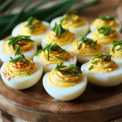 To make classic deviled eggs, you need these simple ingredients: - 6 large eggs - 3 tablespoons mayonnaise - 1 teaspoon Dijon mustard - 1 teaspoon apple cider vinegar - 1/4 teaspoon smoked paprika - Salt and pepper to taste - 1 tablespoon fresh chives, finely chopped - A few dashes of hot sauce (optional) If you want to switch things up, try these substitutions: - Use Greek yogurt instead of mayonnaise for a healthier twist. - Swap Dijon mustard for yellow mustard for a milder flavor. - Replace apple cider vinegar with lemon juice for a fresh taste. - Try different spices like curry powder or garlic powder for unique flavors. To get the best eggs for your deviled eggs, consider these tips: - Choose eggs that are fresh and clean. Check for cracks. - Look for larger eggs for a better filling ratio. - Organic or free-range eggs often have richer yolks. - Buy eggs a week before you plan to boil them. Older eggs peel easier. Feel free to get creative with this recipe! Explore the full recipe to see how to make these delicious bites. To make classic deviled eggs, start with the right cooking method. Follow these steps: 1. Place the eggs in a pot. Cover them with cold water. 2. Heat the pot over medium-high heat. Bring the water to a boil. 3. Once boiling, cover the pot. Remove it from heat. 4. Let the eggs sit in the hot water for 9-12 minutes. 5. For softer yolks, choose 9 minutes. For firmer ones, go for 12 minutes. 6. After the time is up, move the eggs to an ice bath. This stops cooking and makes peeling easy. 7. Leave them in the ice bath for at least 5 minutes. Making the filling is simple and quick. Here’s how: 1. Peel the eggs gently. If needed, do this under running water. 2. Slice each egg in half lengthwise. 3. Scoop out the yolks into a mixing bowl. 4. Add 3 tablespoons of mayonnaise, 1 teaspoon of Dijon mustard, and 1 teaspoon of apple cider vinegar. 5. Mix in 1/4 teaspoon of smoked paprika, plus salt and pepper to taste. 6. Mash everything until it’s smooth and creamy. Adjust seasoning to your liking. 7. If you like a kick, add hot sauce to the mix. Now it's time to put your deviled eggs together: 1. Spoon the yolk mixture back into the egg whites. 2. For a fancy touch, use a piping bag to fill the halves. 3. Sprinkle the top with fresh chives and a dash of smoked paprika. 4. Serve them chilled or at room temperature for the best flavor. You can find the full recipe above! Making deviled eggs is fun, but mistakes can happen. Here are some to watch for: - Overcooking the eggs: This makes the yolks dry and greenish. Cook them just right. - Skipping the ice bath: This step cools the eggs fast and helps with peeling. Don't skip it! - Not seasoning well: Taste your yolk mixture. Adjust salt and pepper as needed for flavor. You can easily change up your deviled eggs. Here are some ideas: - Add spices: Try curry powder or chili powder for a kick. - Use different mustards: Honey mustard adds sweetness, while spicy mustard brings heat. - Mix in herbs: Fresh dill or basil can give your eggs a fresh taste. Peeling eggs can be tricky. Here are some tips to make it easier: - Use older eggs: Fresh eggs can stick. Buy them a week ahead. - Peel under water: This helps remove shells without tearing the egg. - Crack before peeling: Gently tap the egg to create small cracks all over. For detailed steps, check the Full Recipe for Classic Deviled Eggs with a Twist. {{image_2}} Deviled eggs are a classic dish, but you can make them even more fun. Here are three tasty variations to try. If you like heat, add hot sauce to your filling. Start with a few dashes and taste. You can always add more. Mix it in with the yolks, mayonnaise, and spices. This twist gives your deviled eggs a nice kick. Everyone will love the surprise! Avocado adds a rich creaminess to your deviled eggs. Simply replace half of the mayonnaise with mashed avocado. This makes the filling smooth and flavorful. Plus, it adds healthy fats. You can even add lime juice for a zesty touch. It’s a fresh take that’s sure to impress! Bacon and cheddar make everything better. Chop up crispy bacon and mix it into the yolk filling. Add shredded cheddar cheese for extra flavor. This combination gives your deviled eggs a savory twist. It’s a great way to elevate this classic dish. Feel free to mix and match these ideas. You can create your own unique versions too! For the full recipe, check out Classic Deviled Eggs with a Twist. To store leftover deviled eggs, place them in an airtight container. Make sure to keep them covered to prevent drying out. You can also use plastic wrap to cover the eggs. Keep the container in the refrigerator. Deviled eggs can last for up to three days when stored properly. To keep your deviled eggs fresh, avoid adding toppings until you serve them. Toppings can make the eggs soggy if they sit too long. If you use chives or paprika, wait until serving time to sprinkle them on. This keeps the presentation nice and fresh. I do not recommend freezing deviled eggs. The texture changes when eggs freeze and thaw. If you need to make them ahead, prepare the filling and store it separately. You can freeze the filling for up to a month. When ready, thaw it in the fridge overnight. Then, fill your egg whites just before serving. This keeps everything fresh and tasty. For the full recipe, check out Classic Deviled Eggs with a Twist. To make the best deviled eggs, start with fresh eggs. Cook them perfectly. Place the eggs in a pot and cover with cold water. Bring the water to a boil, then turn off the heat. Let the eggs sit for 9-12 minutes. This method helps avoid rubbery yolks. After cooking, cool the eggs in an ice bath. Peel them gently for smooth whites. Mix the yolks with mayonnaise, mustard, and spices. Adjust seasoning to your taste. Spoon or pipe the filling back into the whites for a nice look. Yes, you can make deviled eggs in advance. Prepare them up to a day before your event. Store them in the refrigerator. Keep them covered with plastic wrap or a lid. This helps them stay fresh. If you want, you can also prepare the filling ahead of time. Just keep it in a separate container until you are ready to fill the eggs. You can get creative with toppings for deviled eggs. Try crispy bacon bits for crunch. Fresh herbs like dill or cilantro add a fresh taste. Crumbled feta cheese gives a salty kick. For a spicy twist, add jalapeño slices or sriracha. You can also use pickled onions or capers for tangy flavor. The options are endless, so have fun with it! Green yolks happen when eggs cook too long. This produces a reaction between the iron in the yolk and sulfur in the white. The green color usually means the eggs are overcooked. To avoid this, cook your eggs for the right time. Using an ice bath after cooking helps too. Deviled eggs last about 2 to 3 days in the fridge. Store them in a covered container. Make sure they stay cool and don’t sit out for long. If you notice any off smell or change in texture, it’s best to toss them. Yes, there are low-calorie alternatives for deviled eggs. You can use Greek yogurt instead of mayonnaise. This cuts down on calories and adds protein. For a lighter touch, try mashed avocado. It gives a creamy texture and healthy fats. You can also skip the yolks and use just the whites for filling with your favorite spices. For the full recipe, check out the Classic Deviled Eggs with a Twist section. To make great deviled eggs, use the right ingredients and follow clear steps. From cooking eggs to mixing the perfect filling, each part matters. Avoid common mistakes to keep your eggs taste fresh. Feel free to try fun variations, like adding spicy or creamy flavors. Remember, proper storage keeps leftovers tasty longer. Deviled eggs can be simple or fancy, based on your choice. Enjoy making this classic dish for your next gathering!