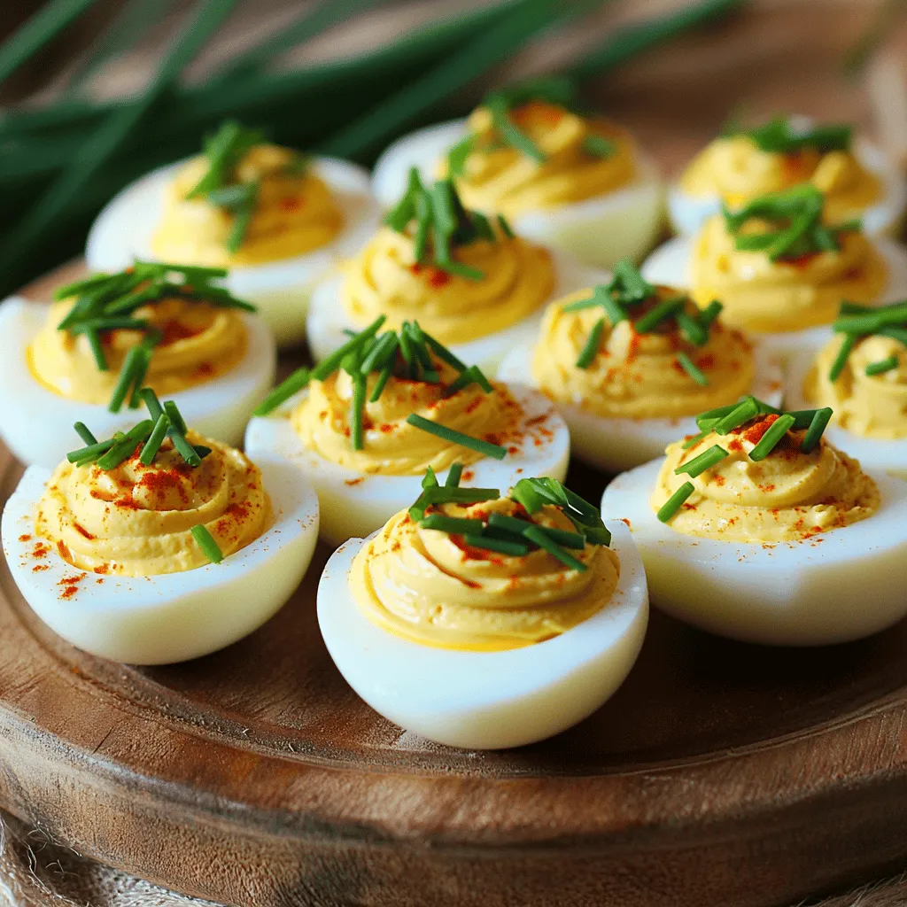 To make classic deviled eggs, you need these simple ingredients: - 6 large eggs - 3 tablespoons mayonnaise - 1 teaspoon Dijon mustard - 1 teaspoon apple cider vinegar - 1/4 teaspoon smoked paprika - Salt and pepper to taste - 1 tablespoon fresh chives, finely chopped - A few dashes of hot sauce (optional) If you want to switch things up, try these substitutions: - Use Greek yogurt instead of mayonnaise for a healthier twist. - Swap Dijon mustard for yellow mustard for a milder flavor. - Replace apple cider vinegar with lemon juice for a fresh taste. - Try different spices like curry powder or garlic powder for unique flavors. To get the best eggs for your deviled eggs, consider these tips: - Choose eggs that are fresh and clean. Check for cracks. - Look for larger eggs for a better filling ratio. - Organic or free-range eggs often have richer yolks. - Buy eggs a week before you plan to boil them. Older eggs peel easier. Feel free to get creative with this recipe! Explore the full recipe to see how to make these delicious bites. To make classic deviled eggs, start with the right cooking method. Follow these steps: 1. Place the eggs in a pot. Cover them with cold water. 2. Heat the pot over medium-high heat. Bring the water to a boil. 3. Once boiling, cover the pot. Remove it from heat. 4. Let the eggs sit in the hot water for 9-12 minutes. 5. For softer yolks, choose 9 minutes. For firmer ones, go for 12 minutes. 6. After the time is up, move the eggs to an ice bath. This stops cooking and makes peeling easy. 7. Leave them in the ice bath for at least 5 minutes. Making the filling is simple and quick. Here’s how: 1. Peel the eggs gently. If needed, do this under running water. 2. Slice each egg in half lengthwise. 3. Scoop out the yolks into a mixing bowl. 4. Add 3 tablespoons of mayonnaise, 1 teaspoon of Dijon mustard, and 1 teaspoon of apple cider vinegar. 5. Mix in 1/4 teaspoon of smoked paprika, plus salt and pepper to taste. 6. Mash everything until it’s smooth and creamy. Adjust seasoning to your liking. 7. If you like a kick, add hot sauce to the mix. Now it's time to put your deviled eggs together: 1. Spoon the yolk mixture back into the egg whites. 2. For a fancy touch, use a piping bag to fill the halves. 3. Sprinkle the top with fresh chives and a dash of smoked paprika. 4. Serve them chilled or at room temperature for the best flavor. You can find the full recipe above! Making deviled eggs is fun, but mistakes can happen. Here are some to watch for: - Overcooking the eggs: This makes the yolks dry and greenish. Cook them just right. - Skipping the ice bath: This step cools the eggs fast and helps with peeling. Don't skip it! - Not seasoning well: Taste your yolk mixture. Adjust salt and pepper as needed for flavor. You can easily change up your deviled eggs. Here are some ideas: - Add spices: Try curry powder or chili powder for a kick. - Use different mustards: Honey mustard adds sweetness, while spicy mustard brings heat. - Mix in herbs: Fresh dill or basil can give your eggs a fresh taste. Peeling eggs can be tricky. Here are some tips to make it easier: - Use older eggs: Fresh eggs can stick. Buy them a week ahead. - Peel under water: This helps remove shells without tearing the egg. - Crack before peeling: Gently tap the egg to create small cracks all over. For detailed steps, check the Full Recipe for Classic Deviled Eggs with a Twist. {{image_2}} Deviled eggs are a classic dish, but you can make them even more fun. Here are three tasty variations to try. If you like heat, add hot sauce to your filling. Start with a few dashes and taste. You can always add more. Mix it in with the yolks, mayonnaise, and spices. This twist gives your deviled eggs a nice kick. Everyone will love the surprise! Avocado adds a rich creaminess to your deviled eggs. Simply replace half of the mayonnaise with mashed avocado. This makes the filling smooth and flavorful. Plus, it adds healthy fats. You can even add lime juice for a zesty touch. It’s a fresh take that’s sure to impress! Bacon and cheddar make everything better. Chop up crispy bacon and mix it into the yolk filling. Add shredded cheddar cheese for extra flavor. This combination gives your deviled eggs a savory twist. It’s a great way to elevate this classic dish. Feel free to mix and match these ideas. You can create your own unique versions too! For the full recipe, check out Classic Deviled Eggs with a Twist. To store leftover deviled eggs, place them in an airtight container. Make sure to keep them covered to prevent drying out. You can also use plastic wrap to cover the eggs. Keep the container in the refrigerator. Deviled eggs can last for up to three days when stored properly. To keep your deviled eggs fresh, avoid adding toppings until you serve them. Toppings can make the eggs soggy if they sit too long. If you use chives or paprika, wait until serving time to sprinkle them on. This keeps the presentation nice and fresh. I do not recommend freezing deviled eggs. The texture changes when eggs freeze and thaw. If you need to make them ahead, prepare the filling and store it separately. You can freeze the filling for up to a month. When ready, thaw it in the fridge overnight. Then, fill your egg whites just before serving. This keeps everything fresh and tasty. For the full recipe, check out Classic Deviled Eggs with a Twist. To make the best deviled eggs, start with fresh eggs. Cook them perfectly. Place the eggs in a pot and cover with cold water. Bring the water to a boil, then turn off the heat. Let the eggs sit for 9-12 minutes. This method helps avoid rubbery yolks. After cooking, cool the eggs in an ice bath. Peel them gently for smooth whites. Mix the yolks with mayonnaise, mustard, and spices. Adjust seasoning to your taste. Spoon or pipe the filling back into the whites for a nice look. Yes, you can make deviled eggs in advance. Prepare them up to a day before your event. Store them in the refrigerator. Keep them covered with plastic wrap or a lid. This helps them stay fresh. If you want, you can also prepare the filling ahead of time. Just keep it in a separate container until you are ready to fill the eggs. You can get creative with toppings for deviled eggs. Try crispy bacon bits for crunch. Fresh herbs like dill or cilantro add a fresh taste. Crumbled feta cheese gives a salty kick. For a spicy twist, add jalapeño slices or sriracha. You can also use pickled onions or capers for tangy flavor. The options are endless, so have fun with it! Green yolks happen when eggs cook too long. This produces a reaction between the iron in the yolk and sulfur in the white. The green color usually means the eggs are overcooked. To avoid this, cook your eggs for the right time. Using an ice bath after cooking helps too. Deviled eggs last about 2 to 3 days in the fridge. Store them in a covered container. Make sure they stay cool and don’t sit out for long. If you notice any off smell or change in texture, it’s best to toss them. Yes, there are low-calorie alternatives for deviled eggs. You can use Greek yogurt instead of mayonnaise. This cuts down on calories and adds protein. For a lighter touch, try mashed avocado. It gives a creamy texture and healthy fats. You can also skip the yolks and use just the whites for filling with your favorite spices. For the full recipe, check out the Classic Deviled Eggs with a Twist section. To make great deviled eggs, use the right ingredients and follow clear steps. From cooking eggs to mixing the perfect filling, each part matters. Avoid common mistakes to keep your eggs taste fresh. Feel free to try fun variations, like adding spicy or creamy flavors. Remember, proper storage keeps leftovers tasty longer. Deviled eggs can be simple or fancy, based on your choice. Enjoy making this classic dish for your next gathering!
