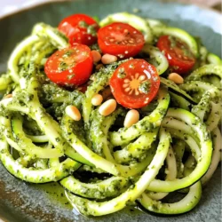 - 3 medium zucchinis, spiralized - 1 cup fresh basil leaves - 1/4 cup pine nuts (lightly toasted) - 1 clove garlic, minced - 1/4 cup olive oil - 1/4 cup grated Parmesan cheese (or nutritional yeast for a vegan option) - Salt and pepper to taste - Cherry tomatoes, halved (for garnish) - Extra pine nuts (for garnish) When I make zucchini noodles with pesto, I focus on fresh, simple ingredients. Zucchini is mild and soaks up flavor well. The basil gives a bright taste. Pine nuts add a nice crunch, and garlic brings warmth. Use olive oil to tie it all together. Parmesan cheese melts nicely in the dish, but feel free to swap it for nutritional yeast if you want a vegan version. - Spiralizer - Food processor - Large skillet - Mixing spoon - Measuring cups and spoons To create this dish, you need a few tools. A spiralizer is key for turning zucchinis into noodles. A food processor makes quick work of mixing the pesto. A large skillet helps in cooking the noodles evenly. Keep measuring cups and spoons handy for precise ingredient amounts, ensuring the best flavor in every bite. - Serving Size: 1/4 of recipe - Calories: 250 - Protein: 7g - Carbohydrates: 10g - Dietary Fiber: 3g - Sugars: 3g - Fat: 22g - Saturated Fat: 3g Nutritional information shows that this dish is light yet filling. It packs healthy fats from olive oil and pine nuts. The zucchini adds fiber, which is great for digestion. Plus, this dish is low in carbs, making it a smart choice for many diets. Enjoy this fresh meal knowing it's good for you! For the full recipe, check out the details above. To start, you need to spiralize the zucchinis. Take three medium zucchinis and use a spiralizer. This tool will turn the zucchinis into thin, noodle-like strands. Once you have your noodles, set them aside. It’s good to let them drain a bit. This step keeps them from being too watery later on. Next, let’s make the pesto. Grab a food processor and add one cup of fresh basil leaves. Then, add a quarter cup of lightly toasted pine nuts and one clove of minced garlic. Pulse these together until they are finely chopped. While the processor runs, slowly drizzle in a quarter cup of olive oil. This creates a smooth paste. After that, add a quarter cup of grated Parmesan cheese or nutritional yeast. Season with salt and pepper as you like. Pulse again to mix everything well. Now it's time to bring it all together. Heat a large skillet over medium heat. Add your spiralized zucchini noodles to the skillet. Lightly season them with salt. Sauté the noodles for about two to three minutes. You want them to soften just a bit. Next, remove the skillet from heat and add your fresh pesto. Toss everything gently so the noodles are well coated. Serve right away and garnish with halved cherry tomatoes and extra pine nuts for a nice touch. Enjoy your zesty zucchini noodles with basil bliss! For a full recipe, refer to the section above. To get the best zucchini noodles, start with firm zucchinis. Spiralize them to create long strands. After spiralizing, let them sit to remove excess water. This helps avoid soggy noodles. You can also sprinkle them with salt for 10 minutes. It draws out more moisture. Rinse and pat dry before cooking. Cook them quickly on medium heat. You want them to be tender yet firm. To boost the flavor of your pesto, use fresh herbs. Basil is key, but you can mix in parsley or arugula. Toasted pine nuts add a lovely nutty taste. Don’t skip the garlic; it gives a strong, bold flavor. For a twist, add a squeeze of lemon juice. This brightens the pesto and adds zing. If you like spice, throw in a pinch of red pepper flakes. Serve your zucchini noodles right after mixing with pesto. This keeps them fresh and tasty. Top with halved cherry tomatoes for color and sweetness. Extra pine nuts provide a nice crunch. You can also sprinkle more Parmesan cheese on top. For a complete meal, pair with grilled chicken or shrimp. Enjoy this dish warm, and savor every bite! For the full recipe, check out the Zesty Zucchini Noodles with Basil Bliss. {{image_2}} You can switch up the pesto recipe easily. Use different greens like arugula or spinach. They add a unique taste. Instead of pine nuts, try walnuts or cashews. Both give a nutty flavor. You can also use sunflower seeds for a nut-free version. If you want a kick, add a bit of lemon zest. It brightens the sauce and makes it pop. Don't forget about the cheese! You can replace Parmesan with pecorino or nutritional yeast for a vegan twist. If you want to make your meal heartier, add protein. Grilled chicken or shrimp works great with zucchini noodles. They add a nice texture and flavor. For a plant-based option, try chickpeas or lentils. Both are filling and add a protein boost. You can also toss in some sautéed tofu or tempeh. Just cook them until golden brown, then mix them in with your noodles and pesto. For those cutting carbs, zucchini noodles are perfect. But you can also use other veggies. Spiralized carrots or butternut squash can work well. They add sweetness and color to your dish. You can even try spaghetti squash as a base. It has a lovely texture and holds sauces well. If you're looking for a twist, use cauliflower rice. It’s low in carbs and has a nice crunch. You should store zucchini noodles in an airtight container. Place a paper towel in the container to absorb extra moisture. This will keep your noodles fresh. They can last up to three days in the fridge. If you want to keep them longer, consider freezing them. Just remember, frozen noodles may lose their crunch. Store any leftover pesto in a small jar or container. Pour a thin layer of olive oil on top to keep it fresh. Seal tightly and place it in the fridge. It will last about a week. For longer storage, you can freeze pesto in ice cube trays. Once frozen, transfer cubes to a bag for easy use later. To reheat zucchini noodles, warm them in a skillet over low heat. This keeps them tender without cooking too long. Stir gently for about two minutes until heated through. For pesto, you can warm it gently in a pan, too. Just be careful not to let it boil or it may lose flavor. Enjoy your meal again with those tasty flavors! Yes, you can use many other veggies. Try carrots, cucumbers, or butternut squash. Each veggie offers a unique taste and look. For example, carrot noodles add a sweet crunch. Cucumber noodles give a refreshing twist. Just spiralize them like zucchini for a fun meal. Zucchini noodles last about 3 to 5 days in the fridge. Store them in an airtight container. You can also freeze them for longer storage. However, frozen noodles can lose their crunch. To keep them fresh, try to use them soon after making. Yes, this dish is great for meal prep. You can prepare the zucchini noodles and pesto ahead of time. Just keep them separate until you are ready to serve. This helps keep the noodles from getting soggy. When ready to eat, just toss them together and enjoy your meal. You can find the full recipe for Zesty Zucchini Noodles with Basil Bliss in the article above. Zucchini noodles with pesto offer a fresh twist on meals. We explored ingredients, tools, and nutrition. I shared step-by-step instructions for perfecting this dish. You learned tips for enhancing flavors and creative variations. Also, we covered storage and reheating to reduce waste. Embrace this healthy meal option, and enjoy the fun of cooking. Your next dinner can be both easy and tasty!