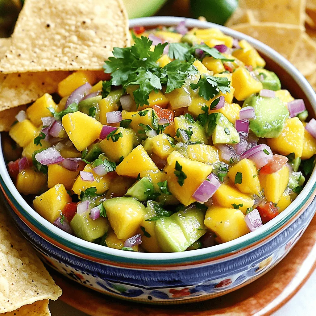 - Ripe mangoes - Ripe avocado - Small red onion - Red bell pepper - Jalapeño - Fresh cilantro - Fresh lime juice - Seasoning (salt and pepper) Selecting the right ingredients is key. Ripe mangoes should yield slightly when you press them. Look for a sweet smell near the stem. For avocados, choose ones that feel soft but not mushy. The skin should be dark green and smooth. Fresh cilantro should have bright green leaves without wilting. - Medium mixing bowl - Spatula or mixing tool - Knife and cutting board These tools will make your prep easy. A sharp knife helps you dice quickly and safely. A medium mixing bowl gives you enough space to combine all your ingredients. - How to select ripe mangoes: Look for a mango that is slightly soft and fragrant. The skin color varies by type, so feel for ripeness. - Choosing the best avocados: Press gently; it should give a bit. Avoid ones with dark spots. - Freshness indicators for herbs: Fresh cilantro should smell strong and look vibrant. Look for bright green leaves. These tips will help you find the best ingredients for your mango salsa. Enjoy the process—it makes the final dish even better! For the complete recipe, check the Full Recipe section. To make a tasty mango salsa, start with the mango and avocado. - Dicing mango and avocado: Take two ripe mangoes. Cut them into small, even cubes. Next, slice a ripe avocado in half. Remove the pit, and then dice the flesh into similar-sized pieces. - Chopping onion and bell pepper: Grab one small red onion. Chop it finely. Then, take one red bell pepper. Dice it into small bits, matching the size of the mango and avocado. - Mince jalapeño: Take one jalapeño. Cut it in half and remove the seeds. Mince it finely, so it adds just the right kick without being too hot. Now it's time to mix everything in a bowl. - Mixing ingredients in a bowl: In a medium mixing bowl, combine your diced mango and avocado. Add in the chopped red onion, diced red bell pepper, and minced jalapeño. - Flavor distribution tips: To ensure even flavor, use a spatula to gently mix all the ingredients together. Be careful not to mash the avocado; you want nice chunks. The last steps add the finishing flavor. - Season to taste: Drizzle two tablespoons of fresh lime juice over the mixture. Season with salt and pepper as needed. Taste and adjust if necessary. - Letting flavors meld: Let the salsa sit for about 10 minutes. This waiting time allows all the flavors to blend beautifully. Enjoy your vibrant and fresh mango salsa with avocado, as described in the Full Recipe. To make mango salsa with avocado, balance sweetness and acidity. Mangoes are sweet, while lime juice adds tang. Use fresh lime juice to brighten the salsa. If the salsa feels too sweet, add more lime juice. This helps it taste fresh and alive. For spice lovers, adjust heat by adding jalapeño. Start with a small amount, then taste. You can always add more if you like more heat. If you want less spice, remove the seeds from the jalapeño. This keeps the heat down while still adding flavor. When serving at parties, use a colorful bowl. A bright dish makes the salsa pop. Garnish with a sprig of cilantro. This adds a nice touch and makes it look fresh. Serve it with tortilla chips for dipping. You can also use it as a topping for grilled fish or chicken. For an elegant touch, serve individual portions. Small cups can hold salsa for each guest. This makes it easy for everyone to enjoy their own. Avoid mushy avocado by dicing it just before serving. If you prep early, the avocado may brown. To keep ingredients fresh, store salsa in an airtight container. If you have leftovers, eat them within a day. Stir gently when mixing to maintain the avocado's shape. You want creamy chunks, not a mushy mix. This keeps the salsa vibrant and adds a nice texture contrast. {{image_2}} You can change the peppers in your salsa to suit your taste. Try using green bell peppers for a milder flavor. You can also swap in a poblano pepper for a smoky taste. If you want a little heat, use serrano peppers instead of jalapeños. They add a nice kick! Cilantro is a favorite herb for many, but not everyone loves it. You can replace cilantro with fresh parsley for a different taste. Basil also works well, giving your salsa a fresh twist. Want to mix things up? Try adding fruits like pineapple or peach. These fruits add sweetness and a burst of flavor. You can chop them and mix them right in. Spices can also elevate your salsa. A pinch of cumin adds warmth and depth. You might also try a little chili powder for a spicy kick. Experiment with what you like best! This mango salsa is naturally vegan, making it perfect for plant-based diets. It’s fresh and full of flavor, so everyone can enjoy it. If you need a gluten-free option, you’re in luck! This salsa has no gluten ingredients. It pairs perfectly with gluten-free chips or grilled meats, making it a great choice for all diets. For the full recipe, check out the Mango Avocado Fiesta Salsa section above. Store your mango salsa in the fridge if you have leftovers. Use an airtight container to keep it fresh. Glass containers work well and help you see the salsa. You can also use plastic containers, but make sure they seal tightly. You can freeze mango salsa for later use. Just spoon it into a freezer-safe bag and remove excess air. Label the bag with the date. When you want to use it, thaw the salsa in the fridge overnight. To refresh the taste, stir in a little fresh lime juice or more cilantro. In the fridge, mango salsa lasts about three days. After that, it may lose its fresh taste. Watch for signs of spoilage. If it smells sour, looks brown, or has a watery texture, it’s best to throw it out. Enjoy your salsa while it’s fresh for the best flavor! To make mango salsa with avocado, follow this quick guide: 1. Gather Ingredients: You need ripe mangoes, avocado, onion, bell pepper, jalapeño, cilantro, lime juice, salt, and pepper. 2. Mix Base: In a bowl, combine diced mango and avocado. 3. Add Veggies: Stir in chopped onion, bell pepper, and minced jalapeño for heat. 4. Add Herbs: Toss in cilantro for freshness. 5. Add Lime: Squeeze lime juice over the mix for zing. 6. Combine Gently: Use a spatula to mix without mashing the avocado. 7. Season: Sprinkle with salt and pepper, adjusting to taste. 8. Rest: Let it sit for 10 minutes for flavors to blend. You can find the full recipe above! Yes, you can use frozen mango. But keep in mind, it may change the texture. Frozen mango can become mushy when thawed. The fresh flavor might also be less bright. If using frozen, thaw it well and drain excess liquid before mixing. This helps keep the salsa from getting watery. Mango salsa pairs well with many dishes: - Tortilla Chips: Perfect for dipping. - Grilled Fish: Adds a tropical twist. - Chicken: Use as a topping for grilled chicken. - Tacos: Great in fish or chicken tacos. - Salads: Mix into green salads for extra flavor. This salsa is versatile and brightens up any meal! You now know how to make a fresh mango salsa with avocado. I covered the key ingredients, tools, and tips for selecting ripe produce. You learned easy steps to prepare and mix your salsa. Remember to balance flavors and adjust spice levels to suit your taste. With some simple variations and storage tips, your salsa will shine at any gathering. Enjoy making and sharing your tasty creation!