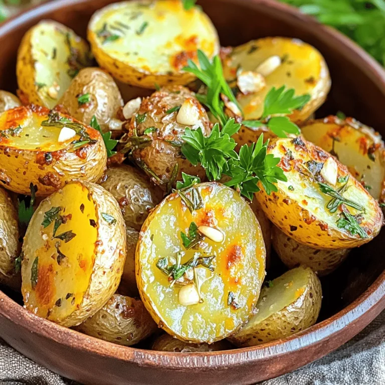 To make the best Garlic Herb Roasted Potatoes, you need fresh ingredients. Here’s what you will need: - 2 pounds baby potatoes, halved - 4 tablespoons olive oil - 4 cloves garlic, minced - 1 teaspoon dried rosemary - 1 teaspoon dried thyme - 1 teaspoon paprika - Salt and pepper to taste - Fresh parsley, chopped (for garnish) Each ingredient plays a key role in building flavor. The baby potatoes give a tender bite and a creamy inside. Olive oil adds richness, while garlic gives that wonderful aroma. Dried rosemary and thyme bring warmth and earthiness to the dish. Paprika adds a hint of smokiness. Finally, a sprinkle of salt and pepper helps balance all the flavors. Garnishing with fresh parsley not only looks nice but also brightens the dish. This Garlic Herb Roasted Potatoes recipe is simple yet packed with taste. For the full details of how to make this dish, check the Full Recipe. First, preheat your oven to 425°F (220°C). This step gets the oven ready for crispy potatoes. Next, wash the baby potatoes under cold water. Make sure to scrub off any dirt. After washing, halve each potato. This helps them cook better and soak up all the flavors. In a large mixing bowl, combine the halved baby potatoes with 4 tablespoons of olive oil. Add 4 cloves of minced garlic for a strong flavor. Then, sprinkle in 1 teaspoon each of dried rosemary and dried thyme. For a little kick, add 1 teaspoon of paprika, along with salt and pepper to taste. Mix everything well until the potatoes are evenly coated. You want that garlic and herb flavor to cover every piece. Now, spread the coated potatoes on a baking sheet. Make sure they are in a single layer so they roast evenly. Place the baking sheet in the preheated oven. Roast the potatoes for 25-30 minutes. Halfway through, flip them to ensure they cook evenly. You'll know they're done when they are golden brown and crispy. Once done, remove them from the oven and let them cool a bit. Transfer the potatoes to a serving bowl and garnish with freshly chopped parsley from the Full Recipe. To make your garlic herb roasted potatoes shine, keep a few tips in mind. - Best Practices for Seasoning: Use fresh garlic for a bolder taste. If fresh is not available, dried works too. Mix your olive oil well with the minced garlic and herbs before adding to the potatoes. This helps spread the flavor evenly. Always taste the mix before you coat your potatoes. - Suggestions for Enhancing Crispiness: For extra crispiness, soak the halved potatoes in cold water for 30 minutes. This helps remove excess starch. When you spread them on the baking sheet, give them space. Overcrowding can prevent browning. Flip them halfway through roasting for even crispiness. Choosing the right tools can elevate your dish. - Ideal Baking Sheet Types: Use a heavy-duty baking sheet. This type helps distribute heat evenly. A darker pan can make the bottoms crispier. - Importance of Parchment Paper: Lining your baking sheet with parchment paper is key. It prevents sticking and makes cleanup a breeze. Now, let’s talk about how to serve your delicious potatoes. - Pairing with Main Dishes: Garlic herb roasted potatoes go great with grilled chicken, fish, or steak. They add a lovely flavor contrast to richer meats. - Ideal Portion Sizes: Serve about one cup of roasted potatoes per person. This size is just right as a side dish. You can adjust based on your main course and guests' appetites. {{image_2}} You can swap out garlic for shallots or onion for a milder taste. Fresh herbs like basil or dill work well too. For potatoes, try sweet potatoes or Yukon Gold. Each type brings its own flavor and texture. If you want a faster way, use an air fryer. Cook them at 400°F (200°C) for about 20 minutes. Shake the basket halfway through for even cooking. Grilling adds a smoky taste. Just wrap the potatoes in foil and grill them for 25-30 minutes. For a cheesy twist, add Parmesan or feta before serving. You can mix in spices like chili powder or cumin for a kick. Try a blend of your favorite herbs to make them unique. These changes keep the dish fresh and exciting! If you want to explore the full recipe, check it out for more details. Store leftover Garlic Herb Roasted Potatoes in an airtight container. Let them cool before sealing. Keep them in the fridge for up to three days. To keep them fresh, avoid stacking them too high. This prevents sogginess and keeps them crisp. For the best taste, reheat in the oven. Preheat your oven to 375°F (190°C). Spread the potatoes on a baking sheet. Heat for about 10-15 minutes until warm and crispy. You can also use a microwave, but the potatoes may become soft. If using a microwave, heat in 30-second bursts. Check often to avoid overcooking. You can freeze Garlic Herb Roasted Potatoes, but they may lose some texture. Let them cool completely. Spread them out on a baking sheet and freeze for a few hours. Once frozen, transfer them to a freezer bag. This way, they won’t stick together. To thaw, place the bag in the fridge overnight. For quick thawing, you can use the microwave. Just be careful to reheat them right after thawing. Enjoy your flavorful side dish later! How to make Garlic Herb Roasted Potatoes crispy? To achieve a crispy texture, start with dry potatoes. Rinse them well and pat them dry. This helps remove excess moisture. Use enough olive oil to coat each potato. Spread them out in a single layer on the baking sheet. Avoid crowding them. Flip the potatoes halfway through roasting for even crispiness. What do I do if I don’t have fresh herbs? No fresh herbs? No problem! You can use dried herbs instead. Dried herbs are potent, so use less than fresh. A good rule is to use one-third of the amount. For example, if the recipe calls for one tablespoon of fresh, use one teaspoon of dried. This still gives great flavor to your dish. Are Garlic Herb Roasted Potatoes gluten-free? Yes, Garlic Herb Roasted Potatoes are naturally gluten-free. All the ingredients, like potatoes and olive oil, do not contain gluten. They are safe for anyone on a gluten-free diet. How can I make this recipe vegan-friendly? This recipe is already vegan-friendly! All the ingredients are plant-based. Just ensure the olive oil is pure and free from any animal products. Enjoy this delicious side without any worries. Can I prep the potatoes ahead of time? Yes, you can prep the potatoes in advance. Wash and cut them, then soak in cold water for a few hours. This helps keep them fresh and removes extra starch. Drain and dry before roasting. How do I know when the potatoes are done roasting? Potatoes are done when they are golden brown and crispy on the outside. You can test them by poking with a fork. If it slides in easily, they are ready to serve. Enjoy the wonderful flavors you created! In this post, we explored how to make Garlic Herb Roasted Potatoes. You learned about the right ingredients, from potato types to seasoning specifics. I shared step-by-step instructions, tips for perfecting flavor, and storage info. Remember, the key to great potatoes is in the seasoning and cooking method. Experiment with variations and enjoy them with your favorite dishes. Happy cooking!