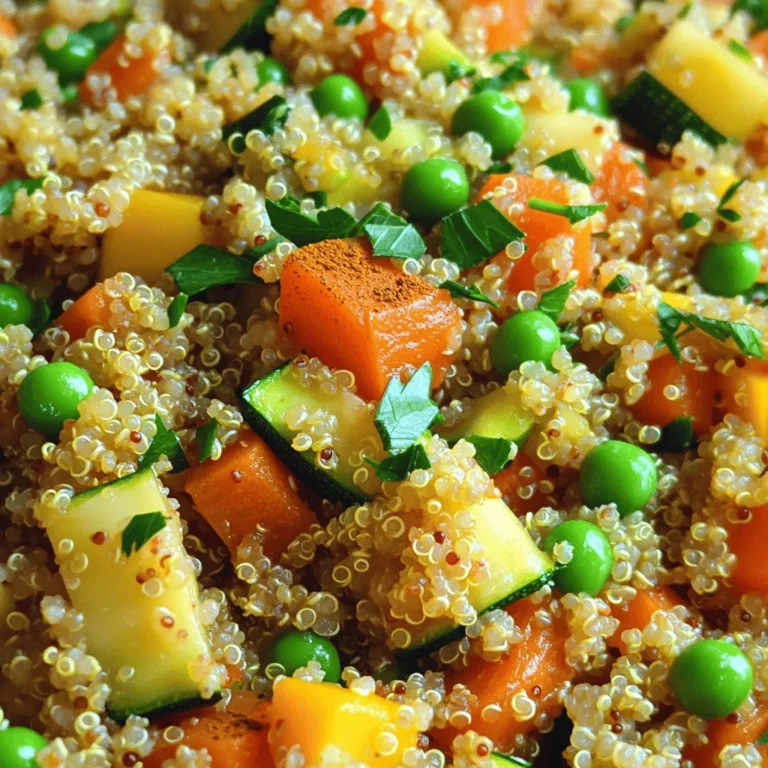 To make quinoa vegetable pilaf, you need fresh and simple ingredients. Here’s what you will need: - 1 cup quinoa, rinsed - 2 cups vegetable broth - 1 onion, diced - 2 cloves garlic, minced - 1 carrot, diced - 1 bell pepper, chopped (any color) - 1 zucchini, diced - 1 cup green peas (fresh or frozen) - 1 teaspoon cumin - 1 teaspoon smoked paprika - 2 tablespoons olive oil - Salt and pepper to taste - Fresh parsley, chopped, for garnish These ingredients create a tasty and nutritious meal. Quinoa is the star here. It is packed with protein and has a great texture. The broth adds depth, while the veggies give color and crunch. You can switch up the veggies based on what you have. This recipe is all about using what you love. Check out the Full Recipe for the easy steps to cook this dish. To start, heat 2 tablespoons of olive oil in a medium pot over medium heat. Add 1 diced onion and sauté it until it turns translucent. This usually takes about 3-4 minutes. Next, stir in 2 minced garlic cloves, along with 1 diced carrot, 1 chopped bell pepper, and 1 diced zucchini. Cook these vegetables for about 5-7 minutes. You want them to soften and blend well. Once the veggies are ready, stir in 1 teaspoon of cumin and 1 teaspoon of smoked paprika. This step brings out their rich flavors. After 1-2 minutes, add 1 cup of rinsed quinoa to your pot. Make sure the quinoa is well-coated with the vegetable mix. Then, pour in 2 cups of vegetable broth and season with salt and pepper to taste. Bring the mixture to a boil. Once it bubbles, reduce the heat to low. Cover the pot and let it simmer for around 15 minutes. The quinoa will absorb the broth and become fluffy. In the last 5 minutes of cooking, add 1 cup of green peas. Stir them in gently. When the time is up, take the pot off the heat. Let it sit for 5 minutes before fluffing the quinoa with a fork. This dish is perfect as a warm, healthy meal. For the full recipe, check the details above. - Ensuring quinoa is properly rinsed Rinsing quinoa helps remove its natural coating called saponin. This coating can taste bitter. To rinse, place quinoa in a fine mesh strainer. Run cold water over it until the water runs clear. This step is key for a great taste. - Seasoning effectively Seasoning your dish makes all the difference. Use salt and pepper, but also explore herbs and spices. Cumin and smoked paprika add depth. Add these spices early while cooking to release their full flavor. - Alternative vegetables for pilaf You can change the veggies to suit your taste. Try corn, spinach, or broccoli. Each one brings a unique flavor and texture. Mix and match for variety! - Using different herbs and spices Explore different herbs to change the flavor. Fresh basil or cilantro can brighten the dish. You can also try thyme or oregano for a more earthy taste. - Best side dishes to pair with quinoa pilaf Quinoa pilaf pairs well with many side dishes. You can serve it with roasted chicken or grilled fish. A simple green salad also works nicely. - Presentation ideas for serving Make your pilaf pop on the plate! Use a ring mold for a neat shape. Garnish with fresh parsley for a splash of color. Serve in a bowl with a drizzle of olive oil for a charming look. {{image_2}} You can boost your quinoa vegetable pilaf with protein. If you want meat, try chicken or shrimp. For a plant-based option, add beans or lentils. Chickpeas work great, too. Simply rinse and drain canned beans. Stir them in during the last few minutes of cooking. This adds both flavor and texture. To make your pilaf even tastier, play with spices. Try adding turmeric for a warm color. Or, mix in curry powder for a bold twist. You can also use fresh herbs like basil or cilantro. These will brighten the dish. Drizzle a little lemon juice or balsamic dressing before serving. This adds a nice zing. Change your vegetable mix to match the seasons. In spring, add asparagus or fresh peas. Summer calls for corn or tomatoes. In fall, use pumpkin or sweet potatoes. Winter is perfect for root veggies like parsnips or carrots. You can also use seasonal herbs like thyme or rosemary. These choices make your pilaf fresh and exciting. To keep your quinoa vegetable pilaf fresh, store it in an airtight container. This helps prevent drying out. Place it in the fridge if you plan to eat it within a few days. For longer storage, freezing is a good option. When storing in the fridge: - Let it cool completely before sealing. - Use a glass or plastic container with a tight lid. - It can last up to 5 days in the fridge. For freezing: - Divide the pilaf into portions for easy reheating. - Use freezer-safe bags or containers. - Label them with the date for reference. - It can stay good for up to three months in the freezer. How long can you keep it in the fridge? Quinoa vegetable pilaf can last about five days in the fridge. After that, the texture may change, and it may not taste as fresh. Signs of spoilage Look for any off smells or a change in color. If you see mold or the pilaf feels slimy, it’s best to throw it away. Always trust your senses; if it seems off, don’t eat it. Quinoa vegetable pilaf is a tasty dish made with quinoa and vegetables. It is healthy, colorful, and full of flavor. Quinoa is a great source of protein and fiber. The mix of vegetables adds vitamins and minerals. You can use any veggies you like, making it a flexible recipe. This dish is perfect as a side or a main meal. Plus, it's quick to make and easy to enjoy. Cooking quinoa vegetable pilaf takes about 30 minutes in total. You spend about 10 minutes prepping the ingredients. This includes chopping the veggies and rinsing the quinoa. Then, you cook everything for about 20 minutes. The quinoa cooks in the vegetable broth, absorbing all the flavors. You can have a warm, tasty meal ready in no time! Yes, you can make quinoa vegetable pilaf ahead of time. Prepare it and let it cool before storing. Place it in an airtight container in the fridge. It stays fresh for about 3 to 5 days. To reheat, add a splash of water and heat it in the microwave or on the stove. This way, you can enjoy a quick, healthy meal whenever you want! For the full recipe, check out the instructions above. In this blog post, we explored how to make delicious quinoa vegetable pilaf. We covered the key ingredients, cooking steps, and helpful tips for the best results. You can easily customize this dish with various proteins and spices. Don’t forget to store any leftovers properly for later. Quinoa pilaf is a healthy and flexible meal that anyone can enjoy. Give it a try, and you might just discover your new favorite dish!