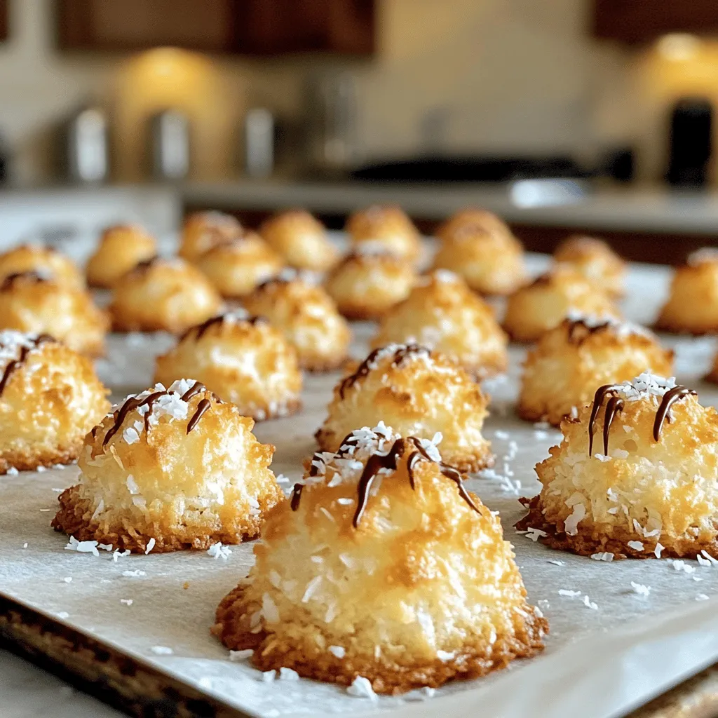 To make delicious coconut macaroon cookies, gather these simple ingredients: - 3 cups sweetened shredded coconut - 1 cup sweetened condensed milk - 1 teaspoon vanilla extract - 1/4 teaspoon almond extract (optional) - 2 large egg whites - 1/4 teaspoon salt - 1/2 cup semi-sweet chocolate chips (for drizzling, optional) These ingredients blend together to create a chewy and sweet treat. The sweetened shredded coconut gives these cookies their signature texture and flavor. Sweetened condensed milk adds moisture and sweetness, making each bite delightful. Vanilla extract enhances the overall flavor, while almond extract can add a nice twist if you choose to use it. Egg whites are key for a light, airy macaroon. They help the cookies puff up and stay soft inside. A pinch of salt balances the sweetness perfectly. If you want to add a touch of chocolate, the semi-sweet chocolate chips make a nice drizzle on top. This list makes it easy to see what you need. You can find most of these ingredients at your local grocery store. If you want to dive deeper, check out the Full Recipe for exact amounts and instructions. First, you need to get your oven ready. Preheat it to 325°F (160°C). This step helps your cookies bake evenly. While the oven warms up, line two baking sheets with parchment paper. This keeps the cookies from sticking and makes for easy cleanup. Next, grab a large mixing bowl. In this bowl, combine the following ingredients: - 3 cups sweetened shredded coconut - 1 cup sweetened condensed milk - 1 teaspoon vanilla extract - 1/4 teaspoon almond extract (optional) Stir these ingredients together well. Make sure the coconut is fully coated with the sweetened condensed milk. This mix gives your cookies their chewy texture and sweet taste. Now, let’s whip up the egg whites. Take two large egg whites and add 1/4 teaspoon of salt to a clean bowl. Use a hand mixer or whisk to beat the egg whites. You want to whip them until soft peaks form. This should take about 2-3 minutes. Soft peaks mean the egg whites hold their shape but still appear fluffy. Once you achieve this, gently fold the whipped egg whites into your coconut mixture. Be careful not to deflate the egg whites. You want your cookies to be light and airy. Mix until just combined, and then you’re ready to scoop the batter onto your prepared baking sheets. For the complete instructions, check the Full Recipe. To get the right texture in your coconut macaroons, focus on mixing. When you mix the coconut and condensed milk, ensure every shred gets coated. This step is key. Whipping the egg whites is also crucial. Whip until soft peaks form. This keeps the cookies light and airy. Finally, gently fold the egg whites into the coconut mix. Be careful not to deflate them. This tip makes all the difference. One big mistake is overbaking. Keep an eye on your cookies as they bake. You'll want them golden on the edges but soft in the center. Also, make sure to use parchment paper. This helps prevent sticking and keeps the bottoms from browning too much. Lastly, avoid crowding the baking sheets. Give each cookie space to expand. This keeps them from merging into one big blob. Drizzling chocolate can add flair to your cookies. First, melt the chocolate chips in short bursts in the microwave. Stir in between to avoid burning. Once smooth, use a fork to drizzle. Hold the fork above the cookies and move it side to side. This creates a nice pattern. If you want more control, use a piping bag. Cut a tiny hole in the corner and squeeze gently. Your cookies will look professional and taste amazing. For more tips, check out the Full Recipe. {{image_2}} Add a fun twist with chocolate! After baking your coconut macaroons, melt semi-sweet chocolate chips in the microwave. Use short bursts of heat to avoid burning. Once melted, drizzle the chocolate over the cooled cookies using a spoon or a piping bag. This adds a rich flavor and makes your treats look fancy. The sweet coconut pairs perfectly with the chocolate. For a nutty flavor, try adding almond extract. Just swap in a bit more almond extract instead of the vanilla. You can also mix in chopped almonds for extra crunch. These almond coconut macaroons are a great way to change things up. They taste amazing and have a lovely texture. Want a bright flavor? Add lemon zest to your coconut mixture. Just mix in a tablespoon of fresh lemon zest before baking. This gives the cookies a refreshing twist. The tangy lemon balances the sweetness of the coconut. It’s a delightful surprise in every bite. Explore these variations to make your coconut macaroons even more special. Each option brings a new taste and fun to your baking. Try them out and see which one you like best! For the complete process, check the Full Recipe. To keep your coconut macaroons fresh, use an airtight container. This helps keep moisture in and air out. Store them at room temperature for up to a week. If you want to enjoy them later, consider freezing them. Freezing is a great way to save coconut macaroons. Place your cooled cookies in a single layer on a baking sheet. Once frozen, transfer them to a freezer-safe bag. They can last for up to three months in the freezer. When you are ready to eat, just take them out. To reheat coconut macaroons, you can use your oven or microwave. For the oven, set it to 300°F (150°C). Place the cookies on a baking sheet for about 5 to 8 minutes. If you use the microwave, heat them for about 10 to 15 seconds. This softens them without drying them out. Enjoy them warm for the best taste! Yes, you can use unsweetened coconut. However, the cookies will taste less sweet. I suggest adding more sugar or a little honey to balance the flavor. It’s all about your taste. If you like it sweet, stick with sweetened coconut. It gives the best results in flavor and texture. Coconut macaroons can last up to a week. Store them in an airtight container at room temperature. If you want them to stay fresh longer, keep them in the fridge for about two weeks. Just remember to let them come to room temperature before serving. This will help regain their soft texture. If you need a substitute, try using coconut cream mixed with sugar. You can also use evaporated milk with added sugar. Another option is a mixture of milk and cream with sugar. These choices work well in recipes. They help keep the cookies moist and sweet. For the best results, I recommend using sweetened condensed milk for that perfect flavor. Check out the Full Recipe for more details on making these tasty treats. Coconut macaroons are easy to make and fun to eat. We covered key ingredients, step-by-step instructions, and helpful tips. You now know how to achieve the right texture and avoid common mistakes. We also explored tasty variations and storage methods. You can enjoy coconut macaroons fresh or save them for later. Experiment with flavors and share them with friends. Baking can bring joy, so dive in and enjoy the process!