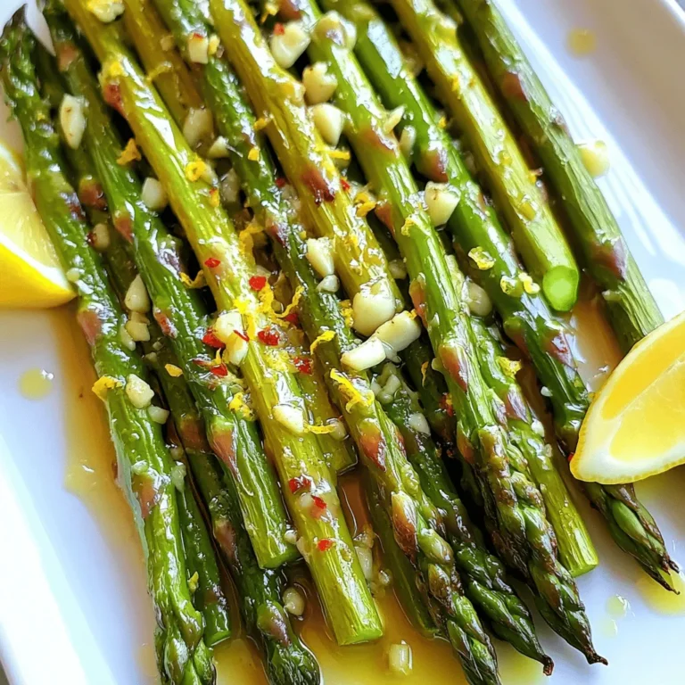 To make Lemon Garlic Roasted Asparagus, you need fresh and bright ingredients. Here’s what you'll need: - 1 pound fresh asparagus, trimmed - 3 tablespoons olive oil - 4 cloves garlic, minced - Zest of 1 lemon - Juice of 1 lemon These fresh ingredients bring a crisp taste to the dish. Make sure your asparagus is bright green and firm. This ensures you get the best flavor and texture. Seasonings add depth to your dish. For this recipe, you need: - 1 teaspoon sea salt - 1/2 teaspoon black pepper - 1/4 teaspoon red pepper flakes (optional) Sea salt enhances the natural taste of the asparagus. Black pepper gives it a nice kick, while red pepper flakes add a spicy touch. You can adjust the spice level based on your taste. Sometimes, a little extra flavor is just what you need. Consider these optional add-ins: - 2 tablespoons grated Parmesan cheese (optional) Parmesan cheese adds a creamy, savory layer to the dish. You can sprinkle it on during the last few minutes of roasting for a delightful finish. These add-ins can elevate your Lemon Garlic Roasted Asparagus to a whole new level. For the full recipe, check out the details above. Start with fresh asparagus. Choose firm, bright green stalks. Trim the tough ends. Aim for about an inch off the bottom. Rinse the asparagus under cold water. Pat it dry with a clean towel. This step helps the oil and flavors stick better. Grab a large mixing bowl. Add three tablespoons of olive oil. Next, mix in four minced garlic cloves. Zest one lemon and add that too. Squeeze in the juice of the same lemon. Then, toss in a teaspoon of sea salt, half a teaspoon of black pepper, and red pepper flakes if you want some heat. Stir everything well. Now, add the trimmed asparagus. Toss gently to coat all pieces evenly with the lemon garlic mixture. Preheat your oven to 425°F (220°C). Line a baking sheet with parchment paper. Spread the marinated asparagus in a single layer. Make sure none of the stalks overlap. This helps them roast evenly. Roast in the oven for 12-15 minutes. Turn them halfway through for a nice, even cook. The asparagus should be tender and slightly crispy. If you want, sprinkle grated Parmesan cheese over the top in the last two minutes. Remove from the oven and let it cool for a minute before serving. For the full recipe, check out the earlier section. Enjoy your tasty lemon garlic roasted asparagus! To get that perfect crunch, you need to roast your asparagus at a high heat. Set your oven to 425°F (220°C). This temperature helps to cook the asparagus fast while keeping it crisp. Spread the asparagus out evenly on the baking sheet. Avoid overcrowding; this lets the hot air circulate. Turn the asparagus halfway through cooking for even crispiness. One mistake is using old asparagus. Fresh asparagus should be firm and bright green. If it bends easily, it is past its prime. Another common error is not cutting the ends. Always trim the tough ends off before cooking. Lastly, don’t skip the lemon zest. It adds a bright flavor that makes a big difference. Adding fresh herbs can take your asparagus to the next level. Try adding thyme or rosemary for an earthy taste. You can sprinkle herbs on just before serving. This way, they stay fresh and flavorful. For a twist, consider fresh basil or parsley for a lighter touch. Mixing herbs can create unique flavor combinations. {{image_2}} You can switch up the asparagus with other veggies. Try broccoli, Brussels sprouts, or green beans. These veggies roast well and soak up the lemon garlic flavor. If you're feeling bold, add some cherry tomatoes. They burst with flavor when roasted. Boost your meal by adding protein. Grilled chicken or shrimp works great with this dish. For a vegetarian option, add chickpeas or white beans. You can also serve the asparagus over grains like quinoa or brown rice. This makes the dish heartier. Asparagus shines in spring, but you can enjoy this recipe all year. In summer, swap lemon for lime to give it a fresh twist. In fall, add some roasted squash for a warm flavor. In winter, pair it with roasted root vegetables for a cozy meal. For the full recipe, check out the Lemon Garlic Roasted Asparagus instructions above. After making Lemon Garlic Roasted Asparagus, let it cool to room temperature. Place it in an airtight container. Store it in the fridge. It stays fresh for up to 3 days. This way, you can enjoy it later without losing flavor. Always check for any signs of spoilage before eating. To reheat your leftovers, use an oven or a skillet. Preheat the oven to 350°F (175°C). Spread the asparagus on a baking sheet. Heat for about 10 minutes or until warm. If using a skillet, add a splash of oil. Cook over medium heat for 5 minutes. This keeps the asparagus crispy and tasty. You can freeze asparagus, but it's best to blanch it first. Boil water in a pot. Add the asparagus for 2-3 minutes. Then, plunge it into ice water. This stops the cooking. Drain and dry the asparagus, then place it in a freezer bag. Remove as much air as possible. Frozen asparagus keeps well for up to 6 months. When you're ready to use it, just thaw and roast it for a quick side dish! For the full recipe, check the section above. When choosing fresh asparagus, look for firm, bright green stalks. The tips should be tightly closed and not mushy. Avoid any yellow or wilted stalks. Hold the bunch and feel the weight; it should feel heavy and fresh. If you can, smell the asparagus. It should have a clean, earthy scent. Fresh asparagus tastes best and gives the best texture in your dish. Yes, you can use frozen asparagus, but it may change the texture. Frozen asparagus tends to be softer after cooking. This dish works best with fresh asparagus for a crisp bite. If using frozen, thaw it first and pat it dry to remove excess moisture. Adjust the cooking time, as frozen asparagus may need less time in the oven. Asparagus is fully cooked when it is tender yet still slightly crisp. You can check by piercing it with a fork. It should go in easily but not fall apart. The color will change to a bright green. If you prefer it softer, roast for a few extra minutes. For the best results, keep an eye on it while roasting. This ensures you get that perfect texture for your Lemon Garlic Roasted Asparagus. For the complete recipe, check out the [Full Recipe]. This blog post covered how to make delicious lemon garlic roasted asparagus. We explored fresh ingredients, seasonings, and optional add-ins. I shared step-by-step instructions for preparation, marinating, and roasting. You learned tips for crispiness and common mistakes to avoid. We also looked at flavor variations and how to store leftovers. With these insights, you can create a tasty side dish. Enjoy the flavor and health benefits of asparagus year-round. You can impress friends with your new skills in the kitchen.