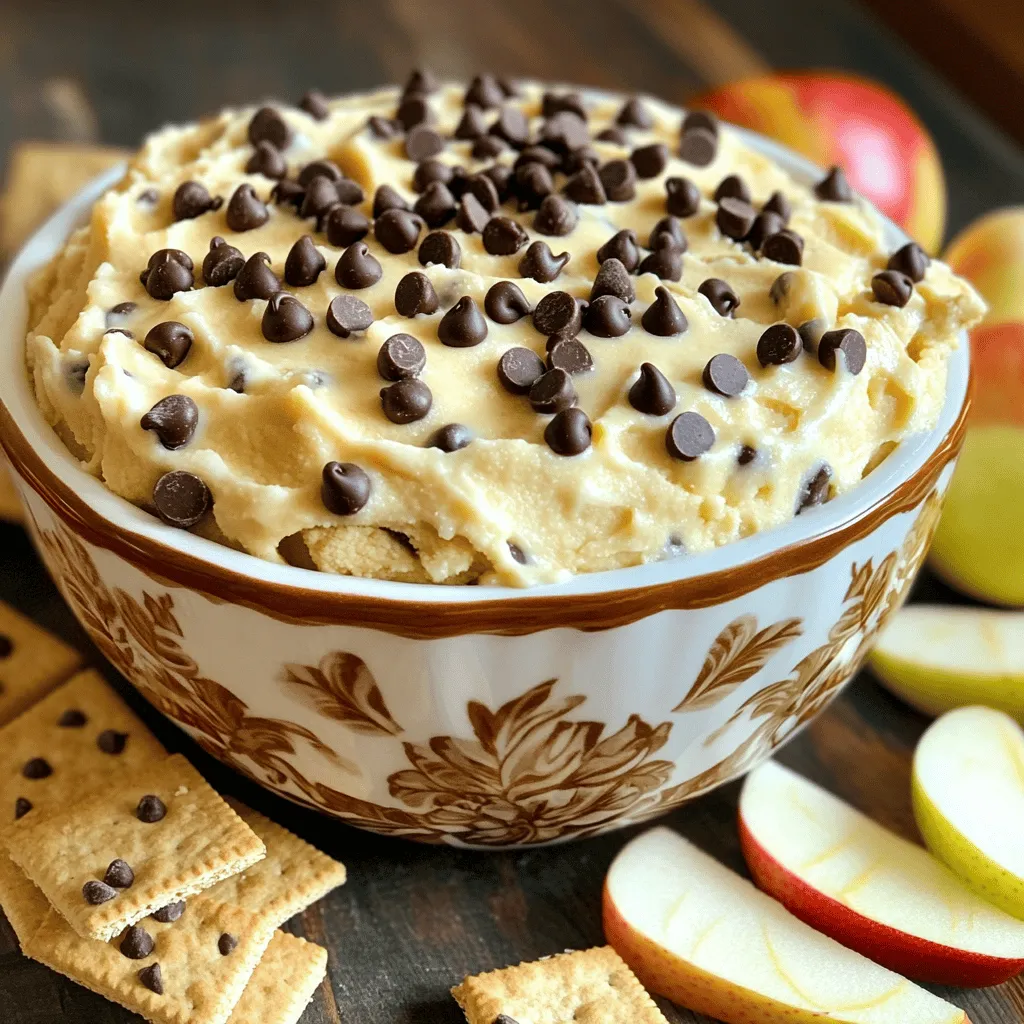 To make this tasty chocolate chip cookie dough dip, gather these ingredients: - 1 cup all-purpose flour - 1/2 cup unsalted butter, softened - 1/4 cup brown sugar - 1/4 cup granulated sugar - 1 teaspoon vanilla extract - 1 cup cream cheese, softened - 1/2 cup powdered sugar - 1/2 cup mini chocolate chips - A pinch of salt Each ingredient plays a special role in this dip. The all-purpose flour gives the dip its dough-like texture. Toasting it first helps remove any raw taste. Butter adds creaminess and richness. Both sugars provide sweetness, while brown sugar adds a bit of moisture. Vanilla extract gives a warm flavor that enhances the chocolate. Cream cheese adds a smooth texture, making the dip creamy. Powdered sugar sweetens the mix without graininess. Mini chocolate chips add bursts of chocolate joy in every bite. A pinch of salt helps balance all the sweet flavors. If you have allergies, you can adjust the recipe. For gluten-free needs, use a gluten-free flour blend instead of all-purpose flour. Dairy-free folks can swap cream cheese with vegan cream cheese. You can also replace butter with coconut oil or a dairy-free spread. Use maple syrup or coconut sugar as a sweetener if you avoid refined sugar. These changes keep the dip tasty for everyone! To make the best cookie dough dip, start with the flour. Raw flour can taste funny, so we need to toast it. Spread 1 cup of all-purpose flour on a baking sheet. Bake it at 350°F (175°C) for 5-7 minutes. Stir it often until it turns slightly golden. Let it cool before using. Now, let’s mix our dip. In a large bowl, add 1/2 cup of softened unsalted butter, 1/4 cup of brown sugar, and 1/4 cup of granulated sugar. Beat them together until light and fluffy. Next, add 1 cup of softened cream cheese and 1 teaspoon of vanilla extract. Mix until the mixture is smooth and well combined. Gradually add the cooled flour and 1/2 cup of powdered sugar. Don’t forget a pinch of salt to boost the flavor! It’s time to add some fun! Gently fold in 1/2 cup of mini chocolate chips. Make sure they spread out evenly. Once mixed, transfer the dip to a serving bowl. Cover it and chill it in the fridge for at least 30 minutes. This helps all the flavors come together. Now you have a tasty cookie dough dip ready to enjoy! For the full recipe, refer to the section above. To keep your cookie dough dip fresh, store it in an airtight container. Place it in the fridge. It will stay good for about five days. If you want to save it longer, you can freeze it. Just make sure it’s in a freezer-safe container. When you want to enjoy it again, thaw it in the fridge overnight. Stir it well before serving. Want to boost the flavor of your dip? Here are some simple tips: - Add a dash of cinnamon for warmth. - Try a splash of almond extract for a nutty twist. - Mix in some chopped nuts for crunch. - Swap mini chocolate chips for dark or white chocolate chips. These small changes can make a big difference in taste! This dip is perfect for many occasions. For a party, serve it with: - Graham crackers - Apple slices - Pretzels - Mini cookies For a fun touch, put the dip in a fancy bowl. Top it with extra chocolate chips for a nice look. This will impress your guests and make it more tempting! Enjoy this delicious treat with friends or family. Check out the Full Recipe for more details. {{image_2}} You can make this dip gluten-free. Just swap the all-purpose flour for gluten-free flour. Many brands work well. This keeps the taste and texture great. You can add fun flavors to your cookie dough dip. Try mixing in peanut butter for a nutty taste. Just add 1/4 cup of creamy peanut butter. Mint extract is another great choice. Use 1/2 teaspoon for a fresh twist. You could also add a splash of almond extract for a sweet hint. Want a lighter version? Use Greek yogurt instead of cream cheese. This makes the dip creamy and adds protein. Substitute half the butter with unsweetened applesauce. It cuts down on fat but keeps it tasty. You can also use honey instead of sugar for a natural sweetener. For the full recipe, check the details above. Enjoy making this dip your own! To store leftovers, place the dip in an airtight container. This keeps it fresh. Make sure to cover it tightly to avoid air exposure. Leftover dip can last in the fridge for up to five days. Before serving, give it a good stir. This helps revive its creamy texture. Yes, you can freeze the dip! To freeze, place the dip in a freezer-safe container. Leave some space at the top because it will expand as it freezes. Cover it tightly with plastic wrap before sealing the lid. The dip can stay good in the freezer for about three months. When you’re ready to enjoy it, let it thaw in the fridge overnight. The shelf life for this dip in the fridge is about five days. Always check for any off smells or changes in texture before eating. If you want to enjoy it longer, freezing is your best bet. This dip is great for parties or a fun snack. Serve it with fruits, crackers, or cookies for the best experience. For an extra treat, consider making the Full Recipe and sharing it with friends! Yes, you can safely eat cookie dough dip. I use toasted flour in the recipe. Toasting the flour kills harmful bacteria. This makes the dip safe to enjoy straight from the bowl. Just remember, it's rich and sweet, so a little goes a long way! You can keep this dip in the fridge for about 5 days. Make sure to store it in an airtight container. This helps keep it fresh and tasty. Before serving, give it a quick stir. If it thickens, you can add a bit of milk to loosen it up. Many fun options work well for dipping! Here are some ideas: - Graham crackers - Apple slices - Pretzels - Mini pancakes - Fruit skewers Feel free to get creative! You can even use a spoon if you're feeling adventurous. The dip pairs wonderfully with many snacks. Enjoy your tasty treat! You can find the Full Recipe in the earlier section for all the details. This blog post covered how to make a tasty cookie dough dip. We discussed essential ingredients, step-by-step instructions, and helpful tips. You can also explore variations and storage options. Remember, you can customize flavors and accommodate dietary needs. Enjoy your cookie dough dip for any occasion, and share it with friends. The possibilities are endless! Start creating your version today for an easy treat.