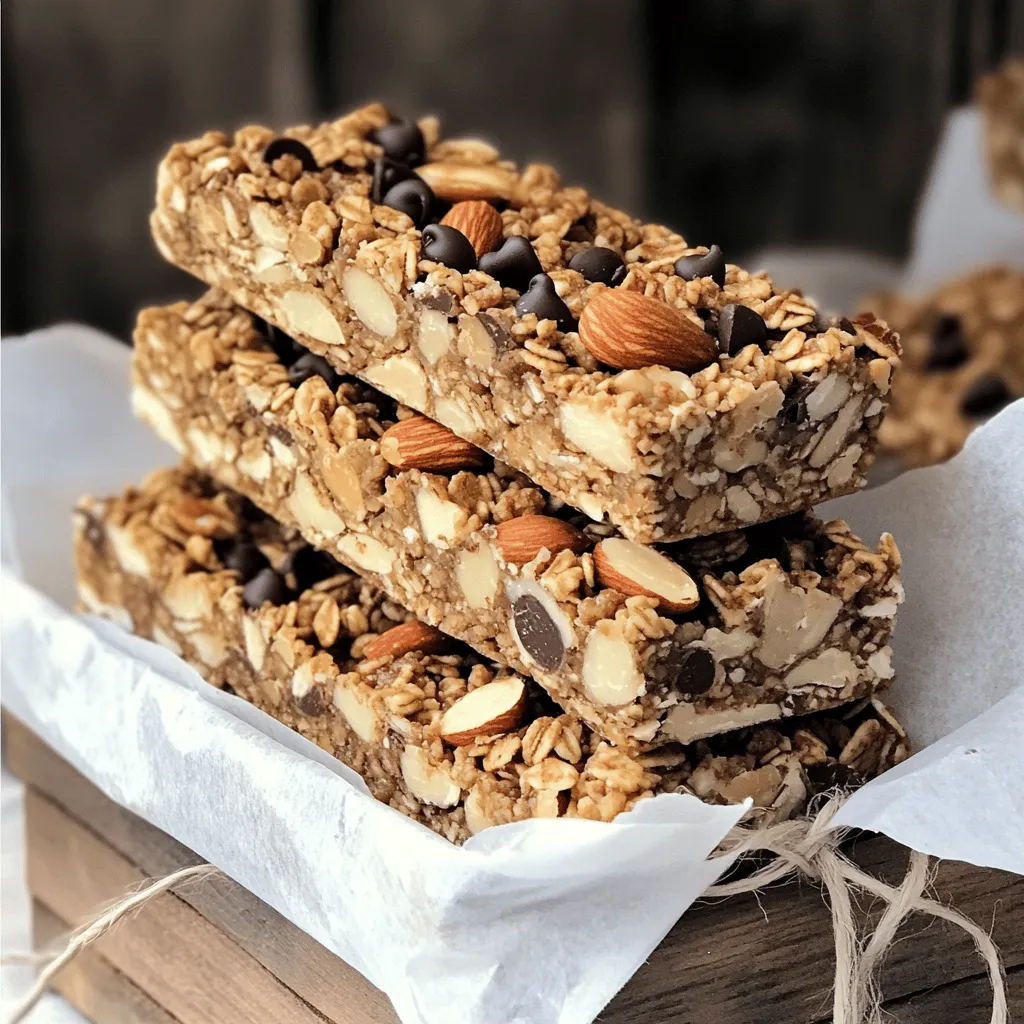 To make delicious homemade granola bars, you'll need these simple ingredients: - 2 cups rolled oats - 1 cup mixed nuts (chopped) - 1/2 cup unsweetened nut butter - 1/2 cup honey or maple syrup - 1/2 cup mini chocolate chips - 1/4 cup flaxseeds or chia seeds - 1/2 teaspoon vanilla extract - A pinch of salt These ingredients form the base of your granola bars. Rolled oats provide a chewy texture. The mixed nuts add crunch and protein. Nut butter acts as a binder and gives flavor. Honey or maple syrup sweetens your bars and helps hold everything together. Mini chocolate chips add a sweet treat to each bite. Flaxseeds or chia seeds boost nutrition and fiber. Vanilla extract gives your bars a lovely aroma, while salt balances the sweetness. You can personalize your granola bars by adding some optional ingredients: - Dried fruits (raisins, cranberries) - Seeds (pumpkin seeds, sunflower seeds) - Protein powder Dried fruits add chewiness and flavor. Seeds give extra crunch and nutrients. Protein powder can make your bars more filling and boost their nutritional value. Feel free to mix and match these add-ins for your perfect granola bar! For the full recipe, check out the Nutty-Choco Delight Granola Bars. To start, preheat your oven to 350°F (175°C). This step warms the oven for even baking. Next, line a 9x9 inch baking dish with parchment paper. Make sure to leave some paper hanging over the edges. This allows for easy removal later. In a large bowl, combine the rolled oats, chopped mixed nuts, flaxseeds, and a pinch of salt. Stir well to mix all the dry ingredients evenly. This blend forms the base of your granola bars. In a small saucepan, melt the nut butter and honey over low heat. Stir continuously until you see a smooth mixture. Remove it from the heat, then add the vanilla extract and mix again. This mixture adds sweetness and flavor to your bars. Pour the wet mixture into the bowl with the dry ingredients. Mix everything together until all the dry ingredients are coated. Gently fold in the mini chocolate chips. This adds a delightful touch of chocolate in every bite. Transfer your mixture to the prepared baking dish. Press it down firmly into an even layer. Bake in the preheated oven for 20-25 minutes, or until the edges turn golden brown. This step ensures a crispy texture. After baking, let the granola bars cool in the dish for about 10 minutes. Then, lift them out using the parchment paper. Transfer them to a wire rack and allow them to cool completely. Once cool, cut them into bars. Enjoy your tasty snack! For the complete recipe, check out the Full Recipe section. To get the best texture, press the mixture down firmly. Use a spatula or your hands. This helps the bars stick together well. If you don't press enough, they might crumble. The baking time is also key. Bake them until the edges turn golden brown. This usually takes about 20-25 minutes. If they are underbaked, they will be too soft. If overbaked, they will be hard and dry. You can add spices like cinnamon or nutmeg for a warm taste. Just a pinch can make a big difference. Feel free to experiment with different nut butters too. Almond butter gives a nice flavor, while peanut butter is classic. Each type of nut butter adds its own unique twist to the bars. Stack the bars in a small basket for a fun display. You can also wrap them in parchment paper. Tie them with twine for a rustic look. This makes them great for gifts or snacks. Serve them with yogurt or fresh fruit for a tasty combination. This adds freshness and makes your snack even more enjoyable. For a fun twist, try different serving ideas to keep things exciting! {{image_2}} If you need nut-free options, sunflower seed butter works great. It adds a nice flavor and keeps the bars creamy. You can also mix in seeds like pumpkin seeds, hemp seeds, or even dried fruit. These options keep your granola bars tasty and safe for those with nut allergies. For chocolate lovers, try adding cocoa powder to your mix. This gives the bars a rich chocolate flavor. You can also use dark chocolate chips instead of mini chips. This not only adds a bold taste but also gives a little extra health boost. Want more protein? Add a scoop of protein powder to your mix. It blends well and boosts nutrition. You can also throw in extra seeds like chia seeds or hemp seeds. These additions keep your energy up and make for a filling snack. You can find the Full Recipe to start making your own variations! To keep your homemade granola bars fresh, store them in airtight containers. This helps prevent moisture from making them soggy. If you want to keep them longer, freezing is a great option. Wrap each bar tightly in plastic wrap and place them in a freezer-safe bag. This way, you can enjoy them for weeks! Granola bars last about one week in the pantry. If stored in the fridge, they can last up to two weeks. Check for signs of staleness, like a dry or hard texture. If they smell off or taste stale, it's best to toss them. Keeping an eye on these signs helps ensure you enjoy your tasty snacks! Yes, you can easily customize your granola bars. Try adding your favorite nuts or seeds. Dried fruits like raisins or cranberries bring natural sweetness. You can also add spices like cinnamon for extra flavor. Feel free to mix and match until you find your perfect combo. If you want a different sweetener, try agave syrup or brown rice syrup. These options work well and keep the bars sticky. Maple syrup is another great choice. Each sweetener adds its own unique taste to the bars. To make sure your granola bars are gluten-free, use certified gluten-free oats. Always check the labels on other ingredients, like nut butter and chocolate chips. This way, you can enjoy your bars without worry. To get chewy granola bars, use more nut butter and sweetener. You can also reduce the baking time slightly. This keeps them soft and chewy. Mixing in a bit of chia seeds can help with that chewy texture too! Yes, making these bars vegan is simple. Just replace honey with maple syrup or agave. Use a plant-based nut butter, like almond or peanut butter. This way, you keep the flavor while making them vegan-friendly. When stored in an airtight container, these granola bars last about a week. If you keep them in the fridge, they can last up to two weeks. For longer storage, you can freeze them. Just make sure to wrap them well! Homemade granola bars are simple and fun to make. You need basic ingredients like oats, nuts, and nut butter. Add any extras you like, such as fruit or protein powder. Follow the steps carefully, and you'll have a tasty snack in no time. Store them well to keep them fresh. Customize recipes to fit your taste and needs. Granola bars can be both healthy and delicious when made right. Enjoy making and sharing your creations!