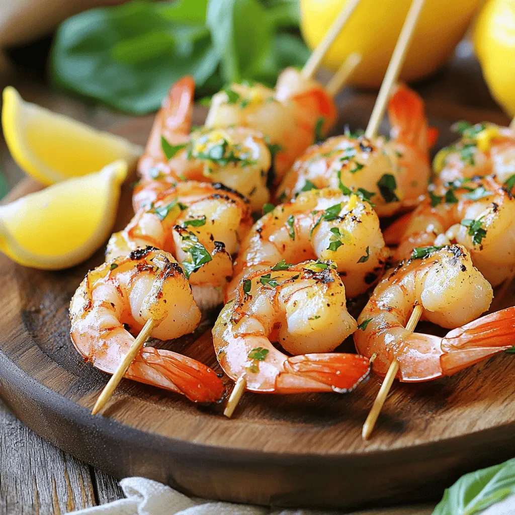 - 1 pound large shrimp, peeled and deveined - 4 tablespoons olive oil - 3 tablespoons fresh lemon juice - 4 garlic cloves, minced - 2 tablespoons fresh parsley, chopped - 1 tablespoon fresh basil, chopped - 1 teaspoon dried oregano - 1 teaspoon paprika - Salt and pepper to taste - Lemon wedges, for serving When you prepare Lemon Garlic Herb Grilled Shrimp, fresh ingredients make all the difference. Start with large shrimp; they are juicy and cook quickly. Always peel and devein them for the best texture. Next, you’ll need olive oil and fresh lemon juice. These add richness and a bright flavor. The acid from the lemon juice works wonders in marinating shrimp. For seasoning, minced garlic is a must. It brings a deep, aromatic flavor. Fresh parsley and basil add a lovely herbal note. The oregano and paprika round out the taste with warmth and depth. Don’t forget salt and pepper. They enhance every bite. Lastly, lemon wedges are perfect for serving. They add a zesty kick when you squeeze them over the shrimp. You can find the full recipe in the "Zesty Lemon Garlic Herb Grilled Shrimp" section. Preparing the Marinade To start, grab a medium bowl. Add the olive oil, lemon juice, and minced garlic. Then, toss in the chopped parsley, basil, oregano, paprika, salt, and pepper. Now, whisk everything together well. This will create a zesty and fragrant marinade. Marinating the Shrimp Next, take your shrimp and place them in the bowl with the marinade. Make sure each shrimp is fully coated. This step is important for flavor. Cover the bowl and place it in the fridge. Let the shrimp marinate for 30 minutes. This allows the flavors to mix and soak into the shrimp. Grilling the Shrimp While the shrimp marinates, preheat your grill to medium-high heat. If you use wooden skewers, soak them in water for about 30 minutes. This helps prevent burning. Now, thread the marinated shrimp onto the skewers, about 4 to 5 shrimp each. Once your grill is hot, place the skewers on it. Grill for 2 to 3 minutes on each side. Look for the shrimp to turn pink and opaque. When done, remove them from the grill and let them rest for a minute. Enjoy your delicious Lemon Garlic Herb Grilled Shrimp! For the full recipe, check the earlier section. Look for shrimp that are firm and have a fresh smell. Fresh shrimp should also have a glossy appearance. Avoid shrimp with a strong fishy odor. If possible, buy shrimp from a trusted local market. They often have the best quality. Use medium-high heat for perfect grilling without overcooking. Preheating your grill is key. This helps create a nice sear on the shrimp. If the grill is too cool, the shrimp will steam instead of grill. This can lead to a rubbery texture. Let the grilled shrimp rest for a minute to enhance flavor. This step allows the juices to redistribute. If you cut or serve them right away, they may dry out. Resting also improves the overall taste. Enjoy the shrimp with lemon wedges for added zest. {{image_2}} To give your shrimp a spicy kick, add red pepper flakes. Spice enhances the dish and adds warmth. Start with a small amount. You can always add more if you like heat. This change makes the shrimp exciting and tasty. For a Mediterranean flavor, incorporate olives and feta cheese. These ingredients bring a briny taste and creaminess. Mix them in right before grilling. The olives add depth, while feta gives a nice contrast. This twist makes the dish fresh and unique. Feel free to experiment with different herbs. Try using cilantro or thyme instead of parsley or basil. Each herb brings its own flavor. Cilantro gives a bright and zesty note. Thyme adds earthiness. Mixing herbs can create a special touch to your grilled shrimp. For the full recipe, check out "Zesty Lemon Garlic Herb Grilled Shrimp" above. Store grilled shrimp in an airtight container for up to 2 days. This keeps them fresh and tasty. Make sure the container is sealed well to lock in flavors. For longer storage, freeze the shrimp. Place them in a single layer on a baking sheet. After they freeze, transfer them to a freezer bag. They can stay good for up to 2 months. Label the bag with the date to track freshness. Reheat the shrimp gently to keep them tender. You can use the grill or a skillet. For the grill, warm it up first, then add the shrimp for a few minutes. In a skillet, heat on low until warmed through. Enjoy your delicious shrimp just like when they were fresh! Marinate shrimp for 30 minutes to maximize flavor. This time allows the shrimp to soak up all the tasty herbs and garlic. If you marinate too long, the shrimp may turn mushy. Pair with rice, salad, or grilled vegetables for a complete meal. Rice adds a nice base, while salad brings freshness. Grilled vegetables also complement the shrimp’s flavor. Yes, just ensure they are fully thawed and patted dry before marinating. Thawing helps the shrimp absorb the marinade better. Patting them dry prevents excess water from diluting the flavor. Refer to the "Zesty Lemon Garlic Herb Grilled Shrimp" section for the complete recipe. This will give you all the details to make this tasty dish at home. In this post, we covered how to make zesty lemon garlic herb grilled shrimp. We looked at the main ingredients and how to mix them to create great flavor. You learned how to marinate and grill shrimp perfectly. Remember to choose fresh shrimp and use medium-high heat. You can even try fun variations like adding spice or fresh herbs. Proper storage helps keep leftovers tasty. Enjoy your meal with rice or salad for a complete dish. Grilled shrimp is easy and delicious, perfect for any day.