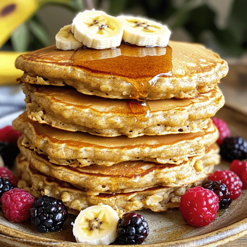 To make these tasty pancakes, gather these main ingredients: - 1 cup rolled oats - 1 ripe banana, mashed - 1 cup milk (or non-dairy milk) - 1 tablespoon honey or maple syrup - 1 teaspoon baking powder - 1/2 teaspoon cinnamon - 1/4 teaspoon salt - 1 large egg - 1 tablespoon vanilla extract These ingredients work together to create a fluffy and flavorful pancake. The oats add texture, while the banana gives a natural sweetness. You can customize your pancakes with these optional ingredients and toppings: - Sliced bananas - Fresh berries - Nut butter These toppings add color and extra flavor. You can mix and match to find your favorite combination. Banana oatmeal pancakes are not just delicious; they are also good for you. Here are some benefits: - Rolled oats: High in fiber, they help keep you full longer. - Banana: Packed with potassium, bananas support heart health. - Milk: Provides calcium, which is vital for strong bones. - Egg: A great source of protein, eggs help in muscle repair. These ingredients make this meal a healthy choice for breakfast or brunch. You can find the full recipe above to start making these pancakes today! To start, you need oat flour for these pancakes. You can make it easily. Take 1 cup of rolled oats and place them in a blender or food processor. Blend until the oats turn into a fine flour. This step is key for a smooth pancake texture. Next, let's mix the ingredients. In a large bowl, combine the oat flour, 1 teaspoon of baking powder, 1/2 teaspoon of cinnamon, and 1/4 teaspoon of salt. Whisk it all together until blended. In another bowl, mash 1 ripe banana. Add 1 cup of milk, 1 tablespoon of honey or maple syrup, 1 large egg, and 1 tablespoon of vanilla extract. Mix this until it’s smooth. Pour the wet mix into the dry mix and stir gently. Let the batter sit for 5-10 minutes. This helps the pancakes rise better. Cooking pancakes can be tricky, but I have some tips. Heat a non-stick skillet over medium heat. Lightly grease it with a bit of oil or cooking spray. Pour 1/4 cup of batter onto the skillet. Cook until bubbles form on top, about 2-3 minutes. Flip the pancake and cook for another 2 minutes until it's golden brown. Repeat with the rest of the batter. You can find the full recipe at the end of this article. Enjoy your pancakes warm with tasty toppings! To get the best texture, use rolled oats. Blend them until they are fine. This oat flour gives the pancakes a nice base. Let the batter rest for 5-10 minutes. This helps it thicken and makes the pancakes fluffier. Make sure your skillet is at medium heat. A hot skillet helps create a golden crust. One common mistake is overmixing the batter. This can make the pancakes tough. Mix just until the wet and dry ingredients blend. Another mistake is not letting the batter rest. Skipping this step can lead to thin pancakes. Lastly, don’t flip the pancakes too soon. Wait for bubbles to form on the top first. You can easily enhance the flavor of your pancakes. Add a pinch of nutmeg for warmth. Try mixing in chocolate chips for a sweet twist. You can also add chopped nuts for crunch. If you want a fruity taste, mix in blueberries or strawberries. Experiment with different spices to find your favorite! For the full recipe, check out the provided link. {{image_2}} You can easily make these pancakes gluten-free. Just use certified gluten-free oats. Blend them into flour like in the full recipe. This change keeps the taste and texture great. Plus, it allows everyone to enjoy them without worry. To make vegan banana oatmeal pancakes, swap the egg for flaxseed meal. Mix 1 tablespoon of flaxseed meal with 2.5 tablespoons of water. Let it sit for a few minutes to thicken. Use plant-based milk instead of regular milk. This makes your pancakes fluffy and tasty, just like the original. Add fun flavors to your pancakes! You can mix in chocolate chips, nuts, or dried fruits. For a tropical twist, add shredded coconut. You might even try spices like nutmeg or ginger for extra warmth. Experiment with fresh berries for a burst of flavor. These additions make each bite exciting and different. To keep your banana oatmeal pancakes fresh, store them in an airtight container. Make sure to let the pancakes cool completely before placing them in the container. This step stops moisture from building up and keeps them from getting soggy. You can store them in the fridge for up to three days. When you're ready to enjoy your leftovers, reheating is simple. You can use a microwave or a skillet. For the microwave, heat them on a plate for about 30 seconds. If you prefer a skillet, heat it on medium and warm the pancakes for about one minute on each side. This keeps them soft and tasty. Freezing banana oatmeal pancakes is easy and great for meal prep. First, let them cool. Then, place a piece of parchment paper between each pancake to prevent sticking. Store them in a freezer-safe bag or container. You can freeze them for up to two months. When you're ready to eat, just thaw them in the fridge overnight, then reheat as mentioned. Enjoy these tasty pancakes any time! For the full recipe, check out the section above. Yes, you can make banana oatmeal pancakes without eggs. Use 1/4 cup of unsweetened applesauce instead. This will help bind the ingredients together. Another option is to use a mashed flaxseed. Mix 1 tablespoon of flaxseed with 2.5 tablespoons of water. Let it sit for a few minutes until it thickens. Both options work well and keep the pancakes tasty. To make your pancakes fluffier, you can add a little extra baking powder. Use 1.5 teaspoons instead of 1 teaspoon. Also, let your batter rest for 5-10 minutes. This resting time allows the oats to absorb some moisture, making the pancakes lighter. If you like, you can also separate your egg and beat the egg white until fluffy. Fold it into the batter at the end. If you want to skip honey or maple syrup, you have other choices. You can use agave syrup or brown rice syrup as substitutes. Both will add sweetness without changing the flavor too much. For a lower-calorie option, try mashed dates or a sugar substitute like stevia. Each of these options will work well in the pancake recipe. For more details, check out the Full Recipe. Banana oatmeal pancakes are simple and healthy. We covered the best ingredients and their benefits. I shared steps to make them perfectly fluffy. You now know tips to avoid common mistakes and enhance flavors. We explored your options for gluten-free and vegan pancakes too. Finally, you learned how to store leftovers properly. Enjoy making these tasty pancakes for your next breakfast! You will love how easy and rewarding they are to prepare.